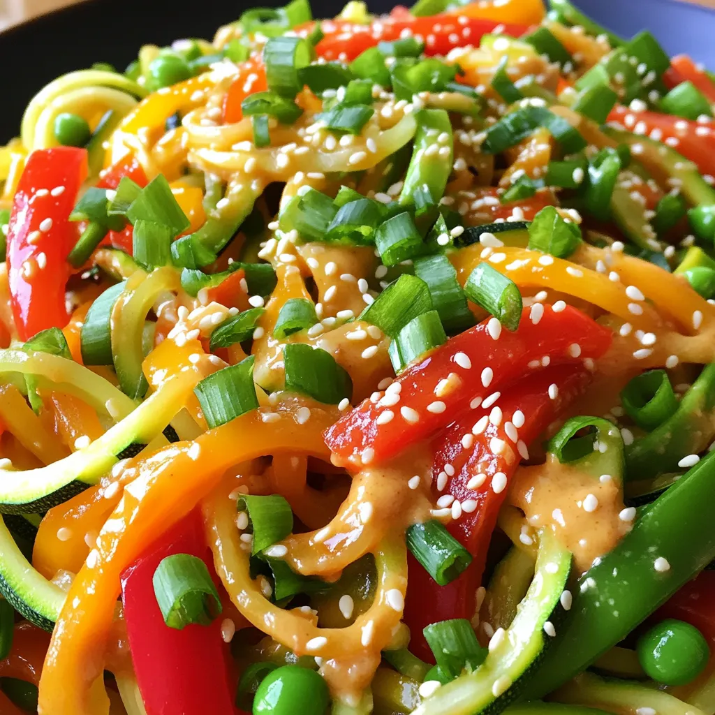 - 2 medium zucchinis - 1 cup bell peppers (red and yellow) - 1 cup snap peas - 1 tablespoon olive oil - 3 cloves garlic - 1 tablespoon ginger - ¼ cup creamy peanut butter - 2 tablespoons soy sauce - 1 tablespoon sriracha - 2 green onions - 1 tablespoon sesame seeds The ingredients for Minute Spicy Peanut Zoodle Stir-Fry are simple and fresh. You’ll need two medium zucchinis for the zoodles. Zucchini is light and healthy. Next, grab one cup of bell peppers. I like to mix red and yellow for color and flavor. One cup of snap peas adds crunch. They cook fast and taste great. From your pantry, you will need olive oil, garlic, and ginger. The olive oil helps cook the veggies. Minced garlic brings a nice aroma. Grated ginger adds warmth and spice. For the sauce, use creamy peanut butter, soy sauce, and sriracha. The peanut butter gives a rich texture. Soy sauce adds saltiness, while sriracha brings heat. You can adjust the sriracha to fit your taste. Finally, for garnishes, have two chopped green onions and one tablespoon of sesame seeds. These add a lovely finish and extra flavor to your dish. - Spiralize zucchinis into noodles. - Slice bell peppers and trim snap peas. To start, grab your spiralizer. This handy tool turns zucchinis into fun noodles. You want about two medium zucchinis for this recipe. After spiralizing, set them aside. Next, slice your bell peppers. I love using red and yellow for color. Trim the snap peas, too—they add a nice crunch. - Heat olive oil in a skillet. - Sauté garlic and ginger. - Add bell peppers and snap peas. Now, take a large skillet and heat one tablespoon of olive oil over medium-high heat. Once the oil is hot, add three minced garlic cloves and one tablespoon of grated ginger. Sauté for about 30 seconds. This step makes the kitchen smell amazing! After that, toss in the sliced bell peppers and snap peas. Stir-fry them for about 3 to 4 minutes. You want them slightly soft but still crunchy. - Incorporate zoodles and cook. - Make and add the spicy peanut sauce. - Combine everything and serve. Next, add the spiralized zoodles to your skillet. Cook them for about 2 minutes, stirring often. They should be tender but not mushy. In a small bowl, mix ¼ cup of creamy peanut butter, 2 tablespoons of soy sauce, and 1 tablespoon of sriracha. Pour this sauce over your veggies in the skillet. Give everything a good stir to coat it all in that delicious spicy peanut sauce. Cook for an extra 1 to 2 minutes until everything is hot. Finally, serve this dish topped with chopped green onions and sesame seeds! - Slicing Vegetables: Use a sharp knife for even slices. Thin slices cook faster and blend well. - Preventing Soggy Zoodles: Make sure to cook zoodles briefly. Add them last to keep them firm. - Vegan or Gluten-Free Version: Use tamari instead of soy sauce for gluten-free. Check your peanut butter for vegan options. - Adjusting Spice Levels: Start with a little sriracha. You can always add more if you like it hotter. - Protein Pairing: Add grilled chicken for extra protein. Tofu works great for a vegetarian option. - Recommended Side Dishes: Serve with a side of steamed rice or a fresh salad. I enjoy a cold drink like iced tea with it too. {{image_2}} You can make this dish even better by adding protein. Chicken, shrimp, or tofu work great here. If you like chicken, grill or pan-sear it first. Then, slice it and mix it in with the veggies. For shrimp, just add it to the skillet and cook until pink. Tofu is a nice option too. Just cube it and sauté until golden. This gives a nice crunch and flavor. If you're vegan or vegetarian, stick with tofu or add beans for extra protein. Feel free to switch up the veggies! If you don't have bell peppers, use carrots or broccoli. Both add great crunch and color. Snap peas can be swapped with green beans or asparagus. Seasonal veggies are fun too! In fall, try adding butternut squash or Brussels sprouts. In summer, add fresh corn or cherry tomatoes for a burst of flavor. The key is to keep the colors bright and flavors fresh. The sauce can change the whole dish. If you want to try something new, use almond or cashew butter instead of peanut butter. This still gives a rich, nutty flavor. You can also play with different sauces. Try teriyaki sauce for a sweet touch or hoisin for a deeper flavor. If you like it spicy, add more sriracha or some chili paste. Don't be afraid to mix and match! Store your leftover zoodle stir-fry in an airtight container. Keep it in the fridge. It stays fresh for up to three days. For best taste, eat it within two days. Store the sauce separately if you have extra. This helps keep the texture of the zoodles. Reheat your stir-fry in a skillet over low heat. This method warms the dish evenly. Stir often to prevent sticking. You can also use a microwave. Heat it in short bursts, stirring in between. This keeps the flavor and texture intact. You can freeze zoodle stir-fry, but it’s best to avoid it if possible. Zoodles tend to get mushy after freezing. If you do freeze it, use a freezer-safe container. The sauce can freeze well. Store it in a separate container for better results. You can make zoodles without a spiralizer in a few ways. A box grater works well. Just use the larger holes to shred the zucchini into thin strips. You can also use a vegetable peeler to create long, flat noodles. Simply peel the zucchini from top to bottom, rotating as you go. A knife can also help. Cut the zucchini into thin slices, then stack and slice them into strips. Yes, this recipe can be gluten-free. Just choose a gluten-free soy sauce. Many brands offer gluten-free options. You can find these in most grocery stores. Always check labels to ensure there are no hidden gluten ingredients. You can definitely prep ingredients in advance. Spiralize the zucchini and store it in an airtight container. Keep sliced bell peppers and snap peas in the fridge too. This can save you time on busy days. You can prep everything a day before. Just make sure to keep them dry to avoid sogginess. If you need a substitute for sriracha, there are many options. You can use any hot sauce you like, such as sambal oelek or chili garlic sauce. For a milder flavor, try a mix of ketchup and hot sauce. You can also make a homemade version by mixing chili paste with vinegar and sugar. Adjust the heat to match your taste. This blog post covered a tasty recipe for zoodle stir-fry. We explored fresh veggies, pantry staples, and a creamy peanut sauce. You learned step-by-step how to prep, cook, and serve this dish. I also shared tips for perfecting your stir-fry, ways to customize the sauce, and ideas for meal storage. Try this recipe to enjoy healthy, delicious meals. Remember, cooking is fun and creative, so feel free to experiment! Enjoy every bite!