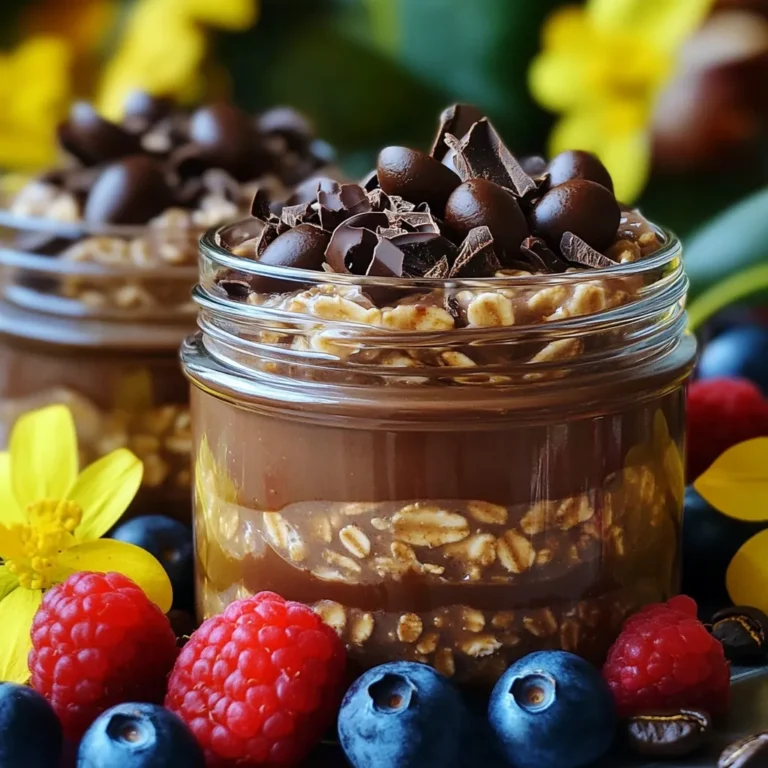 Here’s what you need for your mocha overnight oats: - 1 cup rolled oats - 1 cup almond milk (or any milk of choice) - 2 tablespoons cocoa powder - 1 tablespoon instant coffee granules - 2 tablespoons maple syrup (adjust to taste) - 1/2 teaspoon vanilla extract - Pinch of salt - 1/4 cup Greek yogurt (optional for creaminess) - Chocolate shavings or espresso beans for garnish These ingredients blend to create a rich mocha flavor. The rolled oats serve as a hearty base. Almond milk adds creaminess, while cocoa powder and coffee granules give that deep mocha taste. Maple syrup sweetens the mix, and vanilla extract enhances the flavor. The pinch of salt balances the sweetness. Greek yogurt is optional but offers extra creaminess. Finally, chocolate shavings or espresso beans make for a beautiful garnish. You can play around with these ingredients to fit your taste! 1. In a large mixing bowl, combine: - 1 cup rolled oats - 2 tablespoons cocoa powder - 1 tablespoon instant coffee granules - 2 tablespoons maple syrup - 1/2 teaspoon vanilla extract - Pinch of salt Stir until all dry ingredients mix well. 2. Gradually pour in: - 1 cup almond milk Stir continuously to avoid clumps. If you want creaminess, fold in: - 1/4 cup Greek yogurt 3. Once mixed, divide the mixture into two jars or airtight containers. Seal the containers tightly. Place them in the refrigerator and let them soak overnight. Leave them for at least 6 hours. This step helps the oats absorb the liquid and flavors, making them soft and tasty. In the morning, stir the oats well before serving. If they seem thick, add a splash of almond milk to reach your desired consistency. Top each serving with chocolate shavings or a few espresso beans. These toppings give an added touch of indulgence and flavor. Enjoy your mocha overnight oats! You can change your mocha overnight oats to fit your taste. If you want it sweeter, add more maple syrup. This gives a rich flavor that many enjoy. For a creamier texture, mix in Greek yogurt. It makes your oats smooth and delicious. Making these oats in advance saves time. You can prepare multiple servings for meal prep. This way, you have breakfast ready for a few days. Store the oats in airtight containers to keep them fresh. This helps prevent them from drying out. Presentation matters when serving food. Use transparent jars to show off the layers of your oats. It looks pretty and makes your dish more inviting. Top your oats with fresh berries for a pop of color. This not only adds beauty but also gives a burst of flavor. {{image_2}} You can mix up your mocha overnight oats in fun ways. One tasty option is Mocha Mint. Just add a few drops of peppermint extract to your mix. This gives your oats a fresh twist. Another great choice is the Nutty Mocha. Add a scoop of almond butter. This makes your oats creamy and adds a lovely nutty taste. If you follow a vegan diet, you can still enjoy these oats. Just use plant-based yogurt instead of Greek yogurt. This keeps the creaminess while fitting your diet. For those with gluten sensitivities, swap regular oats for gluten-free oats. You can still enjoy a hearty breakfast without worry. Toppings can really enhance your mocha overnight oats. Try adding fresh fruits like berries or banana slices for a sweet crunch. Nuts like almonds or walnuts also add a nice texture. If you want to indulge, drizzle some chocolate sauce on top. This makes your breakfast feel like dessert! To keep your mocha overnight oats fresh, store them in airtight containers. This helps lock in flavors and prevents spoilage. You can enjoy them for 3-5 days in the fridge. After that, they may lose their taste and texture. If you make extra servings, you can freeze your oats. They can stay good for up to 1 month. Just remember to thaw them in the refrigerator before serving. This way, they will regain their creamy texture and delicious taste. Overnight oats are a no-cook way to prepare oatmeal. You mix oats with liquid and let them sit overnight. The oats absorb the liquid, making them soft and ready to eat. This method saves time in the morning. You can also pack them with nutrients. They make a healthy breakfast option. Yes, you can use many kinds of milk. Almond milk gives a nutty taste. Cow's milk adds creaminess. Soy milk is a good choice for protein. Coconut milk adds a tropical flavor. Each type of milk changes the taste slightly, so pick what you like best. To boost protein, add Greek yogurt or protein powder. Greek yogurt makes the oats creamier and adds protein. You can also stir in nut butter or seeds for extra protein. These options help keep you full longer and make your meal more balanced. In this blog post, we explored how to make delicious overnight oats. We covered the simple ingredients and step-by-step instructions to prepare them. You learned tips for customizing flavors and making them ahead of time. We also discussed storage options to keep your oats fresh. Overall, overnight oats are a versatile and healthy choice. Enjoy experimenting with different flavors and toppings to make them your own. You’ll love how quick and easy they are for breakfast!