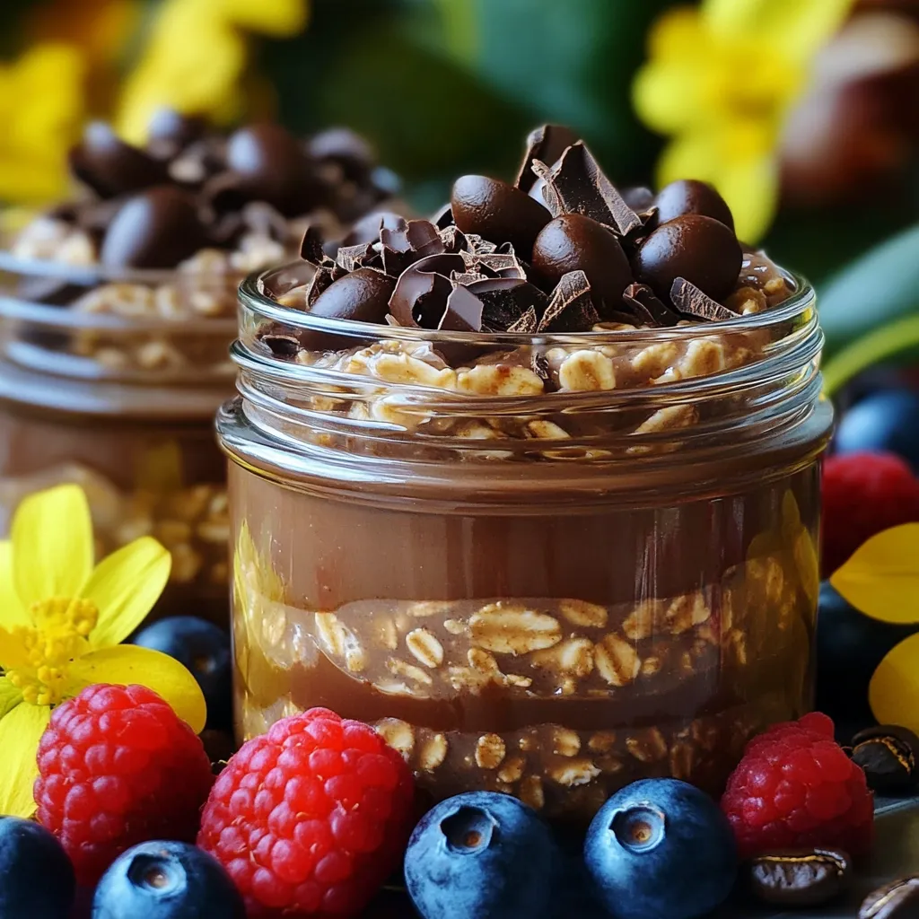 Here’s what you need for your mocha overnight oats: - 1 cup rolled oats - 1 cup almond milk (or any milk of choice) - 2 tablespoons cocoa powder - 1 tablespoon instant coffee granules - 2 tablespoons maple syrup (adjust to taste) - 1/2 teaspoon vanilla extract - Pinch of salt - 1/4 cup Greek yogurt (optional for creaminess) - Chocolate shavings or espresso beans for garnish These ingredients blend to create a rich mocha flavor. The rolled oats serve as a hearty base. Almond milk adds creaminess, while cocoa powder and coffee granules give that deep mocha taste. Maple syrup sweetens the mix, and vanilla extract enhances the flavor. The pinch of salt balances the sweetness. Greek yogurt is optional but offers extra creaminess. Finally, chocolate shavings or espresso beans make for a beautiful garnish. You can play around with these ingredients to fit your taste! 1. In a large mixing bowl, combine: - 1 cup rolled oats - 2 tablespoons cocoa powder - 1 tablespoon instant coffee granules - 2 tablespoons maple syrup - 1/2 teaspoon vanilla extract - Pinch of salt Stir until all dry ingredients mix well. 2. Gradually pour in: - 1 cup almond milk Stir continuously to avoid clumps. If you want creaminess, fold in: - 1/4 cup Greek yogurt 3. Once mixed, divide the mixture into two jars or airtight containers. Seal the containers tightly. Place them in the refrigerator and let them soak overnight. Leave them for at least 6 hours. This step helps the oats absorb the liquid and flavors, making them soft and tasty. In the morning, stir the oats well before serving. If they seem thick, add a splash of almond milk to reach your desired consistency. Top each serving with chocolate shavings or a few espresso beans. These toppings give an added touch of indulgence and flavor. Enjoy your mocha overnight oats! You can change your mocha overnight oats to fit your taste. If you want it sweeter, add more maple syrup. This gives a rich flavor that many enjoy. For a creamier texture, mix in Greek yogurt. It makes your oats smooth and delicious. Making these oats in advance saves time. You can prepare multiple servings for meal prep. This way, you have breakfast ready for a few days. Store the oats in airtight containers to keep them fresh. This helps prevent them from drying out. Presentation matters when serving food. Use transparent jars to show off the layers of your oats. It looks pretty and makes your dish more inviting. Top your oats with fresh berries for a pop of color. This not only adds beauty but also gives a burst of flavor. {{image_2}} You can mix up your mocha overnight oats in fun ways. One tasty option is Mocha Mint. Just add a few drops of peppermint extract to your mix. This gives your oats a fresh twist. Another great choice is the Nutty Mocha. Add a scoop of almond butter. This makes your oats creamy and adds a lovely nutty taste. If you follow a vegan diet, you can still enjoy these oats. Just use plant-based yogurt instead of Greek yogurt. This keeps the creaminess while fitting your diet. For those with gluten sensitivities, swap regular oats for gluten-free oats. You can still enjoy a hearty breakfast without worry. Toppings can really enhance your mocha overnight oats. Try adding fresh fruits like berries or banana slices for a sweet crunch. Nuts like almonds or walnuts also add a nice texture. If you want to indulge, drizzle some chocolate sauce on top. This makes your breakfast feel like dessert! To keep your mocha overnight oats fresh, store them in airtight containers. This helps lock in flavors and prevents spoilage. You can enjoy them for 3-5 days in the fridge. After that, they may lose their taste and texture. If you make extra servings, you can freeze your oats. They can stay good for up to 1 month. Just remember to thaw them in the refrigerator before serving. This way, they will regain their creamy texture and delicious taste. Overnight oats are a no-cook way to prepare oatmeal. You mix oats with liquid and let them sit overnight. The oats absorb the liquid, making them soft and ready to eat. This method saves time in the morning. You can also pack them with nutrients. They make a healthy breakfast option. Yes, you can use many kinds of milk. Almond milk gives a nutty taste. Cow's milk adds creaminess. Soy milk is a good choice for protein. Coconut milk adds a tropical flavor. Each type of milk changes the taste slightly, so pick what you like best. To boost protein, add Greek yogurt or protein powder. Greek yogurt makes the oats creamier and adds protein. You can also stir in nut butter or seeds for extra protein. These options help keep you full longer and make your meal more balanced. In this blog post, we explored how to make delicious overnight oats. We covered the simple ingredients and step-by-step instructions to prepare them. You learned tips for customizing flavors and making them ahead of time. We also discussed storage options to keep your oats fresh. Overall, overnight oats are a versatile and healthy choice. Enjoy experimenting with different flavors and toppings to make them your own. You’ll love how quick and easy they are for breakfast!