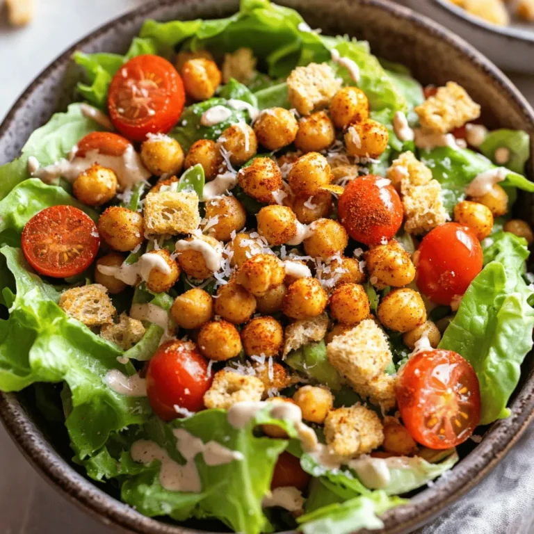 To make a tasty Air Fryer Crispy Chickpea Caesar Salad, gather these ingredients: - 1 can (15 oz) chickpeas, rinsed and drained - 1 tablespoon olive oil - 1 teaspoon garlic powder - 1 teaspoon smoked paprika - Salt and pepper to taste - 4 cups romaine lettuce, chopped - ½ cup cherry tomatoes, halved - ¼ cup parmesan cheese, grated - ½ cup Caesar dressing - Croutons (optional) These ingredients work well together. The chickpeas add protein and crunch. The olive oil helps the spices stick to the chickpeas. Garlic powder and smoked paprika give a warm, rich flavor. Romaine lettuce serves as the perfect base. Cherry tomatoes add a fresh bite. Parmesan cheese gives a tangy touch, while Caesar dressing brings it all together. Lastly, croutons add extra crunch, but they are optional. This salad is easy to make and full of flavor. You can adjust the ingredients to fit your taste. For example, use more tomatoes if you like them. Enjoy crafting this delightful dish! - Preheat the air fryer to 400°F (200°C). - In a bowl, toss the drained chickpeas with: - 1 tablespoon olive oil - 1 teaspoon garlic powder - 1 teaspoon smoked paprika - Salt and pepper to taste - Place the seasoned chickpeas in the air fryer basket. Air fry for about 15 minutes, shaking the basket halfway through. The chickpeas should turn golden and crispy. - While the chickpeas are cooking, prepare the salad base. In a large bowl, combine: - 4 cups chopped romaine lettuce - ½ cup halved cherry tomatoes - ¼ cup grated parmesan cheese - Once the chickpeas are done, let them cool for a few minutes. Add them to the salad and toss everything gently. - Drizzle your desired amount of Caesar dressing over the salad. - If you like, add croutons for extra crunch. - Serve immediately for the best taste and texture! To get really crispy chickpeas, shake the basket in the air fryer halfway through cooking. This helps them cook evenly. If you overcrowd the basket, some chickpeas will remain soft. Cook them in a single layer for the best crunch. You can make a quick homemade Caesar dressing. Just mix ½ cup mayonnaise, 2 tablespoons lemon juice, 1 teaspoon Worcestershire sauce, and 1 clove minced garlic. Blend until smooth. Store any leftover dressing in a sealed jar in the fridge for up to a week. Want to boost flavor? Try adding some cayenne pepper for heat or a sprinkle of Italian herbs. You can swap the parmesan cheese for feta or even nutritional yeast for a vegan twist. Each choice adds its own delicious taste, so feel free to experiment! {{image_2}} You can add grilled chicken or shrimp to this salad. These proteins make the dish more filling. Simply grill your choice of protein and slice it before adding. For a vegetarian twist, try adding tofu or tempeh. Both options soak up flavors well and add a nice texture. If you want to mix things up, use kale or spinach instead of romaine. Both greens bring their own taste to the salad. You can also add other veggies like cucumber or bell peppers. These veggies add crunch and color, making your salad pop. Feel free to switch up the dressing. You can use other types of store-bought dressings like ranch or balsamic vinaigrette. Want to get creative? Try making your own dressing with yogurt, lemon juice, and herbs. This way, you can customize flavors to match your style. To keep your salad fresh, use an airtight container. Glass or plastic containers work well. Store the salad in the fridge. It stays good for about 2 days. After that, the lettuce may wilt. If you have leftover chickpeas, store them in a separate container. This keeps them crunchy. They stay fresh for about 3 days. To reheat, use the air fryer again. Heat at 400°F for about 5 minutes. This brings back the crispiness. Enjoy your salad’s crunch with every bite! To make crispy chickpeas, rinse and drain one can of chickpeas. Toss them in a bowl with one tablespoon of olive oil, one teaspoon of garlic powder, one teaspoon of smoked paprika, salt, and pepper. Mix well until they are coated. Place the chickpeas in the air fryer basket in a single layer. Air fry them at 400°F (200°C) for about 15 minutes. Shake the basket halfway through to ensure even cooking. They should turn golden and crunchy. Yes, you can use canned chickpeas. They save time and are very convenient. Just make sure to rinse and drain them well before using. This step removes excess sodium and makes them crispier when cooked. You can find many healthy Caesar dressing options. Look for dressings made with yogurt instead of mayonnaise. You can also make your own by mixing Greek yogurt, garlic, lemon juice, and parmesan cheese. This adds flavor without too many calories. Absolutely! You can customize this salad to your taste. Add other veggies like cucumbers, bell peppers, or even avocado. You can also swap out the romaine for spinach or kale. Let your creativity shine by trying different ingredients. To add more protein, include grilled chicken, shrimp, or tofu. You can also sprinkle some chickpeas on top for extra crunch. Another option is to add hard-boiled eggs. They make the salad more filling and nutritious. This salad is simple yet packed with flavor. You learned how to prepare crispy chickpeas and toss them into a fresh salad. We covered important tips for perfect texture and flavor. You can customize ingredients and dressings to suit your taste. Remember, storing leftovers properly keeps your meal fresh. Enjoy trying these variations and making it your own. Dive in and savor each bite.