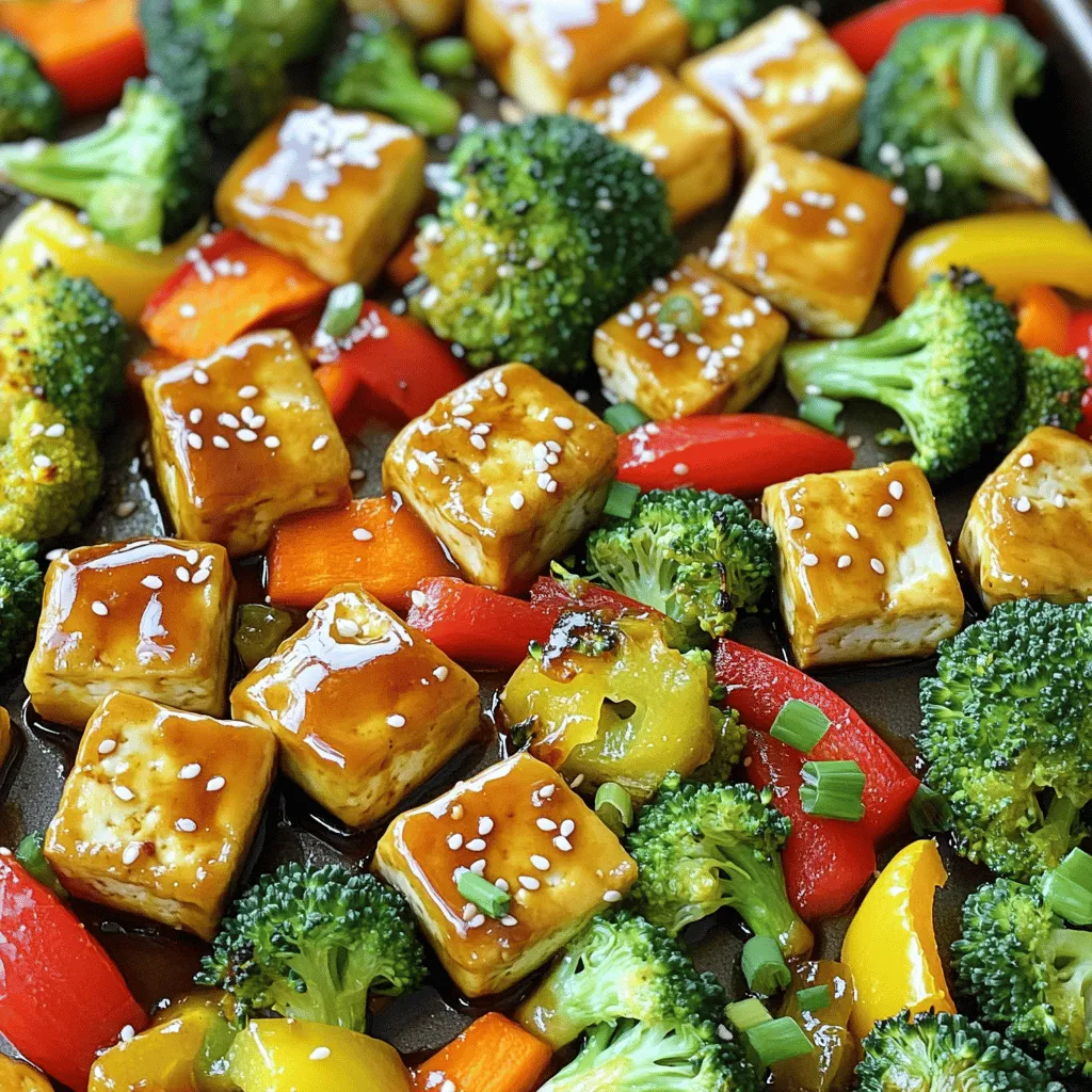 - 1 block (14 oz) firm tofu, drained and pressed - 1 cup broccoli florets - 1 red bell pepper, sliced - 1 yellow bell pepper, sliced - 1 carrot, thinly sliced - 2 tablespoons olive oil - 1/4 cup low-sodium soy sauce - 3 tablespoons honey or maple syrup - 1 tablespoon grated fresh ginger - 2 cloves garlic, minced - 1 teaspoon sesame oil - 1 tablespoon cornstarch - 1 tablespoon sesame seeds (for garnish) - Green onions, chopped (for garnish) You can swap tofu for tempeh or chickpeas. Both give great texture. For the veggies, use snap peas or zucchini instead of bell peppers. You can also try cauliflower instead of broccoli. If you need a low-sugar option, replace honey with agave syrup. For soy sauce, use coconut aminos for a soy-free choice. Fresh produce brings bright flavors and vibrant colors. It is often packed with nutrients and fiber, making meals healthier. Using fresh veggies helps you feel full while eating fewer calories. Plus, fresh food tastes better! When you use seasonal produce, you support local farmers and reduce your carbon footprint. Eating fresh helps you connect with your food and makes cooking more enjoyable. To start, preheat your oven to 400°F (200°C). Line a large baking sheet with parchment paper. Take your block of firm tofu and drain it. Press the tofu to remove excess water. This step helps the tofu absorb the flavor. Next, cut the tofu into bite-sized cubes. In a mixing bowl, add the cubed tofu. Then, pour in the olive oil, soy sauce, honey or maple syrup, ginger, garlic, and sesame oil. Toss everything well. Make sure the tofu is coated evenly. This will enhance the taste as it cooks. While the tofu marinates, chop your vegetables. Use a cup of broccoli florets, one sliced red bell pepper, one sliced yellow bell pepper, and a thinly sliced carrot. Arrange the vegetables on the other half of the baking sheet. Drizzle them with a bit of olive oil. Add a sprinkle of salt and pepper for flavor. This simple step brings out the natural sweetness of the veggies. Now, it’s time to bake! Place the baking sheet in your preheated oven. Bake for 25 to 30 minutes. Make sure to flip the tofu and veggies halfway through. This ensures everything cooks evenly. When the timer goes off, check for a golden and slightly crispy look. Once done, take it out of the oven and sprinkle sesame seeds on top. Serve it hot and garnish with chopped green onions. This adds a nice touch and extra flavor. Tofu can be tricky, but I have simple tips. First, always use firm tofu. This helps it hold shape when cooking. Press the tofu well before cutting. This removes excess water, allowing better flavor absorption. Cut the tofu into equal-sized cubes. This ensures they cook evenly. When seasoning, toss the tofu with oil and cornstarch. This creates a crispy exterior when baking. For perfect veggies, cut them into similar sizes. This helps them cook at the same rate. Broccoli florets should be small, while bell peppers can be sliced thin. The carrot should be cut into thin rounds. This way, all the veggies roast beautifully. Drizzle them lightly with olive oil. A pinch of salt and pepper will enhance their flavor. Remember to flip them halfway through cooking. This ensures even roasting and great texture. This recipe shines for meal prep. You can make a big batch and store leftovers. Divide the tofu and veggies into containers. They keep well in the fridge for up to four days. When ready to eat, just reheat in the microwave or oven. You can also mix in cooked rice or quinoa for a full meal. Feel free to add different sauces or toppings for variety. This keeps your meals exciting all week! {{image_2}} You can make this dish fully vegan. Just use maple syrup instead of honey. It adds sweetness without any animal products. Make sure your soy sauce is vegan too. This way, everyone can enjoy this tasty meal! Feel free to mix in your favorite veggies. Snap peas or mushrooms work great. You can also add zucchini or sweet potatoes. Just cut them into even pieces. This keeps cooking time the same. More colors on your plate make it look fun! If you like heat, add some red pepper flakes. You can also use sriracha or chili paste. Start with a small amount and taste. You can always add more, but you can't take it out! Adjust it to your liking for a fun kick. After you make your sheet pan teriyaki tofu and veggies, let it cool. Use an airtight container to keep it fresh. Store it in the fridge for up to four days. If you want to keep it longer, consider freezing it. To reheat, take the tofu and veggies out of the fridge. Place them on a baking sheet and preheat your oven to 350°F (175°C). Heat for about 15-20 minutes until warm. You can also use a microwave. Heat in short bursts, stirring in between, until hot. To freeze, place the cooled tofu and veggies in a freezer-safe bag. Squeeze out any air before sealing. This helps prevent freezer burn. It can stay frozen for up to three months. When you’re ready to eat, thaw it in the fridge overnight and reheat as needed. Yes, you can. Firm tofu is best for this dish. It holds its shape well during cooking. If you prefer softer tofu, use silken tofu. Just be careful when mixing it. It might break apart easily. You can use agave syrup or brown sugar as a substitute. Both add sweetness and flavor. If you want a sugar-free option, try using stevia or monk fruit sweetener. Adjust the amount to taste, as these sweeteners can be much sweeter than honey or maple syrup. To make this dish gluten-free, use gluten-free soy sauce. Look for tamari, which is a great alternative. Ensure all other ingredients are gluten-free too, like the cornstarch. This way, you can enjoy the same great flavors without gluten. This blog covered how to make a tasty dish using fresh ingredients. You learned about key ingredients, substitutions, and benefits of fresh produce. I shared step-by-step instructions for prepping tofu and roasting veggies. You also got helpful tips for perfecting textures and making this dish meal prep-friendly. Lastly, we discussed variations and proper storage techniques. Fresh ingredients make meals better, and you can always adjust recipes to fit your needs. Get cooking and enjoy this delicious, easy meal!