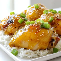 - 4 bone-in chicken thighs, skin removed - 1/2 cup honey - 1/4 cup soy sauce (low sodium) The main ingredients are simple but essential. The chicken thighs give a rich flavor. Honey adds sweetness, and soy sauce brings a savory touch. - 4 cloves garlic, minced - 1 tablespoon fresh ginger, grated Garlic and ginger are the stars of this dish. Minced garlic brings aroma, while fresh ginger adds a zing. They work together to create depth in flavor. - 1 teaspoon sesame oil - 1/2 teaspoon black pepper - 1/4 teaspoon chili flakes (optional for heat) Sesame oil adds a nutty taste. Black pepper gives warmth, and chili flakes can bring heat if you like it spicy. These seasonings balance the sweetness of honey. To make the sauce, start by mixing the ingredients in a bowl. You need: - 1/2 cup honey - 1/4 cup low sodium soy sauce - 4 cloves garlic, minced - 1 tablespoon fresh ginger, grated - 1 teaspoon sesame oil - 1/2 teaspoon black pepper - 1/4 teaspoon chili flakes (optional) Stir these together until they blend well. The sauce will be sweet and savory, perfect for the chicken. Next, place the chicken thighs in the bottom of the slow cooker. Use four bone-in thighs, skin removed. Make sure they lay flat and do not overlap. This helps them cook evenly and soak up all the flavors. After arranging the chicken, pour the honey garlic sauce over the thighs. Cover the slow cooker with its lid. You can cook on low for 6 hours or high for 3 to 4 hours. The chicken should become tender and cooked through. Once cooked, mix 2 tablespoons of cornstarch with 2 tablespoons of water in a small bowl. Stir until smooth. Add this mixture to the sauce in the slow cooker. Switch to high heat and cover again. Cook for an extra 15 to 20 minutes until the sauce thickens. When ready, carefully take the chicken out and place it on a serving platter. Drizzle the thickened sauce over the chicken. For a pop of color, top with sliced green onions and a sprinkle of sesame seeds. Enjoy your meal! To make your honey garlic sauce shine, focus on thickeners and flavor enhancers. Cornstarch is your best friend here. Mix it with cold water to avoid lumps. After cooking, stir this mixture into the sauce. Cook it on high for 15 to 20 minutes. This will give your sauce a nice, thick texture. You can also add a splash of rice vinegar for a tangy twist. This will brighten the flavor and balance the sweetness of the honey. For juicy, tender chicken, use bone-in thighs. They stay moist during cooking. Trim the skin for less fat but keep the bones. This adds flavor. Make sure to coat the chicken well with the sauce. You want every inch covered. Cooking on low for six hours is ideal. This slow method breaks down the meat, making it fork-tender. If you’re short on time, high heat for three to four hours works too. Presentation is key to a great meal. Serve the chicken on a bed of steamed rice or alongside roasted veggies. Drizzle the thickened sauce over the top for added flavor. For a pop of color, garnish with sliced green onions and sesame seeds. This not only looks great but adds a nice crunch. You can also use a sprinkle of chili flakes for heat. The bright colors and textures will make your dish stand out! {{image_2}} You can switch up the flavors in your honey garlic chicken. Here are some easy swaps: - Sweeteners: If you want a lower-calorie option, use agave syrup or maple syrup instead of honey. Both work well and add a nice taste. - Soy Sauce: Use coconut aminos for a gluten-free option. It has a similar flavor and works great in this dish. These changes can give your dish a new twist while keeping the essence of the recipe. Adding more to your slow cooker can make it heartier. Here are ideas for extras: - Vegetables: Toss in chopped carrots, bell peppers, or broccoli. They soak up the sauce and add nutrition. - Sides: Serve the chicken over rice or with quinoa. This adds texture and makes it a full meal. Feel free to get creative with what you have on hand. Want to heat things up? You can easily adjust the spice level. - Chili Flakes: The recipe includes 1/4 teaspoon of chili flakes. Add more if you like extra heat. Start with a small amount and taste. - Hot Sauce: Drizzle some hot sauce into the sauce mix for a spicy kick. Customize your chicken to fit your taste. Enjoy experimenting! Store leftover Slow Cooker Honey Garlic Chicken Thighs in an airtight container. Make sure they cool down first. Place them in the fridge within two hours of cooking. Enjoy them within three to four days for the best taste. To freeze, place cooled chicken thighs in a freezer-safe bag. Remove as much air as possible before sealing. You can also freeze the sauce separately. When ready to eat, thaw in the fridge overnight. Reheat in a slow cooker or microwave until hot. The chicken stays fresh in the fridge for about four days. If frozen, it can last up to three months. Check for any off smells or discoloration before using. If it looks or smells strange, it’s best to throw it away. You can serve this dish with many sides. Here are some tasty ideas: - Steamed rice - Roasted vegetables - Mashed potatoes - Quinoa - Salad with a light dressing These sides blend well with the sweet and savory flavors. Choose one or mix a few for a great meal! Yes, you can use boneless chicken thighs. They cook faster than bone-in thighs. Here are some tips: - Reduce the cooking time to about 4 hours on low or 2-3 hours on high. - Check for doneness to avoid overcooking. - Boneless thighs might be juicier, so keep an eye on the sauce. This swap makes it easier if you prefer less prep work! To serve more people, you can scale the ingredients. Here’s how: - Double or triple the chicken and sauce ingredients. - Keep the slow cooker size in mind; don’t overfill it. - Adjust cooking time slightly if you add more chicken, but check for doneness. This way, everyone can enjoy the delicious honey garlic chicken! In this post, we explored how to make Slow Cooker Honey Garlic Chicken Thighs. We discussed essential ingredients like chicken, honey, and soy sauce. I shared step-by-step instructions to prepare and cook the dish. You learned tips to enhance sauce flavor and keep the chicken juicy. I also covered variations, storage, and FAQs to help you succeed. Try this recipe for a tasty meal. With simple steps and tips, you'll impress everyone. Enjoy your cooking adventure!