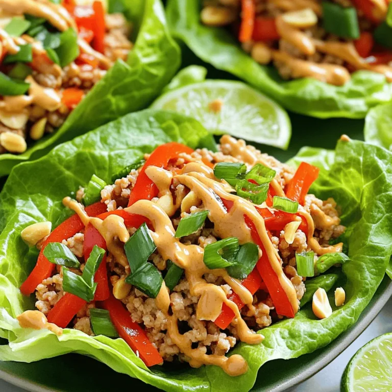 - 1 lb ground chicken - 1 tablespoon vegetable oil - 3 cloves garlic, minced - 1 inch fresh ginger, grated - 1 bell pepper, finely chopped (red or yellow) - 1 cup carrots, grated - ¼ cup green onions, chopped - 1 cup chopped peanuts (or cashews) - 1 tablespoon soy sauce (or tamari for gluten-free) - 2 tablespoons peanut butter - 1 tablespoon honey (or maple syrup) - 1 tablespoon lime juice - 1 teaspoon sesame oil - Salt and pepper to taste - 1 head of Bibb or Romaine lettuce, leaves separated Gather these ingredients before you start. The ground chicken gives the wraps a nice base. You can use either red or yellow bell pepper for a pop of color. Grated carrots add sweetness and crunch. Don’t forget the garlic and ginger; they pack a flavor punch. The sauce mixes peanut butter with soy sauce and honey for a sweet and salty taste. Use fresh lime juice for zing. Lastly, Bibb or Romaine lettuce holds everything together. Enjoy the process of picking fresh ingredients; it's key to great flavor! Sautéing Garlic and Ginger Start by heating vegetable oil in a large skillet over medium heat. Add minced garlic and grated ginger. Sauté for about one minute. You want it fragrant but not burnt. Browning the Chicken Next, add the ground chicken to the skillet. Use a wooden spoon to break it apart. Cook until the chicken is brown and no longer pink. This should take about five to seven minutes. Adding Vegetables Now, stir in the chopped bell pepper and grated carrots. Cook for an additional three to four minutes. The veggies should be tender but still crisp. Whisking Ingredients Together In a small bowl, whisk together soy sauce, peanut butter, honey, lime juice, and sesame oil. Mix until smooth and well-combined. This sauce adds a rich flavor to the dish. Combining Sauce with Chicken Mixture Pour the peanut sauce over the cooked chicken mixture. Stir until everything is evenly coated. Season with salt and pepper to taste. Spoon Filling into Lettuce To serve, take a lettuce leaf and spoon a generous amount of the chicken mixture into it. This is your filling. Wrapping Technique Now, wrap the leaf around the filling like a taco. Hold it together with your hands. Enjoy these wraps fresh for the best taste! - Achieving Perfectly Cooked Chicken To cook chicken well, use medium heat. This helps it brown nicely without burning. Break the chicken apart with a wooden spoon as it cooks. Make sure it turns a nice golden color. Cook for about 5 to 7 minutes until it’s no longer pink. - Enhancing Flavor with Additional Seasonings To boost flavor, add a pinch of salt and pepper during cooking. Fresh herbs like basil or cilantro can make a big difference. You can also mix in a dash of chili flakes for heat. If you like tang, squeeze in more lime juice before serving. - Presentation Tips for Lettuce Wraps For a beautiful display, arrange the filled lettuce wraps on a big platter. Drizzle a bit of extra peanut sauce on top for color. Add some chopped peanuts and lime wedges around the wraps. This makes the dish look fresh and inviting. - Recommended Sides to Accompany Dish Serve your wraps with a side of jasmine rice or a light salad. You might also enjoy a bowl of fresh fruit. Mango or pineapple adds sweetness that pairs well. For extra crunch, add cucumber slices or carrot sticks on the side. {{image_2}} If you want to switch up the protein, ground turkey works great. It has a similar texture and flavor. Just follow the same steps. You can also try using a plant-based ground meat. This option is perfect for a vegetarian meal. Look for brands that mimic the taste of meat. You can adjust the spice level to fit your taste. Add some red pepper flakes for heat. If you prefer less spice, skip the flakes. You can also swap nuts in the recipe. Use cashews instead of peanuts for a different crunch. Almonds can also be a tasty choice. To store leftover Thai peanut chicken lettuce wraps, follow these steps: - Wrapped Lettuce: Place any filled lettuce wraps in an airtight container. Line the container with paper towels to absorb moisture. This keeps the lettuce crisp. - Separated Filling: If you have leftover filling, store it in a separate container. This helps keep the lettuce fresh longer. For best results, eat leftovers within two days. Choose the right containers to keep your food fresh: - Airtight Containers: Use glass or plastic containers with tight lids. They prevent air from getting in and causing spoilage. - Bento Boxes: These work well for separating the chicken mixture from the lettuce. To reheat the chicken mixture, follow these methods: - Stovetop Method: Place the chicken mixture in a skillet over medium heat. Stir it often until it warms up completely. This usually takes about 5 minutes. - Microwave Method: Put the chicken in a microwave-safe bowl. Cover it loosely with a lid or microwave-safe wrap. Heat on medium power for 1-2 minutes, stirring halfway through. For the best taste, avoid reheating the lettuce. Enjoy your wraps fresh! Yes, you can prepare the chicken mixture ahead. Cook it and let it cool. Store it in the fridge in an airtight container. When you're ready to eat, just reheat it gently. Assemble the wraps with fresh lettuce just before serving for the best taste. You can try different sauces like teriyaki or sweet chili sauce. For a spicy kick, add sriracha or chili sauce. Mix and match to find what you love best! Yes, but make sure to use tamari instead of soy sauce. Tamari is a gluten-free alternative. Always check the labels to confirm there are no hidden gluten ingredients. Absolutely! Let the chicken mixture cool completely. Place it in a freezer-safe container. It can last in the freezer for up to three months. Thaw it in the fridge overnight before reheating. Enjoy your wraps anytime! In this blog post, we explored making delicious lettuce wraps with ground chicken. We covered all the key ingredients, from fresh veggies to tasty sauces. You learned the step-by-step process, tips for perfect cooking, and ways to customize your wraps. Remember, you can always adapt flavors and protein choices to fit your taste. Keep leftovers fresh and know how to reheat them properly. Enjoy making and sharing these tasty wraps with friends and family.