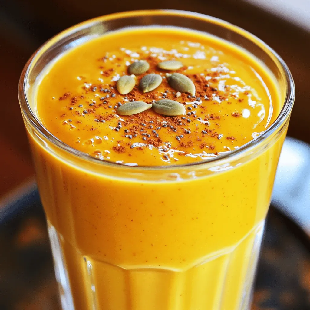 - 1 cup canned pumpkin puree - 1 banana, frozen - 1 cup almond milk (or any milk of choice) - 2 tablespoons almond butter - 1 tablespoon honey or maple syrup (to taste) - 1 teaspoon pumpkin pie spice - 1/2 teaspoon vanilla extract - 1/4 cup rolled oats (optional for extra energy) - A pinch of salt - Ice cubes (optional, for a colder smoothie) The ingredients for the Pumpkin Spice Energy Smoothie are simple and wholesome. First, you need canned pumpkin puree. This is the star of the smoothie. It gives a rich flavor and vibrant color. Canned pumpkin is cooked and pureed, making it easy to use. Next, grab a frozen banana. A frozen banana adds a creamy texture. It also sweetens the smoothie naturally. For the liquid, use almond milk or any milk you prefer. Almond milk is light and works well with the pumpkin flavor. Almond butter adds healthy fats and protein. It enhances the richness of the smoothie. You can sweeten it with honey or maple syrup. Add it to your taste. Pumpkin pie spice brings warmth and autumn flavors. It has cinnamon, nutmeg, and ginger. Vanilla extract adds depth to the taste. It blends beautifully with the other flavors. If you want extra energy, add rolled oats. They make the smoothie more filling. A pinch of salt helps to balance the flavors. Lastly, ice cubes are optional. They make the smoothie colder and refreshing. With these ingredients, you can create a tasty and nutritious blend. - Start by blending the base ingredients. Add 1 cup of canned pumpkin puree, 1 frozen banana, and 1 cup of almond milk into a high-speed blender. - Next, add flavor and nutrition boosters. Include 2 tablespoons of almond butter, 1 tablespoon of honey or maple syrup, 1 teaspoon of pumpkin pie spice, and 1/2 teaspoon of vanilla extract. If you want an energy boost, add 1/4 cup of rolled oats and a pinch of salt. - Blend until smooth and creamy. Blend on high for about 30 seconds. If you prefer a colder smoothie, toss in a handful of ice cubes and blend again until well mixed. - Adjust sweetness if needed. Taste the smoothie and add more honey or maple syrup if you like it sweeter. - Pour the smoothie into a glass or bowl. - For garnish ideas, sprinkle some pumpkin pie spice on top or add a few pumpkin seeds for texture. Serve it in clear glasses to show off that vibrant orange color. You can also top it with whipped coconut cream or a sprinkle of cinnamon for an appealing finish. To make your Pumpkin Spice Energy Smoothie creamy, frozen bananas are key. They add a thick, rich texture without extra cream. When you blend a frozen banana, it turns silky smooth. This helps create a delightful drink that feels like a treat. Almond butter also plays a big role. It adds creaminess and a nutty flavor. Plus, it gives you healthy fats that help keep you full. Just two tablespoons add so much goodness. You can also swap almond butter for peanut or sun butter if you prefer. You can adjust the sweetness of your smoothie based on your taste. Start with one tablespoon of honey or maple syrup. After blending, taste it. If you want it sweeter, add a little more. Natural sweeteners let you control the flavor without being too sugary. You can also try different types of milk. Almond milk gives a nice, light flavor. If you want something creamier, try coconut or oat milk. Each type of milk changes the taste. Feel free to experiment and find your favorite! {{image_2}} You can boost your pumpkin spice energy smoothie with some healthy add-ins. - Adding protein powder: Mix in a scoop of protein powder. This makes your smoothie more filling and adds extra protein for your day. Look for options like whey or plant-based protein. - Incorporating spinach or kale: Try tossing in a handful of spinach or kale. These greens add vitamins without changing the taste. You won't even notice they're there! If you follow a specific diet, you can still enjoy this smoothie. - Vegan options: Use maple syrup instead of honey. Swap almond milk for any plant-based milk like oat or soy. These simple changes keep your smoothie vegan-friendly. - Nut-free alternatives: Replace almond butter with sunflower seed butter. This makes the smoothie nut-free. You can also skip any nut milk and use rice or oat milk instead. These variations keep your drink tasty while meeting your dietary needs! To keep your Pumpkin Spice Energy Smoothie fresh, store it in the fridge. Use a glass jar or any airtight container. This way, it can last for up to 24 hours. If you want to save it longer, you can freeze the smoothie. Pour it into ice cube trays or freezer bags. This will help you use it later in a quick smoothie. If you have leftover smoothie, give it a quick re-blend. This helps mix any separation that may happen. For the best taste and texture, always use airtight containers. This keeps air out and helps preserve flavor. What is pumpkin spice? Pumpkin spice is a mix of warm spices. It usually has cinnamon, nutmeg, and ginger. This blend gives a cozy taste to dishes and drinks. It is popular in fall, especially in lattes and desserts. Can I use fresh pumpkin instead of canned? Yes, you can use fresh pumpkin! Just roast it and blend it until smooth. Make sure it is soft. Canned pumpkin is easy and saves time, but fresh can add a nice, bright flavor. How can I make this smoothie more filling? To make this smoothie more filling, add rolled oats or a scoop of protein powder. These ingredients boost fiber and protein. You can also add nut butter for creaminess and healthy fats. Caloric breakdown and health benefits This smoothie has about 350 calories per serving. It is rich in vitamins and minerals. Pumpkin is high in vitamin A and fiber. Almond milk adds calcium without extra calories. Honey or maple syrup adds natural sweetness. Protein content and fiber sources This smoothie has around 10 grams of protein. The almond butter and rolled oats are great protein sources. Fiber comes from pumpkin, banana, and oats. This blend keeps you full and satisfied for longer. This blog post outlined a delicious pumpkin smoothie packed with nutrition. You learned about essential ingredients, preparation steps, and tips to enhance texture. I also covered ways to customize your smoothie for every taste and diet. Enjoy making this smoothie your own. With so many variations, it’s hard to go wrong. Your kitchen can be a space for healthy fun! Now, grab those ingredients and start blending!