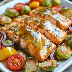You need fresh salmon for this dish. I recommend using: - 4 salmon fillets (6 oz each) - 2 tablespoons Dijon mustard - 3 tablespoons pure maple syrup - 2 tablespoons olive oil These main ingredients create a tasty base. The salmon offers healthy fats. The maple syrup adds sweetness, while the Dijon gives a nice tang. For great color and flavor, include these veggies: - 2 cups Brussels sprouts, halved - 1 bell pepper, sliced (any color) - 1 medium red onion, cut into wedges - 1 cup cherry tomatoes These vegetables provide crunch and a pop of color. Brussels sprouts are rich in vitamins. Bell peppers add sweetness, and tomatoes bring juiciness. To boost the taste, you’ll need: - 1 teaspoon garlic powder - 1 teaspoon onion powder - 1 teaspoon smoked paprika - Salt and pepper to taste These seasonings add depth to the dish. Garlic powder and onion powder enhance the savory notes. Smoked paprika gives a subtle smoky flavor, making each bite exciting. First, set your oven to 400°F (200°C). This heat helps the salmon and veggies cook well together. Next, line a sheet pan with parchment paper. This makes cleanup easy and keeps food from sticking. In a small bowl, combine the following ingredients: - 2 tablespoons Dijon mustard - 3 tablespoons pure maple syrup - 2 tablespoons olive oil - 1 teaspoon garlic powder - 1 teaspoon onion powder - 1 teaspoon smoked paprika - Salt and pepper to taste Whisk these together until they blend nicely. This mixture adds a sweet, tangy flavor to your salmon and veggies. On one side of the sheet pan, place the four salmon fillets. Brush half of the maple Dijon mixture over them. This coats the salmon and adds flavor. On the other side, spread out the halved Brussels sprouts, sliced bell pepper, and onion wedges. Drizzle the rest of the maple Dijon mixture on top. Toss the veggies well to ensure they are coated evenly. Now, scatter the cherry tomatoes around the veggies. They add color and sweetness to the dish. Place the sheet pan in the oven and roast for 15-20 minutes. The salmon is done when it flakes easily with a fork. The veggies should be tender and slightly caramelized. After roasting, take the pan out and let it rest for 5 minutes. This helps the flavors settle. Enjoy your delicious meal! To get the best salmon, start with fresh fillets. Look for bright, shiny skin. The flesh should feel firm to the touch. Before cooking, let the salmon sit at room temperature for 15 minutes. This helps it cook evenly. When you brush on the maple Dijon mixture, don’t hold back! Coat it well for great flavor. Bake until it flakes easily with a fork, about 15-20 minutes. This means it is cooked just right. Prep your veggies right before cooking. Cut Brussels sprouts in half for even cooking. Slice the bell pepper into nice thin strips. This helps them roast well. The red onion should be in wedges for a sweet taste. Toss all veggies in the remaining maple Dijon mix. This adds great flavor and helps them caramelize. Spread them out on the pan. Crowding them can lead to steaming instead of roasting. Cleaning up after cooking can be a breeze. Use parchment paper to line your sheet pan. It makes for easy cleanup. Once you finish cooking, let the pan cool before washing. Soak any stuck-on bits in warm, soapy water for a few minutes. For stubborn stains, a gentle scrub with a sponge works well. Keeping your cookware in good shape means it lasts longer. Plus, it makes your next meal prep easier! {{image_2}} You can switch up the veggies you use. Try using asparagus for a fresh crunch. Zucchini slices also work well. Carrots add a sweet flavor and vibrant color. Get creative with seasonal veggies like cauliflower or green beans. Just keep the cooking time in mind, as some veggies cook faster than others. The maple Dijon marinade is great, but you can explore other flavors. Try using soy sauce for a salty kick. Honey can replace maple syrup if you like it sweeter. For a tangy twist, add lemon juice or balsamic vinegar. You can mix in fresh herbs like dill or thyme for added taste. If you love some spice, there are easy ways to add heat. Mix in red pepper flakes for a mild kick. You can also add sriracha or your favorite hot sauce to the marinade. Another option is to use a spicy mustard instead of Dijon. This gives a nice zing to the salmon and veggies. To keep your leftovers fresh, place them in an airtight container. This helps lock in moisture and flavor. Store the salmon and veggies together or separate them based on your preference. If stored correctly, they will last in the fridge for up to three days. Make sure to let the food cool to room temperature before sealing it. When you are ready to enjoy your leftovers, reheating is simple. Preheat your oven to 350°F (175°C). Place the salmon and veggies on a baking sheet. Cover them with foil to keep them moist. Heat for about 10-15 minutes or until warmed through. You can also use a microwave, but be careful not to overcook the salmon. Heat in short intervals, checking often. If you want to freeze this meal, it is best to freeze the uncooked ingredients. Prepare the salmon and veggies, then place them in a freezer-safe bag or container. Remove as much air as possible. This method will keep your meal fresh for up to three months. If you freeze cooked salmon and veggies, they can last about two months. Just remember to thaw them in the fridge overnight before reheating. It takes about 15 to 20 minutes to cook salmon on a sheet pan. The key is to preheat your oven to 400°F (200°C). Check the salmon at 15 minutes. It should flake easily with a fork when done. If it needs more time, keep checking every few minutes. Yes, you can use frozen salmon for this recipe. Just make sure to thaw it first. Thaw it in the fridge overnight or use the quick method. Place it in a sealed bag and run it under cold water for about 30 minutes. After thawing, pat it dry and follow the same steps for seasoning. You can get creative with seasonings! Try adding fresh herbs like dill or thyme for extra flavor. Lemon zest can brighten the dish, too. If you want more heat, add red pepper flakes or a dash of cayenne. Use your favorite spices to make it your own! Yes, this recipe is great for meal prep! Cook a batch and divide it into containers. It stays fresh in the fridge for up to four days. You can reheat it easily in the microwave or oven. This makes it a quick and healthy option for busy days. This post covered how to make delicious sheet-pan salmon meals. You learned about key ingredients, step-by-step cooking tips, and variations to try. Proper storage and reheating methods ensure nothing goes to waste. Remember, you can adjust flavors and veggies to fit your taste. Experiment with spices or veggies to keep it fun and fresh. Enjoy your healthy meals and happy cooking!