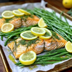 - 4 salmon fillets - 1 pound fresh green beans, trimmed - 2 lemons (1 sliced and 1 juiced) - 3 tablespoons olive oil - 2 teaspoons dried dill (or 1 tablespoon fresh dill, chopped) - 3 cloves garlic, minced - Salt and pepper to taste - Optional: 1 teaspoon red pepper flakes for a kick This dish shines with simple yet fresh ingredients. Salmon fillets provide a rich, buttery flavor. Green beans add a crisp and vibrant touch. Lemons bring a bright acidity that cuts through the richness of the salmon. Olive oil is key, adding a smooth texture. Dill gives a fragrant, herbaceous note. Garlic rounds out the flavor profile, giving it a warm depth. Seasonings like salt and pepper enhance every bite. If you enjoy spice, add red pepper flakes for heat. These ingredients come together to create a meal that's not only tasty but also quick and easy. You can enjoy it any night of the week. Start by preheating your oven to 400°F (200°C). This heat helps cook the salmon and green beans perfectly. Next, prepare your sheet pan by lining it with parchment paper. This step makes for easy cleanup and prevents sticking. For the sauce, gather these ingredients: - 3 tablespoons olive oil - Juice of 1 lemon - 3 cloves garlic, minced - 2 teaspoons dried dill (or 1 tablespoon fresh dill, chopped) - Salt and pepper to taste - Optional: 1 teaspoon red pepper flakes for a kick In a mixing bowl, whisk together the olive oil, lemon juice, minced garlic, dill, salt, and pepper. If you like some heat, add the red pepper flakes too. Whisk until everything blends well. Now, it’s time to arrange your meal. Place the salmon fillets on one side of the sheet pan. On the other side, spread the fresh green beans. Drizzle half of your lemon-dill sauce over the salmon. Use the rest of the sauce for the green beans. Gently toss the green beans to coat them in sauce. For extra flavor, lay lemon slices over the salmon fillets. Bake your sheet pan dinner in the preheated oven for 15 to 20 minutes. The salmon is done when it flakes easily with a fork. The green beans should be tender-crisp. To check for doneness, poke the thickest part of the salmon. If it’s opaque, you’re all set. Remove the pan from the oven and let it cool for a few minutes before serving. To boost the taste of your salmon and green beans, consider adding spices. Try smoked paprika for a warm flavor. If you want a spicy kick, add red pepper flakes. You can also mix in fresh herbs like parsley or thyme for a fresh twist. Adjust the zestiness by using more lemon juice. If you prefer a milder taste, reduce the lemon juice. You can also add a touch of honey to balance the tartness. To get the perfect salmon texture, cook it until it flakes easily with a fork. This usually takes about 15-20 minutes at 400°F. Use a meat thermometer to check for doneness. The internal temperature should reach 145°F. For tender-crisp green beans, do not overcook them. When they turn bright green, they are ready. Toss them gently in the lemon-dill mixture before baking to coat them evenly. Garnish your dish with fresh dill for a pop of color. It adds a lovely aroma too. Place lemon wedges on the side for an extra zesty touch. Serve the salmon and green beans on a large platter for a beautiful presentation that impresses. {{image_2}} You can switch out salmon for other fish. Cod, tilapia, or trout work great. Each fish has a mild taste, so they soak up the lemon dill flavor well. Just adjust the cooking time based on the thickness of the fish. For a vegetarian option, use firm tofu. Press the tofu to remove water, then cut it into cubes. Marinate it in the same lemon-dill mix. Bake it for about 20-25 minutes until it's golden. This adds a nice texture and flavor. Using seasonal veggies can make this dish fresh and fun. Asparagus, zucchini, or bell peppers can add color and crunch. Just chop them to a similar size as green beans. Toss them with the same lemon-dill sauce before baking. You can also mix in other greens like spinach or kale. Add these greens halfway through cooking. They cook quickly and add nutrients without losing their bright color. Exploring different herbs can add a twist. Try basil, parsley, or cilantro. Each herb brings its unique taste and aroma to the dish. Just chop fresh herbs and mix them into the sauce. If you like some heat, add red pepper flakes or even some fresh chili. For a touch of sweetness, a drizzle of honey or maple syrup will work well. Balance is key, so adjust to your taste. To store your Lemon Dill Salmon and green beans, first let them cool. Place them in an airtight container. This helps keep them fresh. You can keep the leftovers in the fridge for up to three days. Make sure you label the container with the date. This way, you know when you made it. When reheating salmon and green beans, the best method is to use the oven. Preheat your oven to 350°F (175°C). Place the salmon and green beans on a baking sheet. Cover them with aluminum foil to keep them moist. Heat for about 10-15 minutes, or until warmed through. If you want to keep the flavor and texture, avoid using the microwave. The microwave can make the salmon tough. Instead, you can use a skillet for quick reheating. Just add a splash of water, cover, and heat on low. This method keeps your meal delicious and juicy. Can I make this recipe ahead of time? Yes, you can prep this dish ahead. Chop the veggies and mix the sauce. Store them in the fridge. When ready, just place everything on the sheet pan and bake. What can I serve as a side dish? This dish pairs well with rice, quinoa, or a fresh salad. You can also serve crusty bread to soak up the lemon sauce. How do I know when the salmon is cooked? The salmon is done when it flakes easily with a fork. It should have a light pink color inside. You can also use a meat thermometer; it should read 145°F (63°C). Can I use frozen salmon for this recipe? Yes, you can use frozen salmon. Just thaw it in the fridge overnight. Pat it dry before cooking to get the best texture. Can I substitute dill if I don't have it? If you don’t have dill, try using parsley or thyme. Both add nice flavor. Fresh herbs work best, but dried herbs are fine too. What are some alternatives for olive oil? You can use avocado oil or melted butter instead of olive oil. Both will give good flavor to the dish. This recipe is simple and full of flavor. We learned about salmon, green beans, and a tasty lemon-dill sauce. You can easily swap ingredients to fit your cravings. Remember to check the cooking times for the best results. Now, you can impress your family or friends with a great meal. Enjoy cooking and have fun experimenting with your own twists on this dish!