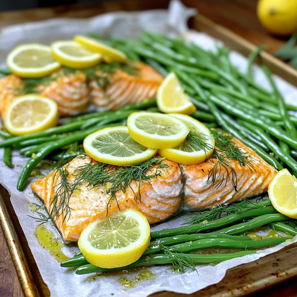 - 4 salmon fillets - 1 pound fresh green beans, trimmed - 2 lemons (1 sliced and 1 juiced) - 3 tablespoons olive oil - 2 teaspoons dried dill (or 1 tablespoon fresh dill, chopped) - 3 cloves garlic, minced - Salt and pepper to taste - Optional: 1 teaspoon red pepper flakes for a kick This dish shines with simple yet fresh ingredients. Salmon fillets provide a rich, buttery flavor. Green beans add a crisp and vibrant touch. Lemons bring a bright acidity that cuts through the richness of the salmon. Olive oil is key, adding a smooth texture. Dill gives a fragrant, herbaceous note. Garlic rounds out the flavor profile, giving it a warm depth. Seasonings like salt and pepper enhance every bite. If you enjoy spice, add red pepper flakes for heat. These ingredients come together to create a meal that's not only tasty but also quick and easy. You can enjoy it any night of the week. Start by preheating your oven to 400°F (200°C). This heat helps cook the salmon and green beans perfectly. Next, prepare your sheet pan by lining it with parchment paper. This step makes for easy cleanup and prevents sticking. For the sauce, gather these ingredients: - 3 tablespoons olive oil - Juice of 1 lemon - 3 cloves garlic, minced - 2 teaspoons dried dill (or 1 tablespoon fresh dill, chopped) - Salt and pepper to taste - Optional: 1 teaspoon red pepper flakes for a kick In a mixing bowl, whisk together the olive oil, lemon juice, minced garlic, dill, salt, and pepper. If you like some heat, add the red pepper flakes too. Whisk until everything blends well. Now, it’s time to arrange your meal. Place the salmon fillets on one side of the sheet pan. On the other side, spread the fresh green beans. Drizzle half of your lemon-dill sauce over the salmon. Use the rest of the sauce for the green beans. Gently toss the green beans to coat them in sauce. For extra flavor, lay lemon slices over the salmon fillets. Bake your sheet pan dinner in the preheated oven for 15 to 20 minutes. The salmon is done when it flakes easily with a fork. The green beans should be tender-crisp. To check for doneness, poke the thickest part of the salmon. If it’s opaque, you’re all set. Remove the pan from the oven and let it cool for a few minutes before serving. To boost the taste of your salmon and green beans, consider adding spices. Try smoked paprika for a warm flavor. If you want a spicy kick, add red pepper flakes. You can also mix in fresh herbs like parsley or thyme for a fresh twist. Adjust the zestiness by using more lemon juice. If you prefer a milder taste, reduce the lemon juice. You can also add a touch of honey to balance the tartness. To get the perfect salmon texture, cook it until it flakes easily with a fork. This usually takes about 15-20 minutes at 400°F. Use a meat thermometer to check for doneness. The internal temperature should reach 145°F. For tender-crisp green beans, do not overcook them. When they turn bright green, they are ready. Toss them gently in the lemon-dill mixture before baking to coat them evenly. Garnish your dish with fresh dill for a pop of color. It adds a lovely aroma too. Place lemon wedges on the side for an extra zesty touch. Serve the salmon and green beans on a large platter for a beautiful presentation that impresses. {{image_2}} You can switch out salmon for other fish. Cod, tilapia, or trout work great. Each fish has a mild taste, so they soak up the lemon dill flavor well. Just adjust the cooking time based on the thickness of the fish. For a vegetarian option, use firm tofu. Press the tofu to remove water, then cut it into cubes. Marinate it in the same lemon-dill mix. Bake it for about 20-25 minutes until it's golden. This adds a nice texture and flavor. Using seasonal veggies can make this dish fresh and fun. Asparagus, zucchini, or bell peppers can add color and crunch. Just chop them to a similar size as green beans. Toss them with the same lemon-dill sauce before baking. You can also mix in other greens like spinach or kale. Add these greens halfway through cooking. They cook quickly and add nutrients without losing their bright color. Exploring different herbs can add a twist. Try basil, parsley, or cilantro. Each herb brings its unique taste and aroma to the dish. Just chop fresh herbs and mix them into the sauce. If you like some heat, add red pepper flakes or even some fresh chili. For a touch of sweetness, a drizzle of honey or maple syrup will work well. Balance is key, so adjust to your taste. To store your Lemon Dill Salmon and green beans, first let them cool. Place them in an airtight container. This helps keep them fresh. You can keep the leftovers in the fridge for up to three days. Make sure you label the container with the date. This way, you know when you made it. When reheating salmon and green beans, the best method is to use the oven. Preheat your oven to 350°F (175°C). Place the salmon and green beans on a baking sheet. Cover them with aluminum foil to keep them moist. Heat for about 10-15 minutes, or until warmed through. If you want to keep the flavor and texture, avoid using the microwave. The microwave can make the salmon tough. Instead, you can use a skillet for quick reheating. Just add a splash of water, cover, and heat on low. This method keeps your meal delicious and juicy. Can I make this recipe ahead of time? Yes, you can prep this dish ahead. Chop the veggies and mix the sauce. Store them in the fridge. When ready, just place everything on the sheet pan and bake. What can I serve as a side dish? This dish pairs well with rice, quinoa, or a fresh salad. You can also serve crusty bread to soak up the lemon sauce. How do I know when the salmon is cooked? The salmon is done when it flakes easily with a fork. It should have a light pink color inside. You can also use a meat thermometer; it should read 145°F (63°C). Can I use frozen salmon for this recipe? Yes, you can use frozen salmon. Just thaw it in the fridge overnight. Pat it dry before cooking to get the best texture. Can I substitute dill if I don't have it? If you don’t have dill, try using parsley or thyme. Both add nice flavor. Fresh herbs work best, but dried herbs are fine too. What are some alternatives for olive oil? You can use avocado oil or melted butter instead of olive oil. Both will give good flavor to the dish. This recipe is simple and full of flavor. We learned about salmon, green beans, and a tasty lemon-dill sauce. You can easily swap ingredients to fit your cravings. Remember to check the cooking times for the best results. Now, you can impress your family or friends with a great meal. Enjoy cooking and have fun experimenting with your own twists on this dish!