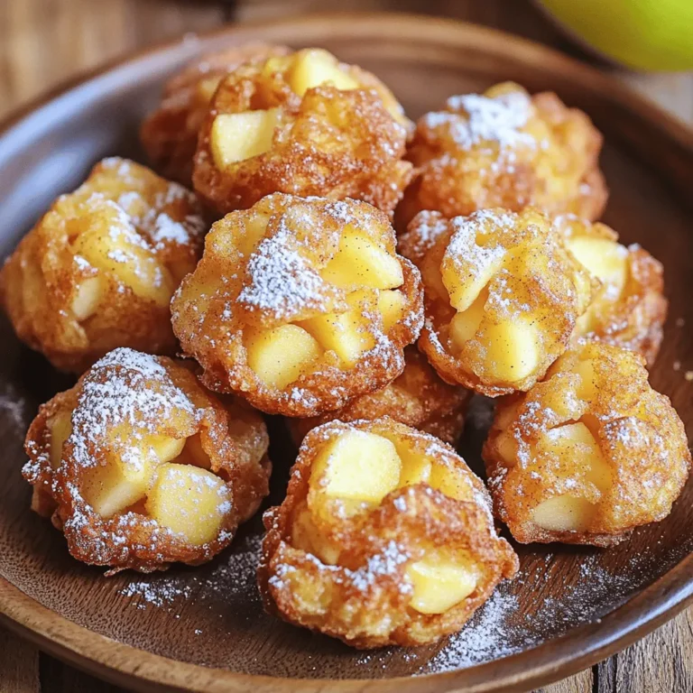 Here’s what you need to make these tasty air fryer apple fritter bites: - Apples: 2 medium (Granny Smith), peeled and diced - Dry ingredients: - 1 cup all-purpose flour - 1/4 cup sugar - 1 teaspoon baking powder - 1/2 teaspoon ground cinnamon - 1/4 teaspoon nutmeg - 1/4 teaspoon salt - Wet ingredients: - 1/2 cup milk - 1 large egg - 1 teaspoon vanilla extract - 1 tablespoon lemon juice - Additional: - Cooking spray - Powdered sugar (for dusting) These ingredients blend together to create a sweet and crisp treat. The Granny Smith apples add a tart flavor that balances well with the sweetness. Mixing the right dry ingredients helps form a fluffy batter that holds the apple bits. The wet ingredients ensure the fritter bites stay moist and tender. Don't forget the powdered sugar for that finishing touch! First, peel and dice the apples into small pieces. I like using Granny Smith for their tartness. Next, combine the diced apples with one tablespoon of lemon juice in a medium bowl. This step helps keep the apples from turning brown. Set the bowl aside for about five minutes. This will allow the lemon juice to work its magic. In a large bowl, whisk together one cup of all-purpose flour, one-fourth cup of sugar, one teaspoon of baking powder, half a teaspoon of ground cinnamon, one-fourth teaspoon of nutmeg, and one-fourth teaspoon of salt. Mixing these dry ingredients well is key. It ensures even flavor in every bite. In another bowl, mix half a cup of milk, one large egg, and one teaspoon of vanilla extract. Stir these ingredients together until they blend nicely. This mixture adds moisture and flavor to the fritters. Now, pour the wet ingredients into the bowl with the dry ingredients. Gently mix them together until you see no dry flour. Be careful not to overmix! Next, fold in the diced apples. This step ensures each piece of apple gets a nice coating of batter. Before cooking, preheat your air fryer to 350°F (175°C) for about three to five minutes. While it heats up, lightly grease the air fryer basket with cooking spray. This will help the fritter bites come out easily after cooking. Using a small cookie scoop, drop small amounts of the batter into the air fryer basket. Make sure to space them out to allow them to expand. Air fry for eight to ten minutes. Halfway through, flip the fritter bites for even browning. When they turn golden brown, they are ready to enjoy! To get the best texture for your fritter bites, focus on your batter. It should be thick but not too heavy. If it's too runny, add a bit more flour. If it’s too thick, add a splash of milk. Mix gently. You want to keep air in the batter for a light bite. Flipping your fritter bites halfway is key. This ensures even cooking and browning. Aim for a golden crust on both sides to make them extra crispy. Want to spice things up? Try adding a pinch of allspice or cloves to your batter. They pair well with apples. For a twist, mix in some chopped nuts or raisins. They add texture and flavor. When choosing apples, opt for Granny Smith for tartness. However, Honeycrisp or Fuji also work well for sweetness. Each variety gives a different taste, so feel free to experiment. These fritter bites shine with a dusting of powdered sugar. Want to add a dip? Try caramel or vanilla yogurt. Both complement the sweetness of the apples. For a nice presentation, arrange the fritter bites on a plate and drizzle with sauce. Add a sprinkle of cinnamon on top for color. This makes your dish look as good as it tastes! {{image_2}} You can switch things up by using different fruits. Try pears instead of apples for a fresh twist. You can also use berries or peaches for unique flavors. If you want something savory, mix in cheese or herbs. Adding cooked bacon can create a tasty twist. These options let you customize the fritter bites to your taste. For those who need a gluten-free treat, you can use alternative flours. Almond flour or oat flour works great in this recipe. Just replace the all-purpose flour with your choice. This way, you can enjoy fritter bites without gluten. They will taste just as good! If you want a lighter version, you can reduce the sugar. Try cutting the sugar in half for less sweetness. You can also use alternative sweeteners like honey or maple syrup. These options can give you a sweeter taste without the extra sugar. Enjoy making these treats both delicious and healthier! To keep your fritter bites fresh, store them in the fridge. Place them in an airtight container. This helps keep them from drying out. You can also wrap them in plastic wrap. Make sure they cool completely before storing. This prevents moisture build-up, which can make them soggy. For the best taste, reheat fritter bites in the air fryer. Set the temperature to 350°F (175°C) and heat for 3-5 minutes. This method keeps them crispy. If using the oven, preheat to 350°F (175°C) and place them on a baking sheet. Heat for about 5-7 minutes. Avoid using the microwave, as it can make them soggy. You can freeze fritter bites before or after cooking. If freezing before cooking, scoop the batter onto parchment paper. Freeze until solid, then transfer to a freezer bag. For after cooking, let them cool completely first. Then, place them in a freezer-safe container. When ready to eat, thaw in the fridge overnight. Reheat as directed above. Yes, you can prepare the batter ahead of time. Store it in the fridge for up to 24 hours. Just remember to give it a good stir before using. For cooked fritter bites, let them cool first. Place them in an airtight container. They stay fresh in the fridge for about 2-3 days. When you're ready to enjoy them, reheat in the air fryer for 3-5 minutes. This keeps them crispy and warm. You can swap apples for many fruits. Pears are a great choice for a sweet twist. You could also try diced peaches, cherries, or mixed berries. Each fruit brings a new flavor to the fritter bites. Just make sure to adjust the sugar based on how sweet your fruit is. Air fryer apple fritter bites last about 2-3 days in the fridge. Keep them in an airtight container to stay fresh. If you want to enjoy them longer, consider freezing. They can be frozen for up to 3 months. Just make sure they are well-wrapped to avoid freezer burn. If your batter is too thick, add a little more milk. Start with a tablespoon at a time until you reach the right consistency. If it’s too runny, add a bit more flour. Mix in small amounts until the batter thickens. The goal is a batter that holds its shape but is not dry. Most air fryers work well for these fritter bites. Look for one with at least 3.5-quart capacity. Models with adjustable temperature settings are ideal. Brands like Philips, Ninja, and Cosori are popular and reliable. They offer even cooking and great results. You learned how to make tasty air fryer apple fritter bites with simple steps. We discussed key ingredients, from fresh apples to spices. I also shared tips on texture, flavor, and variations like gluten-free options. Enjoy these fritter bites as a fun treat or dessert! Try them with dips and get creative! The best part? You can make them your way. Happy cooking!