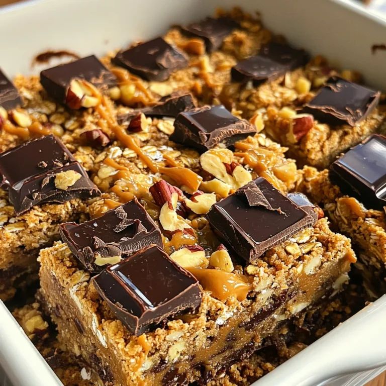 To make these tasty Peanut Butter Chocolate Oat Bars, you need: - 2 cups rolled oats - 1 cup natural peanut butter (creamy or crunchy) - 1/2 cup honey or maple syrup - 1/2 cup dark chocolate chips (dairy-free if preferred) - 1/4 teaspoon salt - 1/2 teaspoon vanilla extract These ingredients create a rich and chewy bar. The oats give texture, while the peanut butter adds flavor and healthy fats. You can enhance the bars with these optional add-ins: - 1/4 cup chopped nuts (like almonds or walnuts) - 1/4 cup dried fruit (like raisins or cranberries) These add-ins give more crunch and sweetness. You can mix them into the oat mixture for a fun twist. If you need to swap ingredients, try these options: - Use almond butter or cashew butter instead of peanut butter. - Replace honey with agave syrup or brown rice syrup for a vegan choice. - Use white chocolate chips if you prefer a sweeter taste. These substitutions keep the bars tasty while meeting your dietary needs. First, grab a large mixing bowl. Add 2 cups of rolled oats. If you like, toss in 1/4 cup of chopped nuts, like almonds or walnuts. Mix the oats and nuts together. This step gives the bars a nice crunch. Next, take a saucepan and set it on low heat. Add 1 cup of natural peanut butter, 1/2 cup of honey or maple syrup, 1/4 teaspoon of salt, and 1/2 teaspoon of vanilla extract. Stir it all together until it melts and becomes smooth. This mixture adds a rich flavor to your bars. Once the peanut butter mix is ready, pour it over the oats in your bowl. Stir well to coat all the oats. Then, fold in 1/2 cup of dark chocolate chips. The heat will start to melt them, making it extra delicious. Line an 8x8 inch baking dish with parchment paper. Pour the oat mixture into the dish and press it down firmly. This creates an even layer. Now, place the dish in the refrigerator for at least 2 hours. This helps the bars set nicely. When they are firm, lift them out using the parchment paper. Cut them into squares or bars. Enjoy your tasty peanut butter chocolate oat bars! To get the best texture, use rolled oats. They give a chewy bite. If you want a softer bar, add a little more honey or peanut butter. For a crunchier texture, mix in some chopped nuts. Almonds or walnuts work great. You can also try adding dried fruit for extra chewiness. Use parchment paper to line your dish. This makes it easy to lift the bars out. Leave some paper hanging over the sides. After the bars set, just pull up the paper to remove them. Cut them into squares right away or store them whole. Keep your bars in an airtight container. They can last up to a week in the fridge. If you want them to last longer, freeze them. Wrap each bar in plastic wrap before putting them in a freezer bag. This way, they stay fresh and tasty for later. {{image_2}} If you want to make these bars nut-free, try sun butter. It has a similar texture and flavor. You can also use seed butter like pumpkin or sesame. These options work well and keep the bars creamy. To add more flavor, consider using different extracts. Almond extract gives a nice twist. You can also mix in spices like cinnamon or nutmeg. For a fruity touch, add dried fruit like cranberries or raisins. These swaps keep the bars exciting and tasty. To make these bars gluten-free, choose certified gluten-free oats. This step ensures no cross-contamination. For vegan bars, use maple syrup instead of honey. You can also select dairy-free chocolate chips. These simple changes make the bars fit for everyone. To keep your peanut butter chocolate oat bars fresh, store them in an airtight container. I recommend placing parchment paper between layers. This keeps them from sticking together. Always store them in the refrigerator. This will help maintain their texture and flavor. These bars last about one week in the fridge. After seven days, they may lose freshness. If you notice any changes in smell or texture, it’s best to toss them. Trust your senses to guide you. You can freeze these bars for up to three months. To do this, wrap each bar tightly in plastic wrap. Then place them in a freezer-safe bag or container. Label the bag with the date for easy tracking. When you’re ready to eat one, just thaw it in the fridge overnight. Enjoy them fresh and tasty! Yes, you can use other nut butters. Almond butter or cashew butter work well too. They give a different taste but still taste great. Just keep the amount the same as peanut butter. If you don’t have honey or maple syrup, you can use agave nectar or brown rice syrup. They will add sweetness just like honey or syrup. You can even try using mashed bananas for a natural sweetness. To make these bars healthier, try using less sweetener. You can also add seeds like chia or flaxseeds. Using more nuts or dried fruits can boost the nutrition too. Swap some oats for protein-rich quinoa for an extra health kick. Yes, these bars are great for kids! They are easy to chew and full of good stuff. You can even get kids involved in making them. They will love the chocolate and peanut butter mix. Yes, adding protein powder is a great idea! You can mix in about 1/4 cup of your favorite protein powder. Just make sure to adjust the other ingredients slightly, like adding a bit more liquid to keep the texture right. You now have a clear guide to make tasty bars. We covered essential ingredients and fun add-ins. I shared simple steps to combine them perfectly. You learned tips for great texture and storage ideas to keep them fresh. Remember, there are variations for nut-free and diet needs. Feel free to experiment and find what you love. Enjoy your tasty snacks, and don’t hesitate to share your own twists!