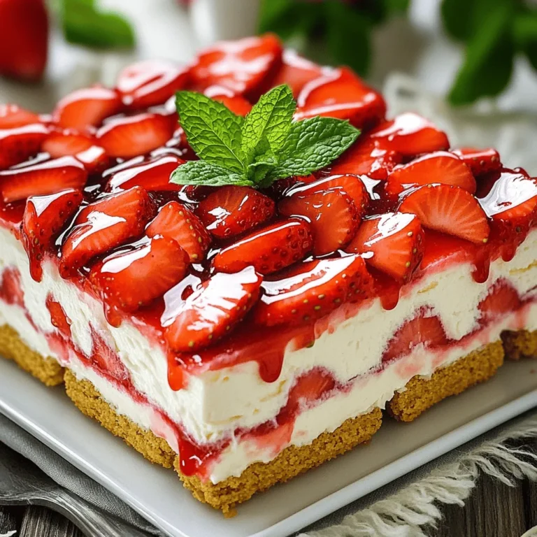 - 2 cups fresh strawberries, sliced - 8 ounces cream cheese, softened - 1 cup powdered sugar - 1 teaspoon vanilla extract - 1 cup heavy whipping cream - 1 package (14 ounces) graham crackers - 1/4 cup strawberry jam - Fresh mint leaves for garnish (optional) To make a delicious Strawberry Cheesecake Icebox Cake, gather these ingredients. Fresh strawberries give a burst of flavor. Cream cheese adds richness. Powdered sugar sweetens the mix. Vanilla extract brings a warm note. Heavy whipping cream makes it light and airy. Graham crackers form the base layers. Strawberry jam adds sweetness on top. If you like, use mint leaves for a pretty garnish. Having everything ready makes the process easy. Let's get cooking! To start, take 8 ounces of softened cream cheese. Place it in a mixing bowl. Use an electric mixer to beat it until smooth and creamy. This step is key to a great texture. Next, add 1 cup of powdered sugar. Then, add 1 teaspoon of vanilla extract. Mix these ingredients together until they are well combined. The mixture should be sweet and smooth, with a rich flavor. Now, grab a separate bowl. Pour in 1 cup of heavy whipping cream. Use a mixer to whip it until stiff peaks form. This means the cream should hold its shape well. It should not be runny at all. This step helps the cake stay fluffy. Take a 9x13 inch baking dish. Start with a layer of graham crackers at the bottom. Next, spread a layer of the cream cheese mixture over the crackers. Then, add a layer of sliced strawberries. Repeat this layering process. Go for another round of graham crackers, cream cheese mixture, and strawberries. Keep going until you use all your ingredients. Make sure to finish with a layer of the cream cheese mixture on top. Drizzle 1/4 cup of strawberry jam over the top layer. Use a spatula to spread it evenly. Cover your dish with plastic wrap. Place it in the fridge for at least 4 hours, or overnight if you can wait. This chilling time helps all the flavors blend well. To make your cheesecake smooth, use cream cheese that is at room temperature. Cold cream cheese will be lumpy and hard to mix. When you beat it, it should blend easily. When you whip the cream, aim for stiff peaks. This means the cream should stand tall when you lift the whisk. Gently fold the whipped cream into the cream cheese mix. Use a spatula and go slowly. This keeps the air in the whipped cream, making your cake light and fluffy. For the best results, chill your cake for at least four hours. Overnight is even better! This time lets the flavors mix well. The layers will also set, making it easier to slice. If you rush this step, the cake may fall apart when you cut it. To make your cake look extra special, consider garnishing it. Fresh mint leaves add a nice touch and a pop of color. You can also add more sliced strawberries on top. This makes your dessert look fresh and inviting. A well-presented cake is sure to impress your family and friends! {{image_2}} You can change the fruit in your icebox cake. Try using blueberries or raspberries instead of strawberries. These fruits add new flavors and colors. Blueberries give a sweet, juicy burst. Raspberries add a tangy kick. You can mix different fruits too. This way, every bite feels fresh and fun. If you want a lighter version, reduce the sugar. You can swap regular cream cheese for low-fat cream cheese. This keeps the taste rich while cutting calories. You can also use a sugar substitute for the powdered sugar. This makes it even better for those watching their sugar intake. For a gluten-free option, use gluten-free graham crackers. Many brands offer these today. Make sure to check the label for safety. The rest of the recipe stays the same. This way, everyone can enjoy this tasty treat without worry. To store your icebox cake, cover it tightly with plastic wrap. This helps keep it fresh. You can also use a lid if your dish has one. Keep it in the fridge. Avoid placing it near strong-smelling foods to prevent flavor changes. Your strawberry cheesecake icebox cake stays fresh in the refrigerator for about 3 to 5 days. After that, the texture may change. The layers could become soggy, and it might lose its yummy taste. Yes, you can freeze this dessert! To do it safely, first, cut it into squares. Wrap each piece in plastic wrap. Then, place them in a freezer bag. Make sure to remove all the air. This will help keep them fresh for about 2 months. When you want to enjoy a piece, let it thaw in the fridge overnight. Yes, you can use frozen strawberries. Just thaw and drain them first. This helps avoid excess water in your cake. Keep in mind that fresh strawberries offer a better taste and texture. The icebox cake needs at least 4 hours to set. I recommend chilling it overnight. This gives the flavors time to blend and the texture to firm up nicely. If you want a lighter option, try Greek yogurt. You can also use mascarpone cheese for a rich flavor. Both will change the taste but will still work well. Yes! This cake is perfect for making ahead. You can prepare it a day or two before serving. Just keep it covered in the fridge until you're ready to enjoy. Whipped cream is ready when it forms stiff peaks. This means it should hold its shape when you lift the beaters. Be careful not to over-whip it, or it may turn grainy. Absolutely! You can use digestive biscuits or even chocolate cookies for a twist. They add a nice flavor and change the cake's overall taste. Store any leftover cake in an airtight container. It will stay fresh in the fridge for about 3 days. It’s best enjoyed cold, so keep it chilled. Yes, you can freeze it! Just wrap it well in plastic wrap and foil. It can last for up to a month in the freezer. Thaw it in the fridge before serving for the best texture. You learned how to make a tasty icebox cake using fresh strawberries and cream cheese. We covered ingredients, step-by-step instructions, tips for a creamy texture, and variations to suit different needs. Remember to chill your cake to get the best taste and texture. With these easy steps, your dessert will impress everyone. Enjoy making this treat, and have fun experimenting with flavors. Your icebox cake will be a hit at any gathering.