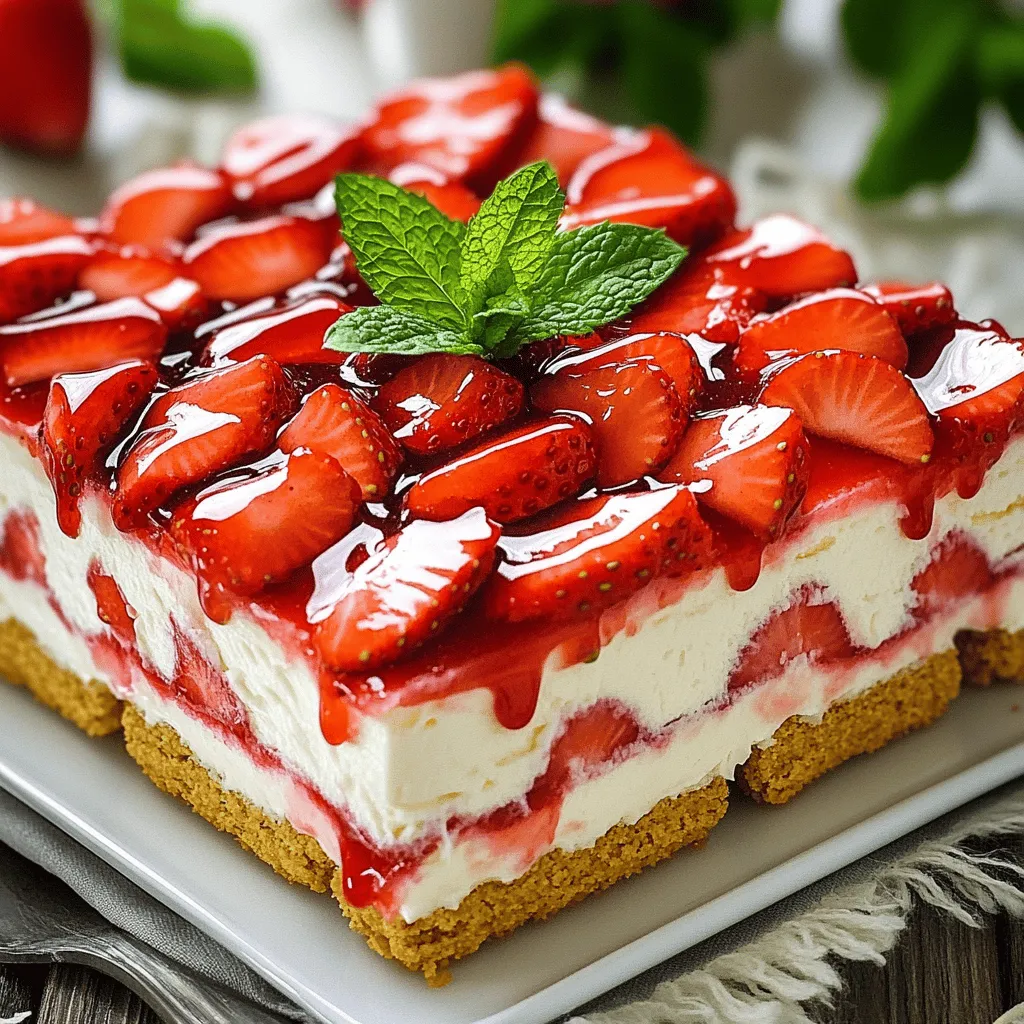 - 2 cups fresh strawberries, sliced - 8 ounces cream cheese, softened - 1 cup powdered sugar - 1 teaspoon vanilla extract - 1 cup heavy whipping cream - 1 package (14 ounces) graham crackers - 1/4 cup strawberry jam - Fresh mint leaves for garnish (optional) To make a delicious Strawberry Cheesecake Icebox Cake, gather these ingredients. Fresh strawberries give a burst of flavor. Cream cheese adds richness. Powdered sugar sweetens the mix. Vanilla extract brings a warm note. Heavy whipping cream makes it light and airy. Graham crackers form the base layers. Strawberry jam adds sweetness on top. If you like, use mint leaves for a pretty garnish. Having everything ready makes the process easy. Let's get cooking! To start, take 8 ounces of softened cream cheese. Place it in a mixing bowl. Use an electric mixer to beat it until smooth and creamy. This step is key to a great texture. Next, add 1 cup of powdered sugar. Then, add 1 teaspoon of vanilla extract. Mix these ingredients together until they are well combined. The mixture should be sweet and smooth, with a rich flavor. Now, grab a separate bowl. Pour in 1 cup of heavy whipping cream. Use a mixer to whip it until stiff peaks form. This means the cream should hold its shape well. It should not be runny at all. This step helps the cake stay fluffy. Take a 9x13 inch baking dish. Start with a layer of graham crackers at the bottom. Next, spread a layer of the cream cheese mixture over the crackers. Then, add a layer of sliced strawberries. Repeat this layering process. Go for another round of graham crackers, cream cheese mixture, and strawberries. Keep going until you use all your ingredients. Make sure to finish with a layer of the cream cheese mixture on top. Drizzle 1/4 cup of strawberry jam over the top layer. Use a spatula to spread it evenly. Cover your dish with plastic wrap. Place it in the fridge for at least 4 hours, or overnight if you can wait. This chilling time helps all the flavors blend well. To make your cheesecake smooth, use cream cheese that is at room temperature. Cold cream cheese will be lumpy and hard to mix. When you beat it, it should blend easily. When you whip the cream, aim for stiff peaks. This means the cream should stand tall when you lift the whisk. Gently fold the whipped cream into the cream cheese mix. Use a spatula and go slowly. This keeps the air in the whipped cream, making your cake light and fluffy. For the best results, chill your cake for at least four hours. Overnight is even better! This time lets the flavors mix well. The layers will also set, making it easier to slice. If you rush this step, the cake may fall apart when you cut it. To make your cake look extra special, consider garnishing it. Fresh mint leaves add a nice touch and a pop of color. You can also add more sliced strawberries on top. This makes your dessert look fresh and inviting. A well-presented cake is sure to impress your family and friends! {{image_2}} You can change the fruit in your icebox cake. Try using blueberries or raspberries instead of strawberries. These fruits add new flavors and colors. Blueberries give a sweet, juicy burst. Raspberries add a tangy kick. You can mix different fruits too. This way, every bite feels fresh and fun. If you want a lighter version, reduce the sugar. You can swap regular cream cheese for low-fat cream cheese. This keeps the taste rich while cutting calories. You can also use a sugar substitute for the powdered sugar. This makes it even better for those watching their sugar intake. For a gluten-free option, use gluten-free graham crackers. Many brands offer these today. Make sure to check the label for safety. The rest of the recipe stays the same. This way, everyone can enjoy this tasty treat without worry. To store your icebox cake, cover it tightly with plastic wrap. This helps keep it fresh. You can also use a lid if your dish has one. Keep it in the fridge. Avoid placing it near strong-smelling foods to prevent flavor changes. Your strawberry cheesecake icebox cake stays fresh in the refrigerator for about 3 to 5 days. After that, the texture may change. The layers could become soggy, and it might lose its yummy taste. Yes, you can freeze this dessert! To do it safely, first, cut it into squares. Wrap each piece in plastic wrap. Then, place them in a freezer bag. Make sure to remove all the air. This will help keep them fresh for about 2 months. When you want to enjoy a piece, let it thaw in the fridge overnight. Yes, you can use frozen strawberries. Just thaw and drain them first. This helps avoid excess water in your cake. Keep in mind that fresh strawberries offer a better taste and texture. The icebox cake needs at least 4 hours to set. I recommend chilling it overnight. This gives the flavors time to blend and the texture to firm up nicely. If you want a lighter option, try Greek yogurt. You can also use mascarpone cheese for a rich flavor. Both will change the taste but will still work well. Yes! This cake is perfect for making ahead. You can prepare it a day or two before serving. Just keep it covered in the fridge until you're ready to enjoy. Whipped cream is ready when it forms stiff peaks. This means it should hold its shape when you lift the beaters. Be careful not to over-whip it, or it may turn grainy. Absolutely! You can use digestive biscuits or even chocolate cookies for a twist. They add a nice flavor and change the cake's overall taste. Store any leftover cake in an airtight container. It will stay fresh in the fridge for about 3 days. It’s best enjoyed cold, so keep it chilled. Yes, you can freeze it! Just wrap it well in plastic wrap and foil. It can last for up to a month in the freezer. Thaw it in the fridge before serving for the best texture. You learned how to make a tasty icebox cake using fresh strawberries and cream cheese. We covered ingredients, step-by-step instructions, tips for a creamy texture, and variations to suit different needs. Remember to chill your cake to get the best taste and texture. With these easy steps, your dessert will impress everyone. Enjoy making this treat, and have fun experimenting with flavors. Your icebox cake will be a hit at any gathering.