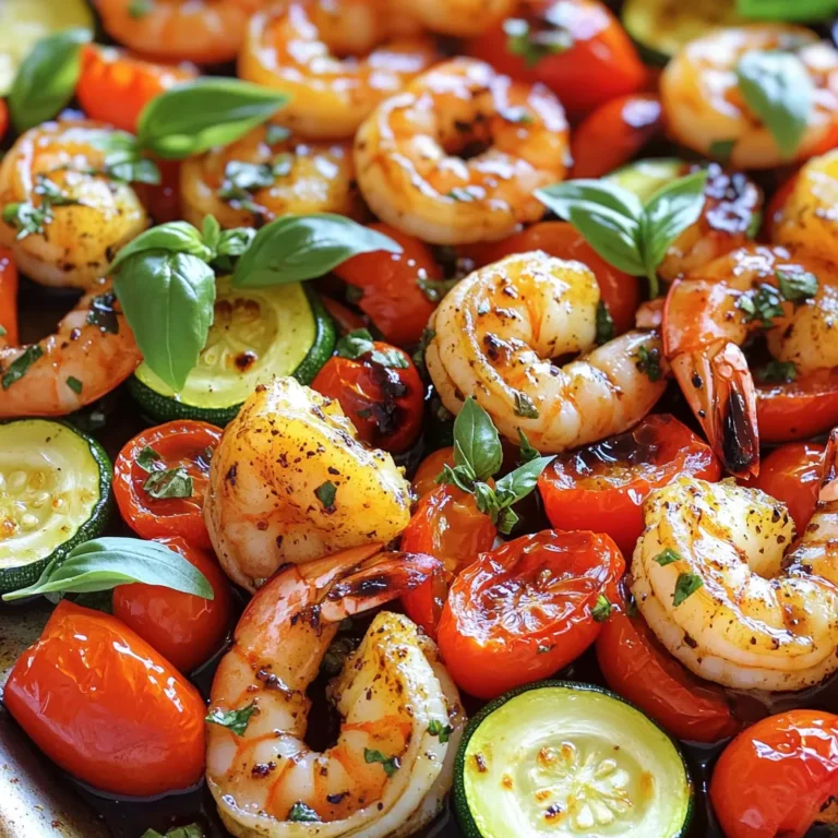 - 1 lb large shrimp, peeled and deveined - 1 cup cherry tomatoes, halved - 1 medium zucchini, sliced into half-moons - 1 red bell pepper, sliced - 2 tablespoons olive oil - 1/3 cup balsamic vinegar - 2 tablespoons honey - 2 garlic cloves, minced - 1 teaspoon dried oregano - Salt and pepper to taste - Fresh basil leaves, for garnish Gathering the right ingredients makes this dish a breeze. Start with fresh, large shrimp. They add a sweet and tender bite. Use cherry tomatoes for a burst of flavor. Zucchini and red bell pepper bring color and crunch. For the sauce, you need balsamic vinegar, honey, and garlic. This mix gives the dish its sweet-tangy glaze. Dried oregano adds depth. Don't forget salt and pepper to enhance all the flavors. Finish with fresh basil leaves. They add a nice touch of color and flavor. With these ingredients ready, you can create a meal that impresses. - Preheat oven to 400°F (200°C). - In a small bowl, whisk together balsamic vinegar, honey, garlic, oregano, salt, and pepper. - In a large bowl, combine shrimp, cherry tomatoes, zucchini, and red bell pepper. - Drizzle olive oil over the shrimp and veggies. Pour the balsamic mixture on top. Toss well to coat everything. - Spread the shrimp and veggies evenly on a sheet pan. Make sure they are in a single layer. - Bake for 12 to 15 minutes. Check if the shrimp are pink and the veggies are tender. - Remove from the oven and let it cool for a minute. Enjoy the delicious smells! - How to properly cook shrimp Cook shrimp for just 12-15 minutes. When they turn pink, they are done. Overcooking makes them tough. Use a timer to keep track. - Tips for evenly cooking vegetables Cut vegetables into similar sizes. This helps them cook evenly. Spread them out on the pan. Avoid crowding, as this can trap steam. - Adding spices or herbs for variation Try adding red pepper flakes for heat. Fresh herbs like parsley or thyme can brighten flavors. You can also mix in lemon zest for a fresh twist. - Suggesting sides to serve alongside Serve with rice or quinoa for a filling meal. A fresh salad pairs well for crunch. Garlic bread can add an extra layer of flavor. - Overcooking shrimp Shrimp cook quickly. If you leave them in too long, they become rubbery. Always check them closely near the end of cooking. - Incorrect oven temperature Make sure your oven is at 400°F (200°C). A lower temperature means longer cooking time. This can lead to uneven results. Always preheat your oven fully before baking. {{image_2}} You can switch shrimp for other proteins. Try chicken or tofu for a new taste. If you want a vegetarian option, use chickpeas or mushrooms. For vegetables, feel free to swap zucchini and bell peppers. Broccoli or asparagus work great too. Cherry tomatoes can be replaced with diced cucumbers or corn for a fresh twist. To spice things up, add red pepper flakes to the balsamic glaze. This gives the dish a nice kick. You can also try different vinegars, like apple cider or red wine vinegar. Each will change the flavor profile while keeping it delicious. Experiment with fresh herbs like thyme or rosemary for added depth. If you need a gluten-free meal, this dish is already safe. Just check your balsamic vinegar for any hidden gluten. For a low-carb option, skip the honey or use a sugar substitute. You can add more veggies to fill your plate while keeping carbs low. This way, you can enjoy a tasty meal without worry. To store leftovers, place them in an airtight container. Store in the fridge for up to three days. For longer storage, use freezer-safe bags. Squeeze out air before sealing. This helps keep flavors fresh. You can freeze the dish for up to three months. To reheat, use the oven or stovetop for the best taste. Preheat the oven to 350°F (175°C). Heat for about 10 minutes. Check if the shrimp are warm all the way through. Avoid using the microwave, as it can make shrimp rubbery. In the fridge, this dish lasts about three days. If you see any signs of spoilage, toss it out. Look for a sour smell or changes in color. If the shrimp feel slimy, it's time to let go. Enjoy your meal fresh for the best taste! It takes about 12 to 15 minutes to cook shrimp in the oven. The shrimp should turn pink and firm when done. Make sure you don’t overcook them. Overcooked shrimp can become tough and rubbery. Yes, you can use frozen shrimp for this recipe. Just thaw them first. Place the shrimp in cold water for about 15 minutes. This helps them cook evenly and stay juicy. Balsamic glazed shrimp pairs well with many sides. Here are some ideas: - Steamed rice - Quinoa - Pasta - Fresh salads - Garlic bread These dishes complement the shrimp's sweet and tangy flavor. Yes, this recipe is healthy! It includes lean protein from shrimp and a variety of colorful vegetables. The balsamic vinegar adds flavor without extra calories. Using olive oil adds healthy fats, making it a nutritious option. You can prep the shrimp and vegetables ahead of time. Just store them in the fridge for up to 24 hours. However, I recommend cooking it fresh for the best taste. Cooked shrimp are best eaten right away. This blog post covered a tasty balsamic shrimp dish. We explored the main ingredients, cooking steps, and tips for perfect results. You learned about ingredient swaps and flavor variations to customize your meal. Proper storage and reheating methods help keep leftovers fresh. Incorporate these ideas to make a delicious and fun meal. Enjoy trying new flavors and sharing with friends!
