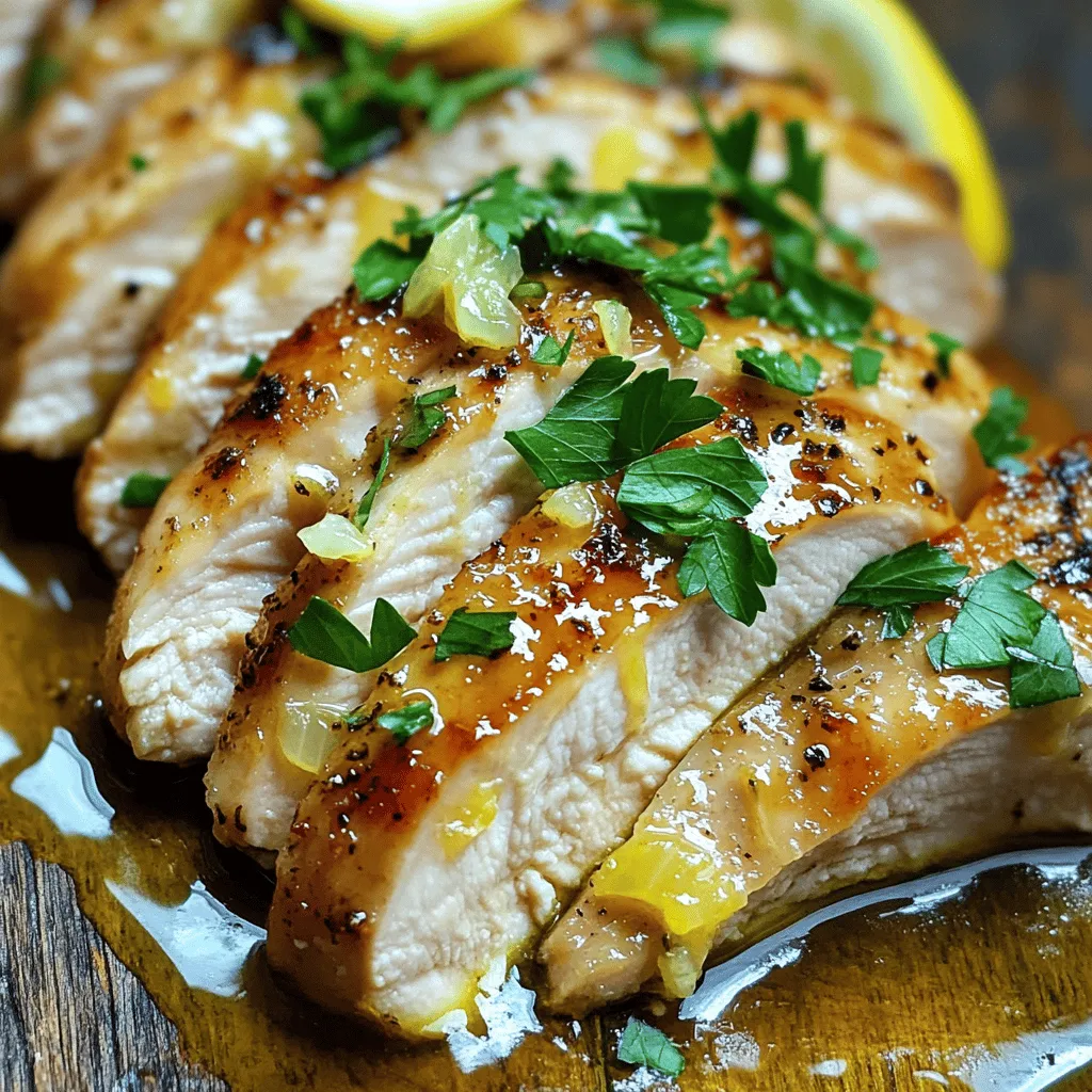 For this dish, you need simple and fresh ingredients. Here’s what you will use: - 4 boneless, skinless chicken breasts - 1/4 cup olive oil - 4 cloves garlic, minced - 1 lemon, zested and juiced - 1 tablespoon honey - 1 teaspoon dried oregano - 1 teaspoon dried thyme - Salt and pepper to taste - 1 cup low-sodium chicken broth These ingredients come together to create a tasty and moist chicken dish. The marinade makes this chicken special. Here are the key components: - Olive oil adds richness. - Garlic gives a strong flavor. - Lemon zest and juice add brightness. - Honey balances the tartness. - Oregano and thyme add depth. - Salt and pepper enhance all flavors. Mix these in a bowl to create a fragrant marinade that coats the chicken. While the chicken is great on its own, a few garnishes can make it pop: - Fresh parsley adds a splash of color. - Lemon slices provide a fresh look and flavor. These garnishes are simple but make the meal feel complete and elegant. Start by mixing the marinade. In a small bowl, whisk together: - 1/4 cup olive oil - 4 cloves garlic, minced - Zest and juice of 1 lemon - 1 tablespoon honey - 1 teaspoon dried oregano - 1 teaspoon dried thyme - Salt and pepper to taste This mix will bring bright flavors to your chicken. Make sure to blend it well so every piece of chicken gets the taste. Next, place the chicken breasts in the slow cooker. Pour the marinade over the chicken. Make sure each piece is well coated. This step helps the chicken soak up all the yummy flavors. Then, add 1 cup of low-sodium chicken broth around the chicken. This will keep it moist while it cooks. Cover the slow cooker. Cook on low heat for 6 to 7 hours, or on high for 3 to 4 hours. The chicken should be tender and fully cooked. Once the chicken is done, take it out of the slow cooker. Let it rest for a few minutes. If you want, you can thicken the cooking liquid. Just pour it into a pan and heat on medium. Slice the chicken and drizzle it with the tasty cooking liquid. For a nice touch, garnish your dish with fresh parsley. This adds a pop of color and extra flavor. Enjoy your meal! To get tender chicken, use fresh chicken breasts. Frozen chicken can become tough when cooked. Marinade the chicken for at least one hour. If you have time, let it sit overnight in the fridge. This helps the flavors soak in and keeps the chicken moist. Always check the chicken with a meat thermometer. It should reach 165°F (75°C) for safe eating. Make the marinade in a bowl. Whisk together olive oil, garlic, lemon juice, and zest. Add honey, oregano, thyme, salt, and pepper. This mix gives the chicken great flavor. Coat the chicken well in the marinade. If you can, turn the chicken halfway through soaking. This helps all sides absorb the flavors. Slow cookers vary in heat levels. If your slow cooker runs hot, check the chicken after 3 hours on high or 5 hours on low. If it cooks slow, it may take longer. Always adjust based on your model. The goal is tender chicken that pulls apart easily with a fork. Use a fork to test it when time is up. If it shreds, it's done! {{image_2}} You can swap chicken for other proteins. Try using turkey or pork. Both options work well with the lemon and garlic flavors. You can also use fish like salmon. The cooking time may change, so adjust accordingly. For turkey, cook for about 7-8 hours on low. Pork can take a bit longer, around 8-9 hours. Fish cooks faster, so check it at 2-3 hours on low. Adding vegetables makes this dish even better. You can include carrots, potatoes, or bell peppers. Cut them into small pieces, and place them in the slow cooker with the chicken. They will soak up the tasty juices and cook nicely. You can add about 2 cups of veggies for a full meal. This not only adds flavor but also boosts nutrition. You have many options for flavor. Try different herbs like rosemary or basil. These herbs add a unique twist to the dish. You can also mix in lime or orange juice for a fresh change. The zesty notes will brighten the meal. Just replace half of the lemon juice with your chosen citrus. Experiment and find your favorite flavor combination! To store leftover Slow Cooker Lemon Garlic Chicken, let it cool first. Place the chicken in an airtight container. Add the cooking liquid to keep it moist. You can store it in the fridge for up to four days. If you have more than you can eat, freezing is a great option. When you are ready to eat your leftovers, there are easy ways to reheat them. The best way is to use the microwave. Place the chicken in a microwave-safe dish and cover it. Heat it in short bursts to avoid drying it out. You can also reheat it on the stove. Heat the chicken in a pan with some cooking liquid until warm. If you want to freeze Slow Cooker Lemon Garlic Chicken, do so right after it cools. Cut the chicken into pieces for easier thawing. Place it in freezer bags or containers. Be sure to remove as much air as possible before sealing. You can freeze it for up to three months. When ready to eat, thaw it in the fridge overnight and reheat. Yes, you can use frozen chicken breasts. Just remember to adjust cooking time. If you use frozen chicken, cook it on high for 4 to 5 hours. This ensures it cooks through safely. The marinade will still flavor the chicken nicely, making it tasty. The best way to check is to use a meat thermometer. Insert it into the thickest part of the chicken. The safe internal temperature should reach 165°F (75°C). If you don’t have a thermometer, cut into the chicken. It should be white and no longer pink inside. This dish pairs well with many sides. Here are some ideas: - Steamed rice - Mashed potatoes - Roasted vegetables - A fresh salad These sides add balance and flavor to your meal, making it a hit at the table. Enjoy mixing and matching! In this post, we explored how to make slow cooker lemon garlic chicken. We covered key ingredients, step-by-step cooking, and tips for perfect results. I shared ways to swap proteins, add veggies, and customize flavors. Proper storage and reheating techniques were also discussed. With these insights, you can create a tasty meal your family will love. Enjoy the process and make it your own. Happy cooking!