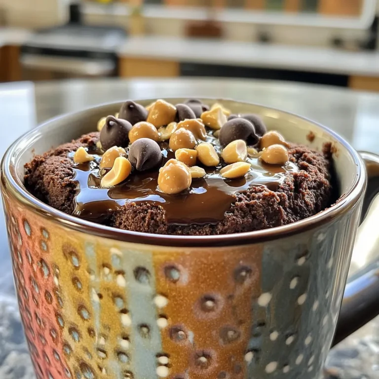 To make a high-protein chocolate peanut butter mug cake, you need these key ingredients: - 4 tablespoons almond flour - 2 tablespoons unsweetened cocoa powder - 1 scoop of chocolate protein powder - 1/2 teaspoon baking powder - 1 tablespoon peanut butter - 3 tablespoons unsweetened almond milk (or any milk of choice) - 1 tablespoon maple syrup (or honey) - 1/4 teaspoon vanilla extract - A pinch of salt These ingredients will create a rich and satisfying cake that packs a protein punch. To make your mug cake even more special, consider these toppings: - Chocolate chips - Crushed peanuts - Greek yogurt - Whipped cream Adding these toppings can enhance the texture and flavor of your cake. If you need to swap out some ingredients, here are some great options: - Use coconut flour instead of almond flour for a different flavor. - Substitute peanut butter with almond butter for a nut-free version. - Try honey instead of maple syrup for a touch of sweetness. - Use dairy milk if you don’t have almond milk. These substitutions keep the cake delicious while catering to your needs. To make your High-Protein Chocolate Peanut Butter Mug Cake, start with the right tools. Grab a microwave-safe mug. You’ll need the following ingredients: - 4 tablespoons almond flour - 2 tablespoons unsweetened cocoa powder - 1 scoop of chocolate protein powder - 1/2 teaspoon baking powder - 1 tablespoon peanut butter - 3 tablespoons unsweetened almond milk - 1 tablespoon maple syrup - 1/4 teaspoon vanilla extract - A pinch of salt First, mix the almond flour, cocoa powder, chocolate protein powder, baking powder, and salt in your mug. Stir well to break up any lumps. This step is key to a smooth cake. Next, add in the peanut butter, almond milk, maple syrup, and vanilla extract. Use a fork or small whisk to blend everything until smooth. If you want a sweeter touch, fold in some chocolate chips. Now, it’s time to cook your mug cake. Place the mug in the microwave and set the timer for 1 minute and 30 seconds. But keep an eye on it! At the 1-minute mark, check to see how it looks. The cake should rise and look set. It should feel moist in the center. If it’s not quite done, give it a few more seconds. Microwaves can vary, so adjust the time as needed. To check if your cake is done, look for these signs: - The top should look firm - There shouldn’t be any wet batter on the surface - A toothpick should come out clean or with a few moist crumbs Let your cake cool for a minute before digging in. This helps the flavors settle. For extra flair, sprinkle some crushed peanuts and chocolate chips on top. Enjoy your tasty treat! To get the best texture, mix dry and wet ingredients well. Each ingredient needs to blend smoothly. I like to use a fork for this. It helps break up lumps in the almond flour. The cake should feel thick but smooth. If it’s too runny, add a bit more almond flour. If it’s too thick, add a bit more almond milk. The right balance makes a fluffy cake. You can make this mug cake even better with simple tweaks. Try adding a dash of cinnamon for warmth. A pinch of sea salt enhances sweet flavors too. You can also add chocolate chips for extra richness. If you love nuts, fold in crushed peanuts. They add crunch and flavor. A dollop of Greek yogurt on top gives a creamy finish. Also, drizzle some honey or maple syrup on top for extra sweetness. One big mistake is not mixing well. If you skip this, the cake can have lumps. Another common error is overcooking. Microwaves vary, so check at one minute. The cake should rise and look set but still soft inside. Don’t forget to let it cool for a minute. This waiting time helps the cake finish cooking. Lastly, be careful with toppings. Too many can make the cake soggy. Keep it simple for the best results. {{image_2}} You can change the taste of your mug cake. Try using different nut butters like almond or cashew. You can also swap cocoa powder for carob powder. This gives a unique twist. Adding spices like cinnamon or nutmeg can add warmth. For a minty flavor, mix in a drop of peppermint extract. You can even fold in fruits like mashed banana or berries for freshness. If you want a gluten-free version, almond flour works great. For a lower-calorie option, use less peanut butter or a lower-calorie sweetener. You can also make it dairy-free by using almond milk or coconut milk. If you need it egg-free, this recipe is already eggless! Just be sure to check your protein powder for allergens. You can switch almond flour for coconut flour, but use less. Coconut flour absorbs more liquid. Instead of maple syrup, try agave syrup or stevia. If you want it richer, use full-fat coconut milk. For a protein boost, add Greek yogurt to the mix. Mix and match to create your perfect mug cake! To store your mug cake, let it cool first. Cover it tightly with plastic wrap or place it in an airtight container. This keeps it fresh for up to two days. If you want to keep it longer, freeze it instead. When you're ready to enjoy your leftover mug cake, heat it in the microwave. Start with 15 to 20 seconds on high. Check if it’s warm enough. If not, heat it for another 10 seconds. Be careful not to overcook it. For freezing, wrap the mug cake tightly in plastic wrap. Place it in a freezer-safe bag or container. It can stay in the freezer for up to a month. To eat, thaw it in the fridge overnight. Then, reheat as mentioned. This way, you can enjoy your high-protein treat anytime! Yes, you can use other protein powders. Whey, casein, or plant-based options work well. Each type may change the taste and texture slightly. If you use a different flavor, adjust the cocoa powder for balance. To make this mug cake vegan, use plant-based protein powder. Swap the maple syrup for agave nectar. Instead of almond milk, any non-dairy milk like soy or oat will work. Lastly, use a vegan peanut butter without added sugar. I love enjoying this mug cake warm. It tastes great plain or topped. Try adding Greek yogurt, whipped cream, or even ice cream. For crunch, sprinkle crushed peanuts or chocolate chips on top. Enjoy right from the mug or flip it onto a plate for a fun twist! We explored the key ingredients and cooking steps for your mug cake. We discussed tips for texture and flavor, plus how to avoid common mistakes. Variations offer options for any diet, and knowing how to store leftovers ensures you enjoy your treat later. Now you can create a perfect mug cake that fits your taste. Have fun baking and enjoy every delicious bite!