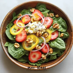 - 4 cups fresh baby spinach, washed and dried - 2 cups strawberries, hulled and sliced - 1/4 cup red onion, thinly sliced - 1/2 cup feta cheese, crumbled - 1/4 cup walnuts, roughly chopped - 1/4 cup poppy seeds The main ingredients of this salad create a colorful and tasty dish. Fresh baby spinach is the base. It adds a nice crunch and lots of vitamins. Strawberries bring sweetness and a bright red color. Red onion adds a little bite, while feta cheese gives a creamy texture. Walnuts add crunch and healthy fats. Lastly, poppy seeds add a lovely look and nutty flavor. - 1/3 cup olive oil - 3 tablespoons apple cider vinegar - 2 tablespoons honey - Salt and pepper to taste The dressing is easy and quick to make. Olive oil provides a smooth base. Apple cider vinegar brings tanginess. Honey adds sweetness, balancing the flavors. Salt and pepper enhance everything. You can adjust the seasoning to your taste. - About 200 calories per serving - Carbohydrates: 15g - Protein: 5g - Fat: 15g - Vitamins A, C, and K; minerals like calcium and potassium This salad is not just tasty; it is healthy too. Each serving has around 200 calories, making it a light choice. You get great vitamins from spinach and strawberries. Feta adds protein and calcium. This salad is perfect for a fresh meal or a side dish. In a small bowl, combine the olive oil, apple cider vinegar, honey, salt, and pepper. Use a whisk to blend the ingredients well. This creates a smooth and tasty dressing. Taste it and adjust the seasoning if needed. You want it to be just right for your salad. Take a large salad bowl and add the fresh baby spinach. Next, layer in the sliced strawberries. Add the thinly sliced red onion and the roughly chopped walnuts. This mix gives great flavor and crunch. Make sure to keep the layers even for a balanced salad. Drizzle the prepared dressing over the salad. Toss it gently to coat all the ingredients. This helps every bite taste great. Now, sprinkle the crumbled feta cheese on top for creaminess. Finally, add the poppy seeds for a lovely finish. This step not only enhances flavor but also adds a nice visual touch. Using fresh ingredients: Always choose fresh baby spinach and ripe strawberries. Fresh produce makes a big difference in taste and texture. Look for vibrant colors and firm textures. They should be free from bruises or blemishes. Fresh ingredients give your salad a bright and lively flavor. Washing and preparing spinach and strawberries: Rinse the spinach under cold water. Use a salad spinner to dry it thoroughly. Wet spinach can make the salad soggy. For strawberries, remove the green tops and slice them thin. This helps them mix well with other ingredients. Best presentation techniques: A great presentation makes the salad more appealing. Use large, shallow bowls to serve. Layer the spinach, strawberries, red onion, and walnuts in a colorful way. Finish by sprinkling feta and poppy seeds on top. Add a few extra strawberry slices as a garnish for a pop of color. Ideal serving dishes: Choose clear glass or white plates for serving. These colors allow the bright salad to shine. You can also use wooden bowls for a rustic touch. Serve with a large spoon for easy tossing and sharing. Alternate sweeteners: While honey is a classic choice, you can try maple syrup or agave nectar. These options add different flavors while keeping the dressing sweet. Adjust the amount to taste; some may prefer less sweetness. Different vinegar options: Apple cider vinegar is great, but you can also use balsamic or red wine vinegar. Each type brings a unique tang to the dressing. Experiment to find your favorite flavor combination. {{image_2}} You can make your Strawberry Spinach Poppyseed Salad even better by adding proteins. Grilled chicken or shrimp both work great. These proteins turn the salad into a complete meal, perfect for lunch or dinner. You can also switch up the cheese. If you want a different taste, try goat cheese or blue cheese. Both add a unique flavor that pairs well with the sweet strawberries. This salad shines in every season. You can add seasonal fruits and nuts to change the flavors. In summer, try peaches or berries. In fall, sliced apples or pears work well. Nuts like pecans or almonds can add a nice crunch. This way, your salad stays fresh and exciting all year long. For those with dietary needs, this salad is easy to adapt. To make it gluten-free, ensure that all ingredients are certified gluten-free. For vegans, skip the cheese and honey. Instead, use a vegan cheese option and maple syrup for sweetness. You can still enjoy a delicious and healthy salad that fits your diet. To store your salad, keep it in an airtight container. Refrigerate it right away to keep it fresh. Make sure the salad is cool before sealing it. This salad can last for about two days in the fridge. After that, the spinach may wilt, and the strawberries may lose their firmness. You do not need to reheat this salad. It tastes best when chilled. If you want to keep it fresh, eat it within a day or two. If you have leftover dressing, store it separately. This way, you can add it just before serving. Freezing the whole salad is not a good idea. The spinach and strawberries will become mushy when thawed. However, you can freeze the dressing. Just keep it in a small container. When you are ready to use it, thaw it in the fridge overnight. Avoid freezing the feta cheese and walnuts, as they don’t hold up well in the freezer. You can prepare this salad ahead of time. Start by washing and drying the spinach. Slice the strawberries, and chop the red onion and walnuts. Keep these ingredients in separate containers. This keeps them fresh. You can mix the dressing in a jar. Store it in the fridge. The salad stays crisp and tasty this way. Combine all ingredients just before serving. This ensures the salad stays bright and fresh. If you need a feta cheese substitute, try goat cheese. It has a creamy texture. You can also use ricotta for a milder taste. For a strong flavor, blue cheese works well. Each choice adds a unique twist to the salad. Choose based on your taste or dietary needs. Yes, this salad is very healthy! Spinach is rich in vitamins A and C. Strawberries are full of antioxidants. They help protect your body. Walnuts add healthy fats and protein. Feta cheese provides calcium. This salad gives you a balanced mix of nutrients. Eating it can boost your health while being delicious. You can use frozen strawberries, but with care. Thaw them first and drain excess liquid. This helps avoid a soggy salad. Cut them into smaller pieces if needed. Frozen strawberries are often sweeter, which can enhance the taste. Just remember to enjoy them in a fresh way! In this blog post, we explored the delightful Strawberry Spinach Poppyseed Salad. We covered its fresh ingredients, from baby spinach to strawberries and walnuts. I shared step-by-step instructions for making the salad and tips for perfecting its presentation. We also discussed variations, storage tips, and answered common questions. This salad not only tastes great but offers health benefits too. Enjoy making this dish, and feel free to add your own twist to it!
