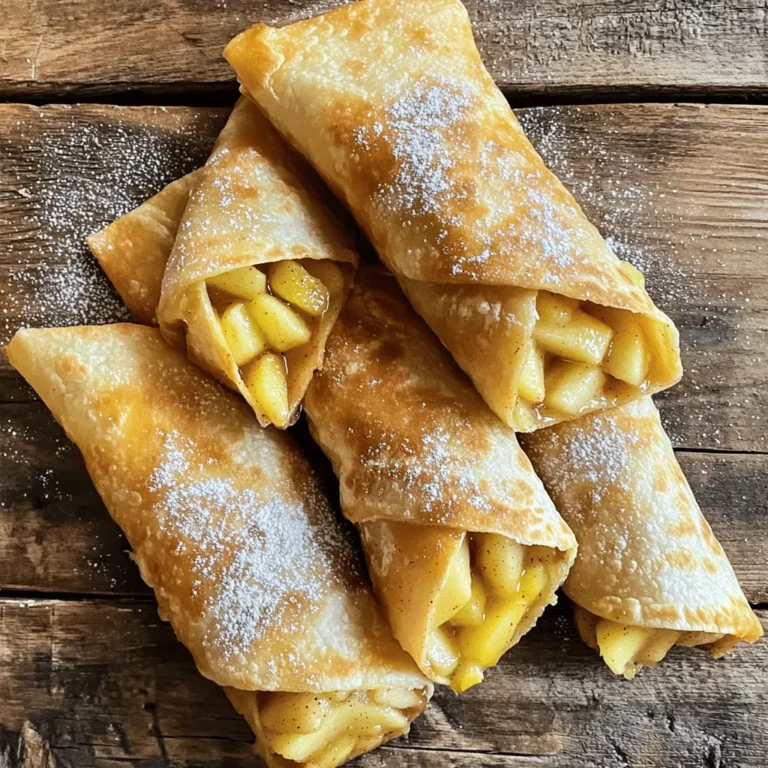 To make Air Fryer Cinnamon Apple Chimichangas, gather these items: - 2 large apples (like Granny Smith or Honeycrisp), peeled, cored, and diced - 1 tablespoon lemon juice - 1 teaspoon ground cinnamon - 2 tablespoons brown sugar - 1 teaspoon vanilla extract - 4 large tortillas (flour or whole wheat) - 1 tablespoon melted butter (for brushing) - Cooking spray - Optional: powdered sugar for dusting If you can’t find fresh apples, you can use canned apples. Drain them well before use. For the tortillas, whole-wheat is good, but you can choose corn tortillas too. If you want a different sweetener, you can swap brown sugar for maple syrup or honey. Just adjust the amount to taste. Choosing the right apples is key. Look for firm apples that are not bruised. Granny Smith apples give a nice tart flavor. Honeycrisp apples add sweetness and crunch. Smell the apples too; they should have a fresh scent. If you can, try to pick local apples. They often taste better and support local farms. Start by gathering your apples. I like to use Granny Smith or Honeycrisp for a sweet-tart flavor. Peel, core, and dice the apples into small pieces. This helps them cook evenly. In a medium bowl, mix the apple pieces with one tablespoon of lemon juice. This keeps the apples fresh and bright. Next, add one teaspoon of ground cinnamon, two tablespoons of brown sugar, and one teaspoon of vanilla extract. Stir well to coat all the apples. The smell will be amazing! Now, let’s make the chimichangas. Lay a tortilla flat on a clean surface. Spoon about 2-3 tablespoons of your apple filling onto one side of the tortilla. Be careful not to overfill it. Fold the sides over the filling, then roll the tortilla tightly from the bottom up. This keeps the filling inside. Repeat this with the rest of the tortillas and apple filling. Before cooking, preheat your air fryer to 375°F (190°C). This step is key for getting a nice crisp. Spray the air fryer basket with cooking spray to prevent sticking. Brush each chimichanga lightly with melted butter. Place them seam side down in the basket. Make sure they don’t touch. This allows hot air to flow around them. Air fry the chimichangas for about 8-10 minutes. Flip them halfway through for even browning. They should come out golden brown and crispy. Let them cool slightly before serving. Enjoy your delightful treat! To get that lovely golden brown color, brush each chimichanga with melted butter. This step is key. The butter helps the chimichangas crisp up nicely in the air fryer. Set your air fryer to 375°F (190°C). Cook them for 8-10 minutes. Flip them halfway through for even cooking. Keep an eye on them. Every air fryer is different, so check a minute or two before the time ends. These chimichangas taste amazing when served warm. You can sprinkle some powdered sugar on top for a sweet touch. Serve with a scoop of vanilla ice cream or whipped cream. The cold cream pairs well with the warm chimichangas. You might also try a drizzle of caramel sauce. It adds a nice, rich flavor that everyone loves. One mistake is overfilling the tortillas. If you add too much filling, they can burst open while cooking. Be sure to use just 2-3 tablespoons of the apple mixture. Another error is not sealing the edges. Make sure to fold and roll tightly. This keeps the filling inside. Lastly, don’t skip the cooking spray! It prevents sticking and helps them crisp up. {{image_2}} You can use many apple types for your chimichangas. Granny Smith apples give a tart taste that pairs well with cinnamon. Honeycrisp apples offer a sweet and crisp bite. You can also try Fuji or Gala apples for a sweeter option. Each type adds its unique flavor, so experiment to find your favorite. Want to add more texture and taste? Toss in some chopped nuts or raisins. Walnuts or pecans add a nice crunch. They also bring a toasted flavor that pairs with the sweet apples. If you like raisins, they can add a chewy texture. Just mix them with your apple filling for a fun twist. If you need a nut-free option, it's easy! Simply leave out any nuts from the filling. You can still enjoy the chimichangas with just apples and spices. If you miss the crunch, consider adding some crushed graham crackers. They can give you that extra texture without any nuts. To keep your leftover chimichangas fresh, place them in an airtight container. This helps prevent them from drying out. You can also wrap each chimichanga in plastic wrap for extra protection. Store them in the fridge if you plan to eat them in the next few days. They will stay good for about 3 to 4 days. When you are ready to enjoy your leftover chimichangas, reheating them carefully is key. I like to use the air fryer for this. Set the air fryer to 350°F (175°C). Heat the chimichangas for about 3 to 5 minutes. This will make them crispy again. You can also use an oven. Preheat it to 350°F (175°C) and bake for about 10 minutes. Both methods keep the crunch while warming them up. If you want to save chimichangas for later, freezing is a great option. First, let them cool completely. Then, wrap each chimichanga in plastic wrap. After that, place them in a freezer-safe bag or container. Make sure to remove as much air as possible. They can last in the freezer for up to 3 months. When you're ready to eat, just reheat them straight from the freezer in the air fryer or oven. This way, you can enjoy this tasty treat anytime! Yes, you can use corn tortillas. They give a different taste and texture. Corn tortillas are thinner, so be careful when rolling them. Use fresh corn tortillas for the best results. They will still hold the apple filling well. Just remember to adjust the cooking time if needed. If your chimichangas are soggy, try a few tricks. First, check how much filling you used. Too much filling can make them soggy. Next, make sure to air fry them long enough. They need to be golden brown and crispy. You can also try lowering the heat and cooking them longer. This helps get rid of excess moisture. Cooking frozen chimichangas takes about 12-15 minutes in the air fryer. Set the temperature to 375°F (190°C). Flip them halfway through for even cooking. Check them for a golden color before serving. If they need more time, add a few extra minutes until crispy. Making air fryer cinnamon apple chimichangas is fun and easy. You learned about the right ingredients, how to prep the filling, and tips for crispiness. I shared common mistakes and ways to avoid them. You can switch ingredients for variety and store leftovers right. Enjoy experimenting with flavors and perfecting your technique. With these steps, you’ll impress family and friends with tasty treats. Now, you can make the best chimichangas and wow everyone at your next gathering!