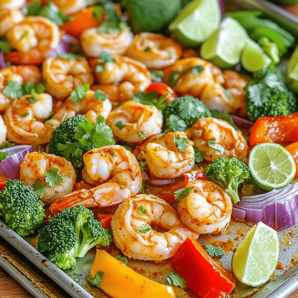 - 1 pound large shrimp, peeled and deveined - 2 bell peppers (any color), sliced into strips - 1 red onion, sliced into wedges - 2 cups broccoli florets - 3 tablespoons sweet chili sauce - 2 tablespoons olive oil - Juice and zest of 2 limes - 2 cloves garlic, minced - Salt and pepper to taste - Fresh cilantro, for garnish - Lime wedges, for serving Gather these fresh ingredients to make your Sweet Chili Lime Shrimp Sheet Pan. The shrimp add a nice protein base, while the peppers, onion, and broccoli bring color and crunch. The sweet chili sauce gives a lovely glaze that makes everything taste great. You can use any color bell pepper. Each adds its own twist. The lime juice and zest brighten the dish, making it fresh and zesty. Garlic adds depth to the flavor. For garnish, fresh cilantro adds a nice touch. Lime wedges on the side give a burst of flavor when squeezed over the dish. Enjoy the vibrant look and taste, and serve it hot! 1. Preheat your oven to 400°F (200°C). This step helps the shrimp cook just right. 2. Line a large sheet pan with parchment paper. This makes cleanup easy and quick. 3. In a large bowl, combine 1 pound of peeled shrimp, sliced bell peppers, red onion wedges, and broccoli florets. Mix them gently so they blend well. 1. In a small bowl, whisk together 3 tablespoons of sweet chili sauce, 2 tablespoons of olive oil, the juice and zest of 2 limes, and 2 minced garlic cloves. 2. Add salt and pepper to taste. Whisk until everything mixes well. 1. Pour the sweet chili lime sauce over the shrimp and veggies. Toss everything together until each piece gets coated in the sauce. 2. Spread the shrimp and vegetable mix evenly on the prepared sheet pan. Make sure they lie flat for even cooking. 3. Bake in the preheated oven for 12-15 minutes. Check the shrimp when they turn pink and opaque. The veggies should be tender-crisp. To get great results, lay the shrimp and veggies in a single layer. This helps everything cook evenly. If you stack them, some might cook too much while others stay raw. Check the shrimp for doneness after baking for about 12 minutes. The shrimp should turn pink and opaque. If they still look gray or see-through, give them more time. You can serve the sheet pan right on the table for a fun, casual meal. It looks great and saves you from extra dishes. If you want a fancier touch, transfer it to a large platter. Add lime wedges and fresh cilantro to brighten the dish. Arrange them around the shrimp and veggies for a vibrant look. This makes the meal more inviting and colorful. Want to boost the flavor? Try adding a pinch of red pepper flakes for heat. You can also mix in herbs like parsley or basil for a fresh twist. A squeeze of extra lime juice right before serving can enhance the zing. Don’t be afraid to experiment with your favorite spices or herbs! {{image_2}} You can change up the veggies in this dish. Try adding snap peas or carrots for extra crunch. Zucchini and asparagus work well too. Keep in mind the season. In summer, use fresh corn or cherry tomatoes. In fall, butternut squash adds sweetness. The key is to choose veggies that roast well and match your taste. If you prefer not to use shrimp, there are great options. Chicken breast works well; just cut it into bite-sized pieces. Tofu is another tasty choice, perfect for a plant-based meal. Press the tofu first to remove water, then cube it. This will help it soak up the sauce. You can make your own sweet chili sauce if you want. Blend honey, rice vinegar, and a touch of sriracha for heat. If you like it spicy, add more chili. For a milder taste, reduce the sriracha. Remember, adjust the sauce to fit your flavor needs. To store leftovers, let the dish cool first. Place the shrimp and veggies in an airtight container. You can keep it in the fridge for up to three days. Make sure to use a container that fits well. This helps keep the food fresh. When you want to reheat, there are a few good methods. The best way is to use the oven. Preheat it to 350°F (175°C). Place the shrimp and veggies on a sheet pan. Heat for about 10 minutes. You can also use a microwave. Just put it on a microwave-safe plate. Heat in short bursts to avoid overcooking. If you want to freeze the dish, it’s easy! Let it cool completely. Then, place it in a freezer-safe bag or container. Remove as much air as you can. The dish can stay frozen for up to three months. When you are ready to eat, thaw it in the fridge overnight. Then reheat as described above. Yes, you can use frozen shrimp. First, you need to thaw them. Place the shrimp in a bowl of cold water for about 15-20 minutes. This method is quick and easy. Once thawed, drain the shrimp and pat them dry. This helps the shrimp absorb the flavors better. This recipe is quick to make. It takes about 10 minutes to prep. The total cooking time is around 15 minutes. So, you can enjoy a delicious meal in just 25 minutes. This shrimp dish pairs well with several sides. Here are some great options: - Steamed rice for a filling base. - Quinoa for a healthy twist. - A fresh green salad to add crunch. - Garlic bread for a tasty side. These choices complement the sweet and spicy flavors of the shrimp. Enjoy mixing and matching! In this blog post, we explored a tasty sweet chili lime shrimp recipe. We covered key ingredients like shrimp, colorful vegetables, and a zesty sauce. You learned easy preparation steps and helpful cooking tips. I offered fun variations and storage advice, too. This dish is quick, bright, and perfect for any meal. Make it your own with your favorite veggies. Enjoy every bite!