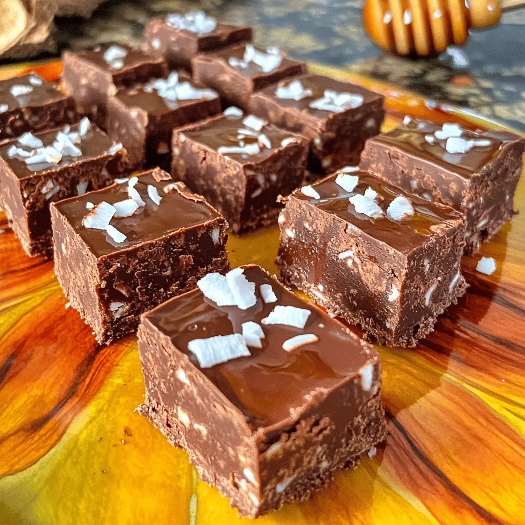 - 1 cup pitted dates - 1 cup rolled oats - ½ cup unsweetened cocoa powder - ½ cup shredded coconut (unsweetened) - ½ cup almond butter (or your preferred nut butter) - ¼ cup honey or maple syrup - 1 teaspoon vanilla extract - ¼ teaspoon sea salt - Optional: 2 tablespoons of chia seeds Each serving contains about: - Calories: 150 - Protein: 4g - Carbohydrates: 20g - Fiber: 3g - Sugars: 8g - Fats: 7g These energy bars give you a good balance of nutrients. They provide natural sugars from dates and healthy fats from nut butter. You can easily swap ingredients based on your taste or needs. Here are some ideas: - Nut Butter: Use peanut butter or sunflower seed butter for nut-free. - Sweeteners: Maple syrup works well if you want a vegan option. - Cocoa Powder: Carob powder can replace cocoa for a different taste. - Chia Seeds: Flaxseeds can be a good alternative for added fiber. These swaps make it easy to customize the bars for any diet. Enjoy your time in the kitchen! To start, grab your food processor. Add 1 cup of pitted dates. Blend them until they form a sticky paste. If they seem dry, add a bit of warm water. This helps them blend better. Next, take a large mixing bowl. Combine 1 cup rolled oats, ½ cup cocoa powder, and ½ cup shredded coconut. If you like, add 2 tablespoons of chia seeds for extra nutrition. Mix all dry ingredients well. After blending the dates, add them to your dry mixture. Also, include ½ cup almond butter, ¼ cup honey or maple syrup, and 1 teaspoon vanilla extract. Use your hands or a spatula to mix everything together. The mix should be sticky but hold together. If it feels dry, add a bit more nut butter. This ensures a good texture. Prepare an 8x8 inch baking dish by lining it with parchment paper. This makes it easy to remove the bars later. Transfer the mixture into the dish, pressing it down firmly. Make sure it is even throughout. Place the dish in the refrigerator. Let it chill for at least 1-2 hours. This helps the bars firm up nicely. After chilling, lift them out using the parchment paper. Cut into bars or squares as you like. Enjoy your tasty, healthy snacks! To achieve the right texture, blend the dates well. They should form a sticky paste. If they don't, add a little warm water. When mixing the dry and wet ingredients, make sure to combine them fully. The mixture should feel sticky but not too wet. This balance helps the bars hold together well. These energy bars are great as snacks. You can serve them on a colorful platter. Adding extra shredded coconut on top makes them look nice. Pair them with a glass of milk or a smoothie for a treat. They are perfect for on-the-go energy or a post-workout boost. Avoid using dry or hard dates. They won’t blend well, and your bars will be crumbly. Also, don't skip the chilling time. This step firms up the bars, making them easier to cut and eat. Lastly, ensure you press the mixture firmly in the dish. This helps it hold together when you cut it. {{image_2}} You can change the taste of your energy bars easily. Adding spices or extracts makes a big difference. Try a pinch of cinnamon for warmth. A dash of nutmeg brings a cozy vibe. For a minty twist, add peppermint extract. You can even sprinkle in some espresso powder for a coffee kick. Each flavor twist makes the bars unique and fun. Nut butters are key to the bars' texture. You can swap almond butter for peanut or cashew butter. Each nut butter adds its own flavor. If you want a nut-free option, try sunflower seed butter. For sweeteners, you can use agave nectar or brown rice syrup instead of honey. This gives you more ways to customize your bars. Making these bars vegan is simple. Just replace honey with maple syrup. This keeps the sweetness while being plant-based. To ensure the bars are gluten-free, check your oats. Some oats may have gluten. Look for certified gluten-free oats in stores. These small changes help everyone enjoy these tasty treats! To keep your no-bake chocolate coconut energy bars fresh, store them in an airtight container. This helps prevent moisture and keeps them from drying out. You can use either glass or plastic containers. It’s best to layer parchment paper between the bars if you stack them. This way, they won’t stick together, and you can grab one easily! These energy bars last up to two weeks in the fridge. Their taste stays fresh, and they remain chewy. Just check for any signs of spoilage before eating. If they look or smell off, it's best to toss them. You can freeze these energy bars for longer storage. Wrap each bar in plastic wrap or aluminum foil. Then, place them in a freezer-safe bag or container. When you want one, just take it out and let it thaw in the fridge. They should stay good for up to three months in the freezer. Enjoy them whenever you need a quick snack! No, you should not use fresh dates. Fresh dates have too much moisture. This can make your bars too wet. Dried dates are stickier and work better. They help hold the bars together. If you only have fresh dates, you can dry them out first. This will make them more suitable for the recipe. To make your bars softer, add more nut butter or honey. This extra moisture helps create a softer texture. You can also reduce the oats. For firmer bars, add more oats or use less nut butter. You can also chill them longer in the fridge. The colder they are, the firmer they will become. Yes, there are many allergy-friendly options! If you have nut allergies, use sunflower seed butter instead of nut butter. For gluten-free bars, make sure to use certified gluten-free oats. You can also swap honey with agave nectar for a vegan version. These swaps keep the bars tasty and safe for everyone. This blog post shared how to make no-bake chocolate coconut energy bars. We covered the right ingredients, simple steps, and tips for the best bars. You learned about variations to fit your taste and how to store them. Remember, small changes can make your energy bars even better. These snacks are not just fun to make, but they are also tasty and nutritious. Now, with these steps and tips, you can create healthy energy bars at home. Enjoy your baking!