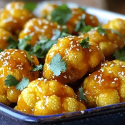 - 1 large cauliflower, cut into bite-sized florets - 1 cup all-purpose flour - 1 teaspoon garlic powder - 1 teaspoon onion powder - 1 teaspoon paprika - 1 cup water (or plant-based milk for creaminess) - 1 teaspoon salt - 1 cup breadcrumbs (panko or regular) - 1/2 cup orange juice (freshly squeezed for best flavor) - 1 tablespoon soy sauce - 2 tablespoons maple syrup - 1 teaspoon grated ginger - 1 teaspoon apple cider vinegar - Zest of 1 orange - Sesame seeds (for garnish) - Fresh cilantro, chopped (for garnish) If you need to swap some ingredients, here are a few ideas: - Use chickpea flour instead of all-purpose flour for a gluten-free option. - Instead of water, try using vegetable broth for added flavor. - You can use honey instead of maple syrup if you are not vegan. - For a soy-free glaze, substitute coconut aminos for soy sauce. When picking cauliflower, look for these signs: - Choose heads that feel heavy for their size. - The florets should be tightly packed and firm. - Avoid any yellow spots or dark patches. - Fresh leaves should look green and crisp. These tips help ensure you get the best cauliflower for your wings. Enjoy shopping! Start by preheating your oven to 425°F (220°C). Line a baking sheet with parchment paper. Take one large cauliflower and cut it into bite-sized florets. This step is key; smaller pieces cook more evenly. In a large bowl, mix one cup of all-purpose flour, one teaspoon of garlic powder, one teaspoon of onion powder, one teaspoon of paprika, and one teaspoon of salt. Gradually add one cup of water or plant-based milk. Whisk until smooth. Dip each cauliflower floret into the batter. Let excess batter drip off. Then, coat them with one cup of breadcrumbs. Ensure every piece is well-covered. Place the coated florets on the baking sheet in a single layer. While the wings bake, let’s make the orange glaze. In a small saucepan, combine half a cup of freshly squeezed orange juice, one tablespoon of soy sauce, two tablespoons of maple syrup, one teaspoon of grated ginger, one teaspoon of apple cider vinegar, and the zest of one orange. Heat the mixture over medium heat. Stir it until it reaches a gentle simmer. Allow it to reduce and thicken for about 5-7 minutes. After that, remove it from heat. This glaze gives the wings a sweet and tangy flavor that you will love. After baking for 25-30 minutes, check your wings. They should be golden and crisp. Remove them from the oven. Toss the cooked wings in the orange glaze until they are evenly coated. This step is important for flavor. Return the glazed wings to the oven for an extra 5-7 minutes. This helps caramelize the glaze, making it sticky and delicious. Once done, take them out and garnish with sesame seeds and chopped cilantro. Enjoy your tasty orange glazed cauliflower wings! To get that perfect crunch, start with dry cauliflower florets. Pat them down with a towel before dipping. Use panko breadcrumbs for extra crispiness. They create a light, airy texture. Make sure to coat each floret well in the batter and breadcrumbs. This helps them stay crispy during baking. Bake at 425°F (220°C) and flip halfway through. This ensures even cooking and browning. If you want even more crunch, try broiling the wings for a minute or two at the end. These orange glazed cauliflower wings shine on their own. Serve them as a fun appetizer or snack. They also work great as a side dish. Pair them with a fresh salad or grain bowl for a complete meal. You can even add them to tacos for a tasty twist. The sweet and tangy glaze makes them appealing to everyone, even picky eaters. For a colorful plate, add some carrot sticks and cucumber slices on the side. Dips can elevate your wings even more. A creamy ranch or zesty blue cheese dip pairs well with the sweet glaze. For a healthier option, try a yogurt-based dip with herbs. If you love spice, go for a sriracha mayo. As for sides, consider a crisp slaw or roasted veggies. These add a nice crunch and contrast to the wings. You can also serve them with fluffy rice or quinoa to balance the flavors. {{image_2}} To make spicy orange glazed cauliflower wings, add heat. Use 1-2 teaspoons of chili powder or cayenne pepper. Mix this into your flour blend before dipping the florets. You can also toss the wings in hot sauce after glazing. This kick will enhance the sweet orange flavor. If you want a different taste, try BBQ or teriyaki glazes. For BBQ, use your favorite sauce instead of the orange glaze. Brush it on during the last five minutes of baking. For teriyaki, mix soy sauce, brown sugar, and ginger. Toss the wings in this glaze for a sweet and savory twist. You can easily make this dish vegan. Substitute the all-purpose flour with chickpea flour. This will add a nutty flavor. Use plant-based milk in the batter for creaminess. Also, ensure your maple syrup is pure and vegan. To add more nutrition, toss in some chopped veggies like bell peppers or broccoli. To store leftover orange glazed cauliflower wings, first let them cool completely. Place them in an airtight container. Make sure to separate layers with parchment paper to avoid sticking. Store them in the fridge for up to three days. This keeps them fresh and ready for your next meal. When you are ready to enjoy your wings again, preheat your oven to 350°F (175°C). Spread the wings on a baking sheet. Heat for about 10-15 minutes, or until they are hot and crispy again. You can also use an air fryer for a quicker option. Just heat them at 350°F (175°C) for about 5-7 minutes. If you want to freeze your orange glazed cauliflower wings, follow these steps. First, let them cool completely. Then, place them in a single layer on a baking tray. Freeze them for about an hour to set. After that, transfer the wings to a freezer-safe bag or container. They can last up to three months in the freezer. When you’re ready to eat, bake them from frozen at 425°F (220°C) for about 20-25 minutes. Enjoy! Yes, you can prep these cauliflower wings ahead. Cut the cauliflower and make the batter. Store them in the fridge for up to 24 hours. When ready to cook, just coat them in breadcrumbs and bake. This saves time on busy days. You can enjoy these wings with many sauces. Here are a few ideas: - Ranch dressing for a creamy touch - Spicy sriracha for heat - Sweet chili sauce for a sweet kick - Blue cheese dressing for a bold flavor Experiment with your favorites! To thicken the orange glaze, let it simmer longer. Cook it until it reduces by half. You can also add a cornstarch slurry. Mix 1 tablespoon of cornstarch with 2 tablespoons of cold water. Stir this into the glaze while it simmers. This will give it a nice, thick texture. In this article, I shared a complete guide to making cauliflower wings. We covered the ingredients, cooking steps, and tips for a perfect texture. I also shared various glaze options, storage tips, and answered common questions. You can enjoy these tasty wings as a snack or meal. Try the variations to match your taste. With a little practice, you’ll make these crispy treats a favorite. So, get cooking and enjoy your delicious cauliflower wings!