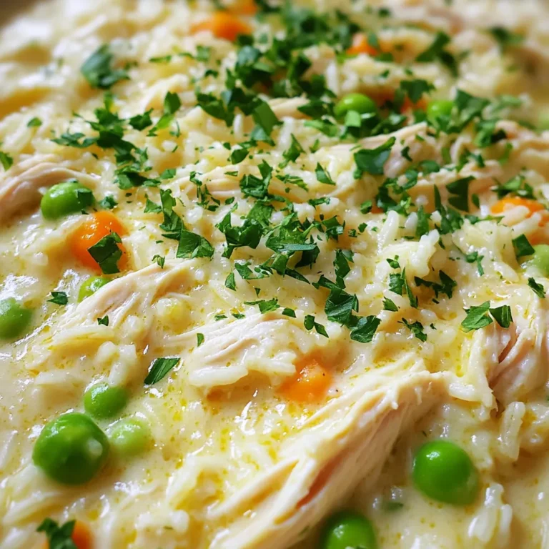 - 4 boneless skinless chicken breasts - 1 cup long-grain white rice - 2 cups chicken broth - 1 cup heavy cream - 1 cup grated Parmesan cheese - 1 teaspoon garlic powder - 1 teaspoon onion powder - 1 teaspoon dried Italian herbs (oregano, basil, thyme) - Salt and pepper to taste - 1 cup frozen peas and carrots - Fresh parsley, chopped (for garnish) - Optional serving suggestions: crusty bread, extra Parmesan Gathering the right ingredients is key to making this dish a hit. I love using boneless skinless chicken breasts for their tenderness. They soak up the flavors well. Long-grain white rice is perfect because it cooks evenly and adds a nice texture. For the creamy sauce, chicken broth makes a great base. Heavy cream adds richness that makes every bite feel special. Grated Parmesan cheese brings a salty, savory depth that blends beautifully with the chicken and rice. Don't forget the seasonings! Garlic powder and onion powder give that warm, comforting flavor. Dried Italian herbs like oregano, basil, and thyme add a fresh taste. Adjust salt and pepper to make it just right for your palate. If you want to add more color and nutrition, toss in some frozen peas and carrots. They not only taste great but also brighten up the dish. A sprinkle of fresh parsley on top makes for a lovely presentation. Serve with crusty bread to scoop up that creamy goodness, and you have a meal that everyone will love! - First, place the 4 boneless, skinless chicken breasts at the bottom of the slow cooker. - Next, rinse 1 cup of long-grain white rice under cold water until it runs clear. Add the rice on top of the chicken. - Now, in a bowl, mix 2 cups of chicken broth, 1 cup of heavy cream, and 1 cup of grated Parmesan cheese. - Add 1 teaspoon of garlic powder, 1 teaspoon of onion powder, and 1 teaspoon of dried Italian herbs. Don't forget salt and pepper to taste. - Stir the creamy mixture well to combine all the flavors. - Pour this sauce over the chicken and rice, making sure the rice is fully covered. - Cover the slow cooker with a lid. You can cook on low for 4-5 hours or on high for 2-3 hours. - Check the chicken and rice around the end of the cooking time to ensure they’re tender. - About 30 minutes before serving, add 1 cup of frozen peas and carrots. Stir gently to mix them in. - When cooking is done, shred the chicken using two forks. - Mix the shredded chicken back into the creamy rice. - Taste the dish and adjust seasonings if needed. Serve hot, and enjoy this creamy delight! To get that perfect creamy texture, you need the right ratio of cream. Use one cup of heavy cream in your mix. This gives the dish its rich flavor. Make sure the rice is fully submerged in the sauce. This helps it cook evenly and soak up all that tasty goodness. Fresh herbs can elevate your dish. Try using fresh basil or parsley for a bright taste. You can also adjust spice levels. If you like it spicy, add a pinch of red pepper flakes. This will give your creamy Parmesan chicken a nice kick. Prep ahead for busy weeknights. You can cut the chicken and measure the rice earlier. Store them in the fridge. You can also make this dish ahead of time. It reheats well in the microwave or on the stove. Just add a splash of chicken broth to keep it creamy. {{image_2}} You can change the protein in this dish easily. Turkey works well in place of chicken. Tofu is a great choice for a plant-based option. It soaks up flavors and adds texture. Switching grains is just as simple. Try quinoa for a nutty taste. Brown rice adds a hearty feel. Both options provide extra nutrients. Add different veggies to switch things up. Broccoli brings a nice crunch. Mushrooms add a rich, earthy flavor. Toss in what you like for a fun twist. You can also change the herbs. Mexican spices can give it a bold kick. Cajun blends add a spicy, smoky flavor. Experiment with what you have in your spice rack. If you need a gluten-free meal, use rice and check your broth. Most chicken broths are gluten-free, but always read labels. For a dairy-free version, swap heavy cream with coconut milk. Nutritional yeast can replace Parmesan cheese for a cheesy flavor. These swaps keep the dish creamy and delicious. To keep your creamy Parmesan chicken and rice fresh, cool it down quickly. After cooking, let it sit for about 30 minutes. Then, place it in a shallow container. This helps it cool faster. Use airtight containers to store leftovers. Label them with the date before putting them in the fridge. You can freeze this dish for later. First, let it cool completely. Then, transfer it to a freezer-safe container. Make sure to leave some space at the top, as the rice may expand. When you are ready to eat, take it out and thaw it in the fridge overnight. Reheat it in the microwave or on the stovetop, adding a splash of chicken broth for moisture. For the best taste and quality, eat the leftovers within three to four days if stored in the fridge. In the freezer, it can last up to three months. Watch for signs of spoilage like an off smell or mold. If you notice these, it's best to discard the dish to stay safe. Yes, you can. Use half-and-half or sour cream instead. This will change the taste and texture a bit. If you want it thicker, add a bit more cheese. To spice it up, add red pepper flakes or diced jalapeños. You can also include a spicy seasoning blend. Mix it into the creamy sauce for an extra kick. This dish goes well with simple salads, steamed veggies, or crusty bread. You could also serve it with garlic bread for a tasty combo. Yes, you can! Sauté the chicken in a pot, then add the rice and liquid. Cook on low heat until the rice is tender and the chicken is fully cooked. Check the thickest part of the chicken. It should reach 165°F (75°C) on a meat thermometer. The chicken should be white and no longer pink inside. This blog post detailed how to prepare creamy Parmesan chicken and rice. We covered main ingredients, seasonings, and add-ins that elevate flavor. You learned step-by-step instructions for cooking and serving this dish. Tips and tricks helped ensure a creamy texture and enhanced taste. Plus, we explored variations and safe storage methods. Now, you have the tools to make a delicious meal for any occasion. Enjoy sharing this dish with family or friends, knowing it’s versatile and satisfying!