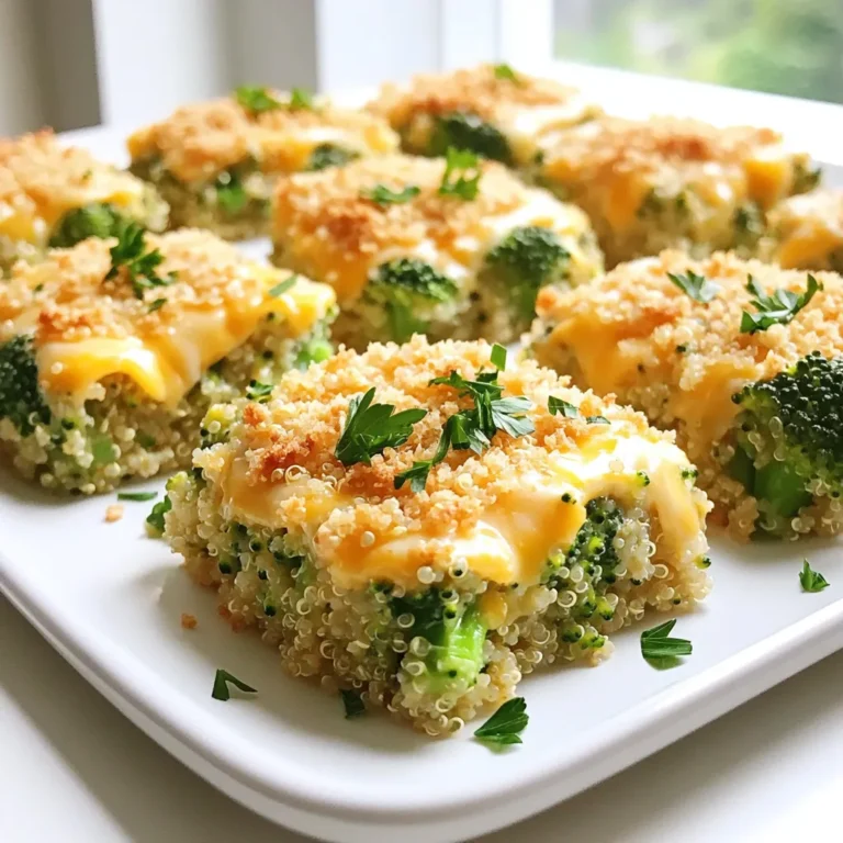 - 1 cup quinoa - 2 cups vegetable broth - 2 cups broccoli florets - 1 cup shredded sharp cheddar cheese - 1 cup cottage cheese - 1/2 cup mozzarella cheese - 2 large eggs - 2 cloves garlic, minced - 1 teaspoon onion powder - 1 teaspoon mustard powder - Salt and pepper to taste - 1/2 teaspoon red pepper flakes (optional) - 1/2 cup breadcrumbs - 2 tablespoons olive oil Gather these ingredients before you start cooking. Quinoa is the base of this dish. It adds texture and keeps it filling. The vegetable broth enhances the flavor, making the quinoa taste rich and warm. Broccoli florets bring a nice crunch and color. The cheeses provide a creamy texture. Sharp cheddar gives a bold flavor, while cottage cheese adds moisture. Mozzarella melts beautifully, making every bite gooey. Garlic adds a pop of flavor. It pairs well with the cheese and broccoli. For seasonings, onion and mustard powders enhance the dish's depth. Adjust salt and pepper to suit your taste. If you want some heat, add red pepper flakes. Breadcrumbs on top create a crunchy finish. Olive oil keeps them golden brown. This mix of ingredients makes the bake savory and delicious. 1. First, preheat your oven to 375°F (190°C). Next, lightly grease a 9x13 baking dish. This helps the bake not stick. 2. Rinse 1 cup of quinoa under cold water. Then, add it to a medium saucepan with 2 cups of vegetable broth. Bring it to a boil. Lower the heat, cover, and let it simmer for about 15 minutes. Once the liquid is gone, let it sit for 5 minutes. Use a fork to fluff it up. 3. While the quinoa cooks, take 2 cups of broccoli florets and steam them for 3-4 minutes. You want them tender but still bright green. Drain and set aside. 1. In a large mixing bowl, combine the cooked quinoa, steamed broccoli, and 1 cup each of shredded cheddar cheese, cottage cheese, and mozzarella cheese. 2. Crack in 2 large eggs and add 2 cloves of minced garlic, 1 teaspoon of onion powder, and 1 teaspoon of mustard powder. Season with salt and pepper to taste. If you like a kick, add 1/2 teaspoon of red pepper flakes. Mix everything together until well blended. 1. Now, transfer the mixture into your prepared baking dish. Spread it evenly across the dish. 2. In a small bowl, mix 1/2 cup of breadcrumbs with 2 tablespoons of olive oil, making sure the crumbs are coated. Sprinkle this mix over the top of the quinoa bake for a nice crunch. 3. Bake in your preheated oven for 25-30 minutes. You want the top to be golden brown and the cheese bubbling. 4. Once done, let it cool for about 5 minutes before slicing and serving. Enjoy your creamy broccoli cheddar quinoa bake. To get fluffy quinoa, rinse it well first. Rinsing removes a bitter coating. After cooking, let it sit for a few minutes. Then, fluff it gently with a fork. This makes it light and airy. When steaming broccoli, don’t overdo it. Steam for only 3-4 minutes. You want it tender but still bright green. This keeps it fresh and crunchy in your bake. Choosing the right cheese can change the flavor. Sharp cheddar gives a strong taste. You can also use gouda or gruyère for a twist. Both melt well and add depth. If you don’t have sharp cheddar, try medium cheddar. It works great too. For a lighter option, consider low-fat cheeses. Experiment with what you have on hand. Adjusting the seasonings matters. If you like it savory, add more onion powder. For a zesty kick, try extra mustard powder. Want some heat? Red pepper flakes are perfect. However, you can use cayenne pepper instead. Just add a little at a time to avoid too much spice. {{image_2}} You can easily make this dish fit many diets. If you want a vegetarian option, this recipe is already a great choice. Just skip any meat toppings. For gluten-free options, ensure you use gluten-free breadcrumbs. Quinoa is naturally gluten-free too, making it safe for those with gluten sensitivities. Not a fan of quinoa? You can swap it with rice or couscous. Both work well and taste great. If you need a dairy-free option, there are many cheese substitutes available today. Look for vegan cheese that melts nicely. This way, you can still enjoy that creamy texture without dairy. Feel free to get creative with your vegetables. Peas, carrots, or bell peppers can add fun colors and flavors. Want more protein? Add cooked chicken or tofu for extra heartiness. These additions can make the dish even more filling and nutritious. To keep your leftovers fresh, let the bake cool first. This step is key. Use an airtight container for storage. You can keep it in the fridge for up to four days. If you want to save it longer, freezing is a great option. When you’re ready to eat, use the oven or microwave. For the oven, preheat to 350°F (175°C). Heat it for about 15-20 minutes. This method keeps the texture nice. If using the microwave, heat in short bursts. Check every minute until warm. To freeze the bake, let it cool completely. Cut it into portions. Wrap each piece in plastic wrap. Then place them in a freezer-safe bag. It will last for up to three months. When ready to eat, thaw it overnight in the fridge. Then reheat as mentioned above. The Creamy Broccoli Cheddar Quinoa Bake can last for up to 5 days in the fridge. Store it in an airtight container to keep it fresh. Always check for any signs of spoilage before eating. Yes, you can prepare the quinoa bake ahead of time. Cook the quinoa and steam the broccoli a day before. Mix all the ingredients and store them in the fridge. When you're ready, just bake it. This saves time and makes dinner easy. I love serving this bake with a simple side salad. A fresh garden salad pairs well. You can also add crusty bread for a filling meal. For a protein boost, grilled chicken or tofu complements this dish nicely. This blog post covered a tasty Creamy Broccoli Cheddar Quinoa Bake. I shared the key ingredients, from quinoa to cheese, and detailed every step for easy cooking. I included tips to perfect texture and create your own flavor twists. You learned how to store, reheat, and even freeze leftovers. Now, you can try this dish at home. Enjoy the rich flavors and the chance to customize it to your liking!