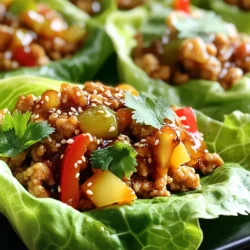 - 1 pound ground chicken - 3 tablespoons Sriracha sauce - 2 tablespoons honey - 2 tablespoons soy sauce (low-sodium) - 1 tablespoon rice vinegar - 1 tablespoon olive oil - 2 cloves garlic, minced - 1 tablespoon ginger, minced - 1 cup water chestnuts, diced - 1 small red bell pepper, diced - 1 green onion, sliced - 1 head of butter lettuce (or romaine), separated into leaves - Sesame seeds, for garnish - Fresh cilantro, for garnish To make Spicy Sriracha Honey Chicken Lettuce Wraps, I focus on fresh and bold flavors. The ground chicken serves as a great base. It cooks quickly and absorbs all the tasty sauces. Sriracha adds heat, while honey brings a sweet touch. Soy sauce and rice vinegar balance the mix, adding umami and tang. I love adding water chestnuts for crunch. They give each bite a fun texture. Diced red bell pepper adds color and sweetness. Green onion brings a fresh finish, making the wraps pop. For the wrap, I prefer butter lettuce. Its soft leaves hold the filling well. You can also use romaine if you like a sturdier wrap. Don’t forget the sesame seeds and cilantro! They make each bite look and taste special. Gather these ingredients, and you’re ready to create a meal that is full of flavor and fun. 1. Heat a large skillet over medium heat. 2. Add 1 tablespoon of olive oil to the skillet. 3. Mince 2 cloves of garlic and 1 tablespoon of ginger. 4. Sauté the garlic and ginger for about 1 minute. The smell will be nice! 5. Now, add 1 pound of ground chicken to the skillet. 6. Cook until the chicken is brown, about 5-7 minutes. Break it apart with a spatula. 1. In a small bowl, mix together: - 3 tablespoons Sriracha sauce - 2 tablespoons honey - 2 tablespoons low-sodium soy sauce - 1 tablespoon rice vinegar 2. Pour this sauce over the cooked chicken. 3. Stir well to coat the chicken evenly with the sauce. 1. Dice 1 cup of water chestnuts and 1 small red bell pepper. 2. Add these to the skillet. 3. Cook for another 2-3 minutes. The veggies should soften a bit. 4. Remove from heat and stir in sliced green onion. 5. To assemble, take a lettuce leaf. 6. Spoon a generous amount of the chicken mixture into the center. 7. Garnish with sesame seeds and fresh cilantro. Enjoy your wraps! To ensure the chicken is fully cooked, use a meat thermometer. Aim for a temperature of 165°F. This guarantees the chicken is safe to eat. Cook the chicken until it is no longer pink. Stir frequently for even cooking. If you want to adjust the spice level, you can add less Sriracha. For a milder taste, use only one tablespoon. You can also mix in some plain honey to balance the heat. For extra heat, add jalapeños or a sprinkle of red pepper flakes. The best sides to serve with lettuce wraps include rice or quinoa. These grains soak up the sauce well. You can also serve fresh veggies like carrots or cucumbers for crunch. Pair the wraps with dips or sauces for added flavor. A simple soy sauce or a spicy mayo works great. For a fresh twist, serve them with a lime wedge for a zesty kick. For substitutions, you can use ground turkey or beef if desired. They work well in this recipe. For a vegetarian option, try crumbled tofu or tempeh. Just make sure to adjust cooking times as needed. You can add extra toppings or mix-ins to your wraps. Try diced avocado for creaminess or shredded carrots for sweetness. Fresh herbs like mint or basil can elevate the dish too. Experiment and find your favorite combination! {{image_2}} You can swap ground chicken for ground turkey or beef. Both options work well in this dish. Ground turkey gives a leaner taste, while beef adds richness. If you prefer a meatless meal, try tofu or tempeh. Both options soak up flavors nicely. Simply crumble tofu or cube tempeh before cooking. Want to kick up the flavor? Add more spices like red pepper flakes or black pepper. Fresh herbs also enhance taste. Try cilantro, basil, or mint for a fresh twist. You can also play with sauces. Try hoisin or peanut sauce for a unique flavor. Each choice adds a new dimension to your wraps. Lettuce wraps are fun, but you can change them up. Use different types of lettuce like romaine or iceberg for a crunchier wrap. You can also serve the chicken mixture in bowls. Add rice or quinoa for a hearty meal. This way, everyone can customize their dish to their liking. To keep your Spicy Sriracha Honey Chicken Lettuce Wraps fresh, store them in the fridge. Place the chicken mixture in an airtight container. You can place the lettuce leaves in a separate bag. This helps keep them crisp. Store in the fridge for up to three days. If you want to keep the chicken mixture longer, you can freeze it. Let the chicken cool completely before transferring it to a freezer-safe bag. Squeeze out the air and seal it tight. This way, it can last for up to three months. When you’re ready to eat, thaw the chicken in the fridge overnight. Reheat it in a skillet over medium heat. Stir until it’s hot throughout. You can also microwave it. Just ensure it’s heated evenly. Leftovers of Spicy Sriracha Honey Chicken Lettuce Wraps are best eaten within three days. After that, the flavor and texture may change. If you notice any odd smells or changes, it’s best to toss them. Always trust your senses when it comes to food safety! These wraps pack a nice kick. Sriracha sauce is the main heat source. If you want less spice, use less Sriracha. You can also add more honey to balance the heat. Try adding a little bit of yogurt or sour cream. This helps cool down the spice too. Yes, you can prep these wraps ahead of time. Cook the chicken mixture and store it in the fridge. You can keep it for up to three days. When ready to serve, just reheat it. Assemble the wraps with fresh lettuce and toppings right before eating. This keeps the lettuce crisp and fresh. These wraps pair well with various sides. Try serving them with steamed rice or quinoa. You can also add a side of fresh veggies. A simple cucumber salad adds a nice crunch. For a complete meal, consider some spring rolls. They add a delicious touch to your dining experience. This article covered how to make Spicy Sriracha Honey Chicken Lettuce Wraps. We discussed all ingredients needed, from chicken to garnishes. I also shared steps for cooking the chicken and making the sauce. You learned tips to customize your wraps and ideas for storage. In the end, these wraps are fun to make and easy to enjoy. You can jazz them up with your favorite proteins and spices. Now, it's time for you to get cooking and try these delicious wraps!