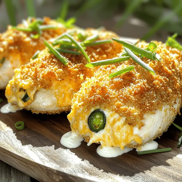 - 4 boneless, skinless chicken breasts - 4 oz cream cheese, softened - 1 cup shredded cheddar cheese - 1/2 cup jalapeños, diced (fresh or pickled) - 1/4 cup green onions, chopped - 1 cup breadcrumbs (preferably panko for extra crunch) - 2 tablespoons olive oil - 1 teaspoon garlic powder - Salt and pepper to taste - Cooking spray I prefer using boneless, skinless chicken breasts for this dish. They cook evenly and stay juicy. If you want a leaner option, try chicken thighs. For the cheese, I recommend sharp cheddar for a stronger flavor. You can also use mozzarella for a milder taste. If you can’t find fresh jalapeños, pickled ones work just fine. Panko breadcrumbs give the chicken a nice crunch. If you need a gluten-free option, use gluten-free breadcrumbs. For a dairy-free option, consider using a vegan cream cheese. - Chicken breasts: High in protein and low in fat, which makes them a healthy choice. - Cream cheese: Adds creaminess and richness to the filling. - Cheddar cheese: Packed with calcium and protein, cheddar also enhances flavor. - Jalapeños: These add heat and can boost metabolism. - Green onions: Provide a fresh taste, plus they have vitamins A and K. - Breadcrumbs: Create a crunchy texture and help retain moisture in the chicken. - Olive oil: A healthy fat that aids in browning and flavor. This mix of flavors and textures makes Jalapeño Popper Stuffed Chicken a true delight! - Preheat your oven to 375°F (190°C). This step is crucial for even cooking. - In a medium bowl, mix 4 oz of cream cheese, 1 cup of shredded cheddar cheese, 1/2 cup of diced jalapeños, and 1/4 cup of chopped green onions. Blend them well. Season with 1 teaspoon of garlic powder, salt, and pepper to taste. Set this creamy filling aside. - Take each chicken breast. Use a sharp knife to create a pocket. Slice into the thickest part, but do not cut all the way through. You want to keep the sides intact. - Stuff each chicken breast with the jalapeño popper mixture. Fill it generously. If needed, secure the opening using toothpicks. - Heat 2 tablespoons of olive oil in a large skillet over medium-high heat. Once the oil is hot, carefully add the stuffed chicken breasts. Sear them for 3-4 minutes on each side until they turn golden brown. - After searing, transfer the chicken to a baking dish. Lightly spray the tops with cooking spray for better browning. Bake in the preheated oven for 25-30 minutes. Check the internal temperature. It should reach 165°F (74°C) to be safe to eat. When making jalapeño popper stuffed chicken, avoid overfilling the chicken. If you stuff it too much, the filling may spill out while cooking. Also, don’t skip searing the chicken before baking. Searing helps lock in moisture and adds flavor. Lastly, ensure your oven is preheated. Cooking in an unheated oven can lead to uneven cooking. To make the filling smooth and creamy, blend the cream cheese well with the cheddar. This mix needs to be free of lumps. Use fresh jalapeños for a crisp bite, or pickled ones for added tang. Remember to chop the green onions finely. This helps the filling stick well and spread evenly throughout the chicken. For crispy breadcrumbs, use panko instead of regular breadcrumbs. Panko is lighter and gives a crunchier texture. Before coating the chicken, lightly spray it with cooking spray. This adds moisture and helps the breadcrumbs stick. After baking, consider broiling for a few minutes. This gives an extra crisp layer to the top of your chicken. {{image_2}} You can mix up the filling to make it your own. Try adding different cheese. Cream cheese works well, but you can use pepper jack or gouda for a kick. Each cheese adds its flavor and creaminess. You can also include other vegetables or meats. Try adding spinach for color and nutrition. You can even add cooked bacon bits for extra flavor. The options are endless! You can choose different ways to cook this dish. Grilling gives a smoky flavor. Just preheat your grill and cook the chicken until it’s done. The grill marks add a nice touch. Baking is the classic choice. It keeps the chicken moist and allows the cheese to melt perfectly. If you want a quicker option, use an air fryer. It cooks fast and gives a crispy outside. Just set it to 375°F and check for doneness. If you need gluten-free options, swap breadcrumbs for crushed nuts or gluten-free breadcrumbs. This keeps the crunch while staying safe for gluten-free diets. For low-carb options, skip the breadcrumbs altogether. You can use almond flour instead. It gives a nice texture and keeps carbs low while still being tasty. To store leftovers, let the chicken cool first. Place the stuffed chicken in an airtight container. Make sure to cover it well to keep moisture in. You can keep it in the fridge for up to three days. This helps maintain the flavor and texture. When you are ready to eat the leftovers, preheat the oven to 350°F (175°C). Place the chicken on a baking tray. Cover it with foil to keep it from drying out. Heat for about 15 to 20 minutes. Check if it's warm in the center. You can also use a microwave if you're in a hurry. Heat on medium power for 2 to 3 minutes, checking often. If you want to freeze the stuffed chicken, wrap each piece tightly in plastic wrap. Then, put them in a freezer bag. This keeps them fresh for up to three months. When you're ready to eat, thaw it overnight in the fridge. After thawing, you can reheat it as mentioned above. This method keeps the chicken juicy and tasty. To add heat, use more jalapeños. Fresh jalapeños give a nice kick. You can also add diced habaneros for more spice. If you want a smoky flavor, try smoked paprika. Another option is to sprinkle crushed red pepper flakes on top before baking. Yes, you can use frozen chicken breasts. Just remember to thaw them first. This helps in cooking evenly. You can thaw them overnight in the fridge. If you are in a hurry, use the microwave's defrost setting. Great sides include rice or quinoa. A fresh salad with greens and tomatoes works well too. You can also serve it with roasted vegetables like broccoli or carrots. For a fun twist, try tortilla chips with salsa or guacamole. This blog post covered everything you need for Jalapeño Popper Stuffed Chicken. We discussed the ingredients, preparation steps, and cooking methods. Knowing common mistakes can help you improve. There are also fun variations and dietary options to try. Finally, be sure to store leftovers properly for later enjoyment. Cook with confidence, and you’ll create a tasty dish everyone will love. Enjoy your cooking!