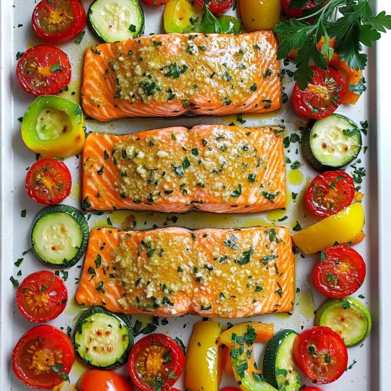 - 4 salmon fillets - 2 tablespoons olive oil - 4 cloves garlic, minced - 1/2 cup grated Parmesan cheese - 1 cup cherry tomatoes, halved - 1 zucchini, sliced into half-moons - 1 bell pepper, sliced Salmon fillets are the star of this meal. They are rich in flavor and nutrients. The olive oil helps to keep the salmon moist. Garlic adds a punch of flavor. Parmesan cheese gives a delicious crust. Fresh vegetables round out the dish, adding color and nutrition. Cherry tomatoes bring sweetness. Zucchini and bell peppers add crunch. - 1 teaspoon dried basil - 1 teaspoon dried parsley - Juice of 1 lemon - Salt and pepper to taste Dried basil and parsley add depth to the dish. Lemon juice brightens the flavors. Salt and pepper enhance all the tastes. Together, these seasonings elevate the simple ingredients. - Fresh parsley for decoration - Lemon wedges for serving Fresh parsley adds a pop of color and freshness. Lemon wedges are perfect for squeezing over the salmon. They add a zesty touch that pairs well with the dish. Enjoy your gourmet meal with these simple yet effective garnishes. 1. First, preheat your oven to 400°F (200°C). This step gets the oven ready for baking. 2. Line a sheet pan with parchment paper. This makes cleanup easy. 3. In a small bowl, mix together: - 2 tablespoons olive oil - 4 cloves garlic, minced - 1/2 cup grated Parmesan cheese - 1 teaspoon dried basil - 1 teaspoon dried parsley - Juice of 1 lemon - Salt and pepper to taste Mix these ingredients until they combine well. This mixture will add great flavor. 1. Place the 4 salmon fillets in the center of your prepared sheet pan. 2. Brush each fillet generously with the garlic Parmesan mixture. Make sure each piece gets nice coverage. 3. Now, it’s time to arrange the vegetables. Place 1 cup of halved cherry tomatoes, 1 sliced zucchini, and 1 sliced bell pepper around the salmon. 4. Drizzle a little olive oil over the veggies, and sprinkle with salt and pepper. This enhances their taste. 1. Bake your dish in the preheated oven for 15-20 minutes. 2. Watch for the salmon to turn opaque and flaky. The veggies should become tender during this time. 3. Once done, remove it from the oven and let it rest for a couple of minutes. This helps the flavors settle. 4. Finally, garnish with fresh parsley before serving. Enjoy your quick and tasty meal! To get the best salmon, look for opacity and flakiness. When your salmon is done, it should have a light pink color and flake easily with a fork. This means it is cooked just right. Resting the salmon is very important. Let it sit for a couple of minutes after baking. This helps keep it juicy and enhances the flavors. Tender vegetables make the meal better. To achieve this, cut them into even sizes. This helps them cook at the same rate. Cherry tomatoes, zucchini, and bell peppers work well together. Adjust cook times if you use other vegetables. For denser veggies, like carrots or potatoes, cut them smaller or start cooking them first. Plating can elevate your meal. You can serve directly from the sheet pan for a family-style look or plate each piece individually. For a nice touch, add lemon wedges on the side. This adds freshness and a pop of color. Consider pairing your dish with a light salad or a crisp white wine to enhance the flavors. {{image_2}} You can easily change the flavor of this dish. Try using different herbs like thyme or dill. Spice things up by adding some chili flakes for heat. You can also mix in citrus flavors. A splash of orange juice or lime can brighten up the salmon. For cheese lovers, swap out Parmesan for feta or goat cheese. Each choice can take this dish in a new direction. If you need an alternative to salmon, you have options. Chicken breasts work well and cook in a similar time. Shrimp is another great choice; just adjust the baking time. For a plant-based option, use firm tofu. Be sure to press it to remove excess water. If you need gluten-free or dairy-free options, skip the cheese or choose a dairy-free substitute. Use gluten-free soy sauce for added flavor without the gluten. Seasonal vegetables can enhance this dish. In summer, try adding corn or asparagus for freshness. In winter, root veggies like carrots and parsnips can add warmth. You can also adapt the flavors to match the season. Use lighter, bright ingredients in warmer months. In cooler weather, opt for heartier flavors like smoked paprika or rosemary. Embrace what’s in season to keep your meals exciting and fresh! To keep your garlic Parmesan salmon fresh, place leftovers in an airtight container. Make sure to cool the dish before sealing it. Store it in the fridge for up to three days. This helps to keep the salmon and veggies tasty. When you're ready to enjoy leftovers, reheating is key. I recommend using an oven to maintain texture. Preheat your oven to 300°F (150°C). Place the salmon and veggies on a baking sheet. Heat for about 10 minutes. This way, you keep the flavors and avoid drying out the salmon. You can freeze garlic Parmesan salmon, but there are some rules. First, let it cool completely. Wrap each portion tightly in plastic wrap, then in foil. This prevents freezer burn. Thaw the dish in the fridge overnight before reheating. Avoid freezing raw salmon mixed with the sauce to ensure the best taste. Yes, you can use frozen salmon. Just make sure to thaw it first. Place it in the fridge overnight or run it under cold water. Fresh salmon has a better taste and texture, but frozen works well too. Adjust cooking time if needed. Garlic Parmesan salmon pairs well with many sides. Here are some great options: - Steamed broccoli - Quinoa or rice - Mashed potatoes - A fresh green salad - Roasted asparagus These sides add color and flavor to your meal. To check if your salmon is done, look for these signs: - The flesh should be opaque and flake easily with a fork. - Use a food thermometer; the internal temperature should reach 145°F (63°C). - You can also press gently with a finger; it should feel firm but not hard. These tips help you serve perfectly cooked salmon. Yes, you can prep this meal ahead of time. Here are some tips: - Marinate the salmon and store it in the fridge for up to 2 hours. - Chop the vegetables and keep them in an airtight container. - Assemble everything on the sheet pan, then cover it and refrigerate. When ready to cook, just preheat the oven and bake. Enjoy a quick meal! This blog post covered the key steps to create a tasty garlic Parmesan salmon dish. I shared the main ingredients, seasoning tips, and cooking instructions for perfect salmon. You learned about variations and how to store leftovers. Using this recipe can help you make a meal that impresses. Get creative with flavors, and don’t shy away from trying different vegetables. Enjoy making this dish and sharing it with others. Your dinner table will shine!