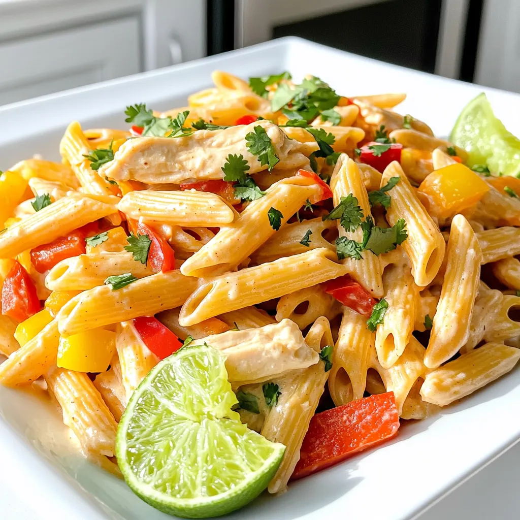 - 2 tablespoons olive oil - 1 pound chicken breast, sliced into thin strips - 1 red bell pepper, sliced - 1 yellow bell pepper, sliced - 1 small red onion, sliced - 3 cloves garlic, minced - 1 tablespoon fajita seasoning (store-bought or homemade) - 8 ounces penne pasta - 3 cups chicken broth - 1 cup heavy cream - Salt and pepper to taste - Fresh cilantro, chopped (for garnish) - Lime wedges (for serving) This dish shines with colorful veggies. The olive oil gives a nice flavor. Chicken breast adds protein and makes it filling. The red and yellow bell peppers bring sweetness and crunch. Onion adds depth, and garlic gives a great aroma. Fajita seasoning ties it all together. You can use store-bought or make your own mix. Penne pasta cooks perfectly in this creamy dish. It soaks up all the flavors. For the liquid, chicken broth keeps it savory. Heavy cream makes it rich and smooth. Salt and pepper balance the flavors, while fresh cilantro adds a pop of color. Lime wedges brighten the plate and give a zesty kick. Each bite is a fiesta! Start by heating 2 tablespoons of olive oil in a large pot. Use medium heat for this step. Once the oil is hot, add 1 pound of sliced chicken breast. Season the chicken with salt, pepper, and 1 tablespoon of fajita seasoning. Sauté the chicken for about 5-7 minutes. Cook it until it turns golden brown and is no longer pink inside. Remove the chicken from the pot and set it aside on a plate. In the same pot, add the sliced red and yellow bell peppers, along with the sliced red onion. Make sure to also add 3 cloves of minced garlic. Cook these vegetables for about 3-4 minutes. You want them to soften but still have a little crunch. Stir them often to prevent burning. Next, add 8 ounces of penne pasta and 3 cups of chicken broth to the pot. Stir everything together to mix well. Bring the mixture to a boil. Once it starts boiling, reduce the heat to low. Cover the pot and let it cook for about 10 minutes. Stir occasionally to keep the pasta from sticking. Cook until the pasta is al dente and has absorbed most of the broth. Now it’s time to add 1 cup of heavy cream to the pot. This will make the dish creamy and rich. Return the cooked chicken to the pot as well. Stir gently to combine everything together. Cook for an extra 2-3 minutes. This final step allows the pasta to soak up the creamy sauce. Taste your dish and adjust the seasoning with more salt or pepper if needed. Serve it hot, garnished with fresh cilantro and lime wedges on the side. To make your One Pot Creamy Chicken Fajita Pasta truly shine, focus on the seasoning. Start with the right amount of salt and pepper. Taste as you go. You can always add more, but you can't take it away. If it feels flat, a little more salt can help. Choosing a fajita seasoning is also key. You can use store-bought or make your own. If you want to make your own, mix chili powder, cumin, paprika, and garlic powder. This way, you control the spice level and flavor. Stirring often is essential when cooking pasta. It prevents the pasta from sticking to the pot. When you add the penne, stir it right away. This keeps it from clumping together. Make sure to check the pasta's texture. You want it al dente, or slightly firm. When you add the heavy cream, it will soften a bit more. If the pasta seems too dry, add a splash of chicken broth to moisten it. For a great presentation, serve directly from the pot. It creates a homey feel. If you want a more polished look, plate individual servings. Sprinkle fresh cilantro on top and add a squeeze of lime. Pair this dish with a simple side salad or garlic bread. A refreshing beverage like iced tea or a light beer works well too. These sides balance the meal and enhance the flavors. {{image_2}} You can easily change the protein in this dish. If you love seafood, try using shrimp. Shrimp cooks fast and adds a nice flavor. Just sauté it until pink and tender. If you prefer beef, use thin strips of flank steak. Cook it the same way as chicken. For a vegetarian option, try using black beans or chickpeas. They add protein and a great texture. Feel free to swap out the pasta. You can use any pasta shape you like. Bowtie or fusilli pasta work well too. If you want a healthier option, try whole wheat pasta. You can also change the veggies. Add zucchini or corn for extra taste. Spinach can be mixed in near the end for some greens. The more colors, the better! If you need a gluten-free meal, choose gluten-free pasta. Many brands offer pasta that tastes great. For a dairy-free version, use coconut milk instead of heavy cream. It adds a subtle sweetness and creamy texture. You can also find dairy-free cream options at the store. Just check the labels for best results. To keep your One Pot Creamy Chicken Fajita Pasta fresh, store it in an airtight container. This method keeps air out and moisture in. Place the container in the fridge. It will last about three to four days. For longer storage, you can freeze it. Divide the pasta into portions. Use freezer-safe bags or containers. Make sure to remove as much air as possible. This way, it can last for up to three months. When you're ready to enjoy your leftovers, reheating is easy. For the microwave, place a portion in a bowl. Cover it with a microwave-safe lid or wrap. Heat in short bursts, about one to two minutes. Stir after each burst to heat evenly. If you prefer the stovetop, heat a non-stick skillet over medium heat. Add a splash of chicken broth or water to prevent sticking. Add the pasta and stir often. Heat until it's warm throughout, about five to seven minutes. Enjoy your creamy pasta just as much as the first time! To prep this dish ahead of time, start by cooking the chicken and veggies as directed. Once cooked, let them cool. Store them in an airtight container. You can cook the pasta separately and mix it later. Combine the pasta with the chicken and veggies when you’re ready to eat. Reheat gently on the stove or in the microwave, adding a splash of chicken broth if needed. This helps keep the pasta creamy and fresh. Yes! You can swap penne for other types of pasta. Good substitutes include fusilli, rotini, or even spaghetti. Just remember that cooking times may vary. Check the package directions to get it just right. You want the pasta to be al dente, so it holds up well in the creamy sauce. Absolutely! To add some heat, consider these tips: - Use spicy fajita seasoning instead of mild. - Add sliced jalapeños or diced green chilies when cooking the chicken. - Stir in a dash of cayenne pepper for an extra kick. Adjust to your taste and enjoy your spicy twist on this creamy dish! You now have all the steps to make One Pot Creamy Chicken Fajita Pasta. We covered the main ingredients, cooking methods, and helpful tips. Remember to adjust flavors to find your best taste. You can swap proteins or vegetables if you want variety. Store your leftovers well to enjoy later. Cooking this dish can be a fun and tasty experience. Dive in and make it your own! Enjoy your meal!