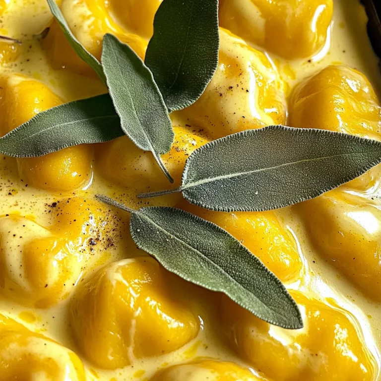 - 1 pound gnocchi (store-bought or homemade) - 1 cup pumpkin puree (canned or fresh) - 1 cup heavy cream - 1 cup grated Parmesan cheese - 2 tablespoons butter - 2 garlic cloves, minced - 1/2 teaspoon nutmeg - Salt and pepper to taste - Fresh sage leaves, for garnish For this creamy pumpkin Alfredo gnocchi, I choose gnocchi as the base. You can buy it pre-made or make it yourself. Store-bought is easy and saves time. Next, I use pumpkin puree, which gives a rich taste and a lovely color. You can use canned or fresh pumpkin. Heavy cream adds a velvety texture. I love adding grated Parmesan cheese for a savory kick. Butter and minced garlic create a warm flavor base for the sauce. Nutmeg adds a hint of warmth that pairs perfectly with pumpkin. Salt and pepper are simple but key to bringing out all the flavors. Finally, fresh sage leaves not only look beautiful but also add a fresh aroma. This mix of ingredients makes a cozy dish that warms your heart. Start by bringing a large pot of salted water to a rolling boil. This is key for cooking the gnocchi. Once the water is boiling, add your gnocchi. If using store-bought gnocchi, follow the package instructions. Cook until the gnocchi float to the surface. This usually takes about 2 to 3 minutes. When they float, they are done! Drain them and set them aside for later. In a large skillet, melt 2 tablespoons of butter over medium heat. Once melted, add 2 minced garlic cloves. Sauté the garlic for about 1 minute. You want it fragrant but not brown. Next, stir in 1 cup of pumpkin puree and 1 cup of heavy cream. Mix well to combine the flavors. Cook this mixture for about 2 to 3 minutes until it is heated through. Gradually add 1 cup of grated Parmesan cheese to the sauce. Stir it in until it melts and forms a smooth, creamy texture. For added flavor, season the sauce with 1/2 teaspoon of nutmeg, and salt and pepper to taste. If your sauce seems too thick, you can thin it out with a little pasta water. Gently fold the cooked gnocchi into the sauce. Ensure each piece is fully coated with the creamy sauce. To serve, plate the gnocchi in shallow bowls. For a nice touch, garnish each plate with fresh sage leaves. This adds flavor and color to your dish. Enjoy your cozy comfort meal! To add depth to the sauce, use fresh herbs. Sage pairs well with pumpkin. You can also try thyme or rosemary. A pinch of cayenne gives a nice kick. For a touch of sweetness, add a little maple syrup. This balances the pumpkin's flavor and makes it richer. For a creamy sauce, keep the heat low. This prevents the cream from curdling. Stir often to keep everything smooth. If the sauce feels too thick, add pasta water. Start with a tablespoon and mix well. This will help you get the perfect consistency. You can prepare some ingredients in advance. Chop garlic and store it in the fridge. You can also measure out your spices. Cooked gnocchi can sit for a bit, but don’t let them cool too long. For leftovers, reheat on low heat. Add a splash of cream or pasta water to keep it smooth. {{image_2}} You can switch up the cheese for fun flavors. Try using mozzarella or goat cheese. These options add unique tastes to the creamy sauce. For those needing gluten-free choices, look for gluten-free gnocchi options. Many stores now offer tasty gluten-free brands made from rice or potato flour. Want a vegan or dairy-free version? Use coconut cream instead of heavy cream. A dairy-free cheese can replace Parmesan. Adding protein can make this dish heartier. Try cooked chicken or shrimp for a boost. You can sauté them in the same pan after the garlic. To celebrate fall, add veggies like mushrooms or spinach. They pair well with pumpkin. If you want summer flavors, swap pumpkin for zucchini or yellow squash. These lighter veggies keep the dish fresh and bright. Don't be afraid to mix and match for your taste! After enjoying your creamy pumpkin Alfredo gnocchi, let it cool first. This helps keep the flavors fresh. Use airtight containers for storage. These keep moisture in and air out. Glass or plastic containers work well. You can store leftovers in the fridge for 3 to 4 days. To freeze gnocchi and sauce, portion them out. Place them in freezer-safe containers. You can also use freezer bags. Remove as much air as you can. This prevents freezer burn. The gnocchi and sauce can last up to 3 months in the freezer. To thaw, place them in the fridge overnight. You can also use the microwave for quick thawing if needed. When reheating, use a low heat on the stove. This helps keep the sauce creamy. Stir often to avoid sticking. If the sauce separates, add a splash of cream. This helps bring it back together. You can also use the microwave, but be careful. Heat in short bursts, stirring in between. This keeps the dish rich and smooth. Yes, you can use homemade gnocchi. Fresh gnocchi often has a lighter texture. Just make sure to cook it until it floats. This shows it's ready. The pumpkin puree is key for flavor and creaminess. It adds a nice autumn taste. If you skip it, the dish will lose its special touch. To thicken your Alfredo sauce, use more cheese. You can also let it simmer longer. If it’s still too thin, add a bit of pasta water. This helps create a perfect texture. You can serve it with a simple green salad. Garlic bread or roasted vegetables make great sides too. They complement the dish's rich taste well. Yes, you can use other squash. Butternut squash works nicely. It gives a similar sweet flavor. Just make sure to puree it well for a smooth sauce. In this blog post, I shared a simple recipe for creamy pumpkin Alfredo gnocchi. We covered the main and additional ingredients, step-by-step cooking instructions, helpful tips, and ways to make variations. You can enhance the flavor and adjust it for dietary needs. Remember to store leftovers properly and reheat them well. This dish is both delicious and versatile, perfect for various occasions. Enjoy making this comforting meal and impress your friends and family with your culinary skills.