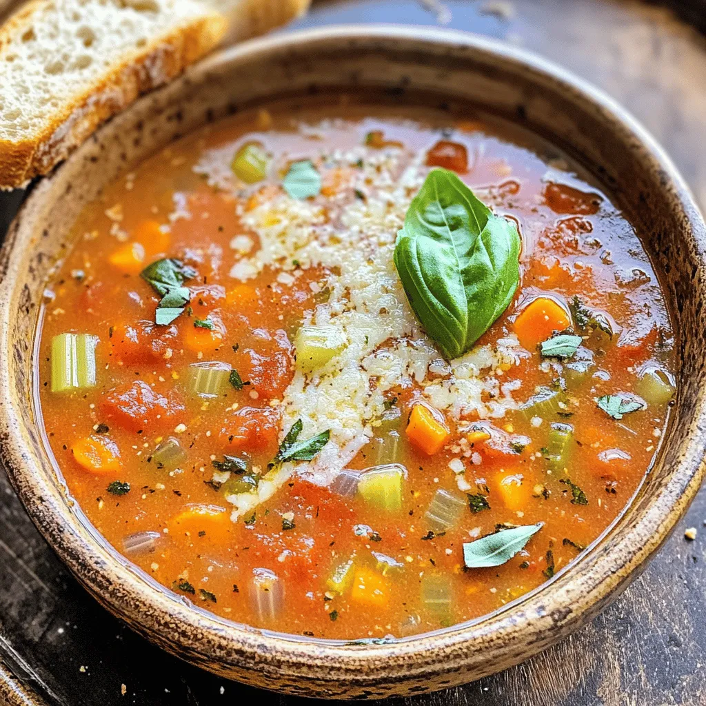 To make Slow Cooker Tuscan Tomato Soup, you need: - 2 cans (28 oz each) crushed tomatoes - 1 medium onion, chopped - 3 garlic cloves, minced - 2 carrots, diced - 2 celery stalks, diced - 4 cups vegetable broth - 1 teaspoon dried basil - 1 teaspoon dried oregano - 1 teaspoon red pepper flakes (optional) - 1 cup heavy cream or coconut milk - Salt and pepper to taste - Fresh basil leaves for garnish - Grated Parmesan cheese (optional) You can easily adapt this soup for different diets. For a dairy-free option, use coconut milk instead of heavy cream. This keeps the soup creamy and rich. If you need it gluten-free, check your vegetable broth. Most brands are gluten-free, but always read the label to be sure. For the best flavor, I suggest these brands: - Crushed Tomatoes: San Marzano tomatoes are great for depth of flavor. - Vegetable Broth: Swanson Organic Vegetable Broth is rich and flavorful. - Coconut Milk: Thai Kitchen makes a creamy coconut milk that works well. - Parmesan Cheese: BelGioioso Parmesan is excellent for grating over the soup. These choices help boost the taste and quality of your soup! Let’s get started on your Tuscan tomato soup. First, gather all your ingredients. You will need: - 2 cans (28 oz each) crushed tomatoes - 1 medium onion, chopped - 3 garlic cloves, minced - 2 carrots, diced - 2 celery stalks, diced - 4 cups vegetable broth - 1 teaspoon dried basil - 1 teaspoon dried oregano - 1 teaspoon red pepper flakes (optional) - 1 cup heavy cream or coconut milk - Salt and pepper to taste - Fresh basil leaves for garnish - Grated Parmesan cheese (optional) Now, chop the onion, carrots, and celery. Mince the garlic. It’s okay to use canned tomatoes; they save time. Add all these fresh ingredients into your slow cooker. Pour in the crushed tomatoes and vegetable broth next. Now, add the dried herbs and seasonings. Mix everything well. It should smell great already! You can cook this soup on low or high. If you choose low, your soup will need 6-8 hours. This slow method lets the flavors blend beautifully. If you want it done quicker, set the slow cooker to high. It will take about 3-4 hours. Either way, the soup will taste amazing! Once the soup is done cooking, it’s time to blend it. If you like a smooth soup, use an immersion blender. Blend until it’s creamy. If you prefer some chunks, only blend half of the soup. This gives you a nice mix of textures. After blending, stir in the heavy cream or coconut milk. Heat it on low for an extra 15-30 minutes. Now your Tuscan tomato soup is ready to serve! Enjoy it with fresh basil and Parmesan. To boost the flavor in your Slow Cooker Tuscan Tomato Soup, think about using herbs and spices. Fresh herbs add a bright taste. You can use fresh basil instead of dried. Just add it at the end of cooking for the best flavor. For a more complex taste, try adding garlic powder or onion powder. They work well if you want a stronger flavor. You can also play with spices. If you like heat, add more red pepper flakes. A pinch of sugar can balance acidity from the tomatoes too. Serve your soup in rustic bowls. A drizzle of cream on top looks nice. Fresh basil leaves add a pop of color. Pair the soup with crusty bread. It’s perfect for dipping! You can also add a side salad. A simple mix of greens with olive oil works great. For a heartier meal, serve it with grilled cheese sandwiches. They go well together and make a filling dinner. One mistake is not blending enough. Blend until smooth unless you want it chunky. If you blend too little, the soup can be watery. Another common error is overcooking the vegetables. They should be tender but not mushy. Stick to the cooking times for the best texture. Lastly, be careful with salt. Taste your soup before adding more. The broth and cheese can be salty on their own. Adjust slowly to avoid oversalting. {{image_2}} You can add protein to your soup for more heartiness. Cooked chicken or sausage works well. If you use chicken, shred it before adding. For sausage, slice it and brown it first for more flavor. If you prefer beans, use canned ones like white beans or chickpeas. Just rinse and stir them in during the last hour of cooking. This change makes the soup filling and nutritious. Feel free to add seasonal vegetables to enhance the soup's flavor. Zucchini, spinach, or bell peppers blend nicely. Chop them into small pieces to ensure they cook well. Add these veggies with the other ingredients at the start. This method allows the vegetables to soften and soak up the flavors. It also adds color and nutrition to your bowl. If you want a vegan version, swap heavy cream for coconut milk. Coconut milk adds a rich texture without dairy. You can also use cashew cream for a nutty flavor. To make cashew cream, blend soaked cashews with water until smooth. Stir your choice of cream into the soup before serving. This keeps it creamy and delicious, while still being plant-based. To store leftover soup, let it cool first. Pour it into an airtight container. You can keep it in the fridge for about 3 to 5 days. Make sure to label the container with the date. This helps you know when to eat it. If you want to freeze the soup, use freezer-safe bags or containers. Fill them up, leaving some space for expansion. The soup can last in the freezer for up to 3 months. When you’re ready to eat it, move it to the fridge the night before. This helps it thaw slowly and safely. To reheat the soup, pour it into a pot. Heat it on low to medium heat, stirring often. You can also use a microwave. Put it in a safe bowl and heat for 2 to 3 minutes. Stir halfway through for even warming. If the soup is too thick, add a splash of broth or water. Enjoy your warm bowl of soup! To thicken your soup, you can use a few methods. First, blend the soup longer. This will break down the veggies more. You can also add a cornstarch slurry. Mix one tablespoon of cornstarch with two tablespoons of cold water. Stir this mix into the soup and heat for a few minutes. Another option is to add more heavy cream or coconut milk. This adds richness and thickness. Yes, you can make this soup on the stovetop! Start by sautéing the onion, garlic, carrots, and celery in a pot for about 5 minutes. Then, add the crushed tomatoes, vegetable broth, and spices. Bring the soup to a boil, then lower the heat and simmer for 20-30 minutes. Blend the soup as you like and stir in the cream. It's quick and just as tasty! This soup will stay fresh in the fridge for about 3-4 days. Store it in an airtight container to keep it safe. If you want to keep it longer, think about freezing it. Just make sure to leave some space in the container for expansion. When you're ready to eat it, thaw in the fridge overnight and reheat on the stove. Enjoy every bite! This blog post covered everything you need to make a delicious soup. You learned about key ingredients, smart substitutions, and the best brands to use. We shared step-by-step instructions and tips to enhance flavor. You now have ideas for variations to suit your taste, plus storage and reheating advice. Soup can be a fun and easy meal for anyone. Enjoy the process, and feel free to experiment. Happy cooking!
