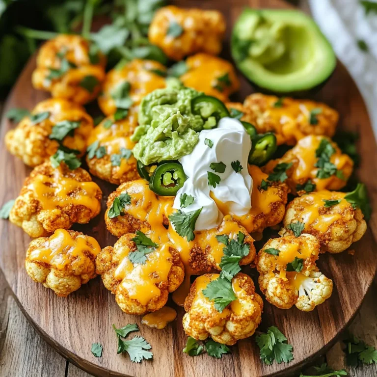 - Cauliflower florets - Olive oil - Taco seasoning - Shredded cheddar cheese - Optional toppings: sour cream, guacamole, jalapeños, chopped cilantro - Garlic powder - Salt and pepper Air Fryer Nacho Cauliflower Bites start with fresh cauliflower florets. Using a medium head of cauliflower, cut it into bite-sized pieces. This size helps them cook evenly and become crispy. Next, you need olive oil. This oil adds flavor and helps the seasoning stick to the cauliflower. Use about two tablespoons for the best result. Now, let’s talk about taco seasoning. This spice mix adds a bold flavor. You can buy it or make your own at home. Either way, you’ll want one tablespoon for this recipe. After that, we add some fun! The cheesy toppings are what make these bites so tasty. Shredded cheddar cheese is a must. It melts beautifully and gives a rich flavor. You can also add optional toppings like sour cream, guacamole, jalapeños, or chopped cilantro. These add extra flavor and fun to your bites. Don’t forget about seasonings! Garlic powder, salt, and pepper can really elevate the taste. Use half a teaspoon of garlic powder, plus salt and pepper to your liking. With these ingredients ready, you’re set to make a fun, crunchy snack! Set your air fryer to 400°F (200°C). This temperature is key for a perfect crunch. Preheating helps the cauliflower cook evenly. First, cut your cauliflower into bite-sized florets. In a large bowl, mix the florets with: - 2 tablespoons olive oil - 1 tablespoon taco seasoning - 1/2 teaspoon garlic powder - Salt and black pepper to taste Toss well to coat each piece. Next, add 1 cup of crushed tortilla chips. Mix gently so the chips stick but do not break the florets. Place the cauliflower bites in a single layer in the air fryer basket. You may need to cook them in batches. Air fry for 12-15 minutes. Shake the basket halfway through cooking. This ensures they cook evenly and get crispy. When the bites are golden brown, sprinkle 1 cup of shredded cheddar cheese on top. Return them to the air fryer for another 2-3 minutes. This melts the cheese and adds a delicious finish. Once done, let them cool slightly before serving. Enjoy these bites with optional toppings like sour cream or guacamole! To get your cauliflower bites nice and crispy, shake the basket during cooking. This helps them cook evenly. If you have a lot of cauliflower, cook in batches. This keeps everything crispy and tasty. You can customize spice levels to match your taste. Add more taco seasoning for heat or use less for a milder flavor. For extra fun, try different toppings. Jalapeños add heat while sour cream cools things down. Guacamole adds creaminess, and chopped cilantro gives freshness. These bites pair well with many dips. Try salsa for a fresh kick or cheese dip for extra creaminess. For a fun way to present, arrange the bites on a large platter. Add bowls of dips around for easy access. Your guests will love the look and taste! {{image_2}} You can easily change the flavor of your Air Fryer Nacho Cauliflower Bites. Try using a homemade taco seasoning for a fresh twist. Mix these spices for a simple blend: - 1 tablespoon chili powder - 1 teaspoon cumin - 1 teaspoon onion powder - 1/2 teaspoon paprika You can also explore other flavors. Buffalo sauce gives a spicy kick, while BBQ sauce adds a sweet touch. Just adjust the sauce amounts to fit your taste. If you want to skip dairy, use vegan cheese. Brands like Daiya or Violife melt well and taste great. For a spicy punch, try pepper jack cheese instead of cheddar. It adds a nice heat and flavor to your bites. You can mix other veggies with cauliflower for added crunch. Bell peppers and zucchini work well and add color. You can also combine the bites with black beans or chickpeas for extra protein. This makes the snack heartier and more filling. To keep your nacho cauliflower bites fresh, place them in an airtight container. Make sure they cool before sealing. Store them in the fridge. They stay fresh for about 3 days. If you want them to last longer, consider freezing. You can reheat the bites in the air fryer or the oven. For the air fryer, set it to 350°F (175°C) and cook for 5-7 minutes. This keeps them crispy. If using the oven, preheat to 350°F (175°C) and heat for about 10 minutes. Keep an eye on them to avoid sogginess. To freeze the cauliflower bites, let them cool completely. Then, place them in a single layer on a baking sheet and freeze until firm. Once frozen, transfer them to a freezer bag. They can stay frozen for up to 2 months. When ready to eat, reheat directly from frozen in the air fryer for about 10-12 minutes at 400°F (200°C). Enjoy them crispy and delicious! You can pair Air Fryer Nacho Cauliflower Bites with many fun sides and dips. Here are some ideas: - Sour cream: A cool and creamy dip. - Guacamole: Smooth and rich avocado spread. - Salsa: Fresh and zesty, it adds a nice kick. - Jalapeños: For those who love extra heat. - Chopped cilantro: Adds a fresh touch. These sides make your bites even tastier and more enjoyable! Yes, you can use frozen cauliflower. Here are some tips for cooking frozen florets: - Thaw the florets first to help them cook evenly. - Pat them dry with a paper towel to remove excess moisture. - Follow the same steps for coating and seasoning as fresh cauliflower. Frozen cauliflower can still be crispy and delicious! The best air fryer for this recipe should fit your needs. Here are some recommendations: - Size: A medium or large air fryer is ideal. It allows for more cauliflower bites at once. - Features: Look for an air fryer with adjustable temperature settings and a timer. - Brand: Popular brands like Ninja or Cosori offer great options. A good air fryer ensures you get crispy bites every time! Air fryer nacho cauliflower bites are simple and fun to make. Start with fresh cauliflower, olive oil, and taco seasoning. Coat the florets, air fry, and add cheese for a delicious topping. Use tips to shape the perfect crunch and customize flavors. Store leftover bites properly and reheat them easily for later. These bites are a tasty option for any gathering and pair well with various dips. Enjoy the flavor and have fun experimenting with new toppings and seasonings. Happy cooking!