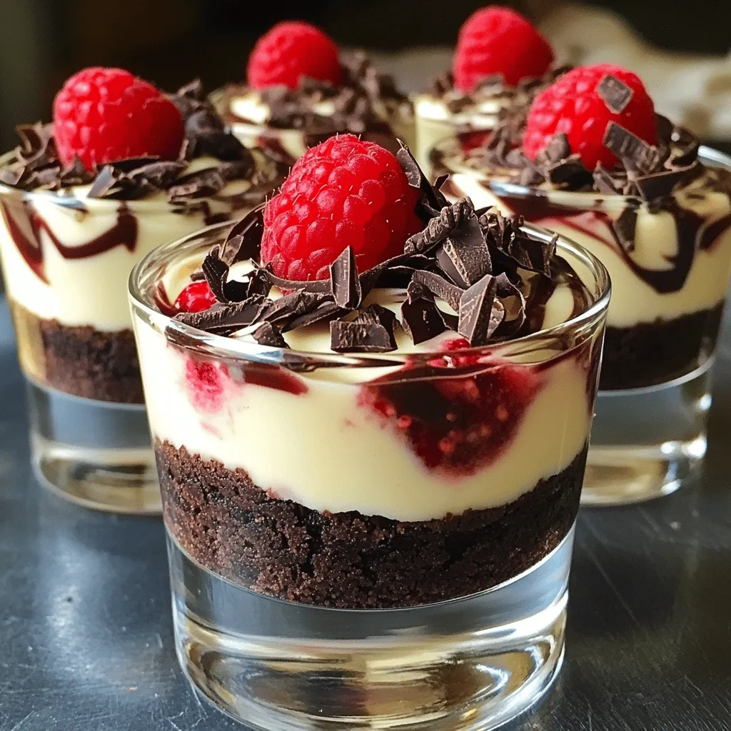 - 1 cup chocolate cookie crumbs - 3 tablespoons unsalted butter, melted - 8 oz cream cheese, softened - 1/2 cup powdered sugar - 1/2 cup heavy whipping cream - 1 teaspoon vanilla extract - 1 cup fresh raspberries - 1/4 cup dark chocolate chips, melted - Extra raspberries and chocolate shavings for garnish When you pick ingredients, quality matters. Use fresh raspberries for the best taste. Look for ripe, firm berries with no spots. Choose unsalted butter for better control of salt in the recipe. Cream cheese should be soft, not cold, for easy mixing. When you buy chocolate chips, go for dark chocolate for rich flavor. The higher the cocoa content, the better. You can swap some ingredients to fit dietary needs. If you want a gluten-free option, use gluten-free chocolate cookie crumbs. For a dairy-free version, look for vegan cream cheese and coconut cream instead of heavy cream. If someone is allergic to nuts, check labels on cookie crumbs. Always read the package for hidden ingredients. To start, grab a medium bowl. Mix together 1 cup of chocolate cookie crumbs with 3 tablespoons of melted unsalted butter. Stir until it looks like wet sand. Press this mixture firmly into the bottom of your serving cups. This forms the crust layer. Chill the cups in the fridge for about 10 minutes to help it set. Next, take a large mixing bowl. Beat 8 ounces of softened cream cheese with an electric mixer. Keep mixing until it’s smooth and creamy. Then, add in 1/2 cup of powdered sugar and 1 teaspoon of vanilla extract. Mix until everything is well blended. In a separate bowl, whip 1/2 cup of heavy cream. Beat until stiff peaks form. Now, gently fold this whipped cream into your cream cheese mixture. Once combined, swirl in 1/4 cup of melted dark chocolate. This creates a nice marbled effect. Now, it’s time to assemble. Spoon the cheesecake mixture over the chilled cookie crusts in each cup. Fill them nearly to the top, leaving space for the raspberries. Next, place fresh raspberries on top. Press them gently into the cheesecake. Finally, chill the cups in the fridge for at least 2 hours. This cooling time helps the cheesecake firm up. Before serving, drizzle some melted chocolate on top and add extra raspberries and chocolate shavings for garnish. Enjoy your delightful treat! To get a smooth, creamy cheesecake, soften the cream cheese first. Use an electric mixer to blend it until it’s soft. Mix in the powdered sugar and vanilla well. This step helps avoid lumps. When you whip the heavy cream, whisk until you see stiff peaks. Gently fold this whipped cream into the cream cheese mix. This keeps the cheesecake light and airy. Garnishing makes your cheesecake cups look nice. After chilling, add fresh raspberries on top. Press them gently into the cheesecake. This makes them stick better. Drizzle melted chocolate over the cups for a tasty touch. Use a grater to add chocolate shavings too. This adds a nice look and taste. One common mistake is not chilling the crust long enough. Always chill for at least 10 minutes. This helps it set properly. Another mistake is overmixing the cream cheese. Mix just until smooth; lumps are okay. Remember not to skip the whipping of the cream. It keeps your cheesecake light and fluffy. Lastly, let the cheesecake chill for at least 2 hours before serving. This helps it firm up nicely. {{image_2}} You can change up the flavors in your cheesecake cups. Try using strawberries instead of raspberries. You can also mix in lemon zest for a bright twist. Another great option is to add some peanut butter to the cream cheese mix. This gives a rich, nutty taste. You can even swap chocolate for white chocolate. Each option offers a new taste adventure. While chocolate cookie crumbs shine, other crusts can be just as tasty. Use graham crackers for a classic flavor. You can also try crushed Oreos for a fun twist. If you want something healthier, blend nuts and dates to form a base. Each crust change can add a unique touch to your cheesecake cups. You can make these cheesecake cups vegan or gluten-free with a few swaps. For a vegan version, use coconut cream instead of cream cheese. You can sweeten it with maple syrup. Use gluten-free cookies for your crust. This way, everyone can enjoy these treats without worry. Each adaptation keeps the great taste while meeting dietary needs. To keep your no-bake raspberry chocolate cheesecake cups fresh, store them in the fridge. Use an airtight container to prevent moisture loss. If you stack the cups, place parchment paper between them. This avoids a messy situation. You want to keep the toppings intact. These cheesecake cups last about 3 to 4 days in the fridge. If you want to extend their life, you can freeze them. Wrap each cup in plastic wrap, then place them in a freezer-safe bag. They will stay good for about 2 months. Thaw them in the fridge before serving. You don’t need to reheat cheesecake cups. They taste best cold. If you have leftover crust or filling, store them separately. You can use the crust for other desserts or as a topping. Keep the filling in a sealed container in the fridge for up to 3 days. Yes, you can make these cheesecake cups ahead of time. It is a great way to save time. Prepare the cups and chill them in the fridge. You can make them one day before serving. This will enhance the flavors and texture. Just be sure to cover them well to prevent drying out. These cheesecake cups can last up to three days in the fridge. After that, they may start to lose their freshness. Keep them in an airtight container for best results. If you see any changes in color or smell, it’s best to discard them. Absolutely! You can use many fruits in place of raspberries. Strawberries, blueberries, or blackberries work well. Each fruit will add a unique flavor. Just make sure to adjust the sweetness if needed. Fresh fruits will give your cheesecake cups a lovely touch. In this blog post, we explored how to make No-Bake Raspberry Chocolate Cheesecake Cups. We covered the ingredients needed, measured details, and substitutions for your diet. You learned step-by-step instructions, tips for texture, and common mistakes to avoid. I also shared variations for flavors and crusts, along with storage info for keeping them fresh. Remember, these cups are easy to adapt and delicious. Try different flavors or crusts to find your favorite! Enjoy making this treat and impressing your friends with your skills.