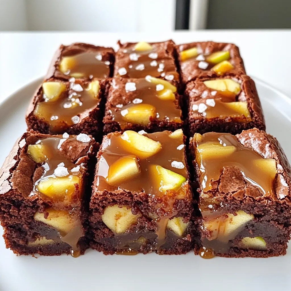 To make these salted caramel apple brownies, gather the following items: - 1 cup unsalted butter, melted - 1 cup brown sugar - ½ cup granulated sugar - 4 large eggs - 1 teaspoon vanilla extract - 1 cup all-purpose flour - ½ cup unsweetened cocoa powder - ½ teaspoon baking powder - ½ teaspoon salt - 2 medium apples, peeled and diced (preferably Granny Smith) - 1 cup salted caramel sauce (store-bought or homemade) - Sea salt flakes for garnish You can switch some ingredients if needed. - Use coconut oil instead of unsalted butter for a dairy-free option. - Brown sugar can be replaced with coconut sugar for a lower glycemic index. - If you don’t have eggs, try using flax eggs (1 tablespoon ground flaxseed mixed with 2.5 tablespoons water = 1 egg). - For gluten-free brownies, substitute all-purpose flour with a 1:1 gluten-free blend. When selecting apples, go for Granny Smith. They add a nice tartness. Their firm texture holds up well in baking. You can use other apples like Honeycrisp or Fuji for added sweetness. Make sure the apples are fresh and free from blemishes. Fresh apples give the best flavor in these brownies. First, preheat your oven to 350°F (175°C). Grease a 9x13 inch baking pan or line it with parchment paper. This helps with easy removal later. In a large bowl, mix 1 cup of melted butter, 1 cup of brown sugar, and ½ cup of granulated sugar. Whisk until it is smooth and creamy. Next, add 4 large eggs, one at a time. Whisk well after each egg. Then, stir in 1 teaspoon of vanilla extract. In a separate bowl, sift together 1 cup of all-purpose flour, ½ cup of cocoa powder, ½ teaspoon of baking powder, and ½ teaspoon of salt. Gradually mix this dry mixture into the wet ingredients. Stir until just combined. Gently fold in 2 diced apples, making sure they are evenly spread throughout the batter. Now, pour half of the brownie batter into the prepared pan. Spread it out evenly. Drizzle half of the salted caramel sauce over the top of the first layer. Carefully add the rest of the brownie batter on top. Finish by drizzling the remaining caramel sauce. Take a knife or skewer and swirl the caramel into the batter for a beautiful design. Bake the brownies in your preheated oven for 25-30 minutes. Test for doneness by inserting a toothpick into the center. It should come out with moist crumbs but not wet batter. This shows that your brownies are ready. Keep an eye on your brownies as they bake. The edges will look set while the center may seem a bit soft. If the toothpick has moist crumbs, they are perfect. If you find wet batter, bake for a few more minutes. Remember, you want them fudgy and rich, not dry. After baking, let the brownies cool in the pan for about 15 minutes. Then, transfer them to a wire rack to cool completely before cutting. This helps keep them moist and delicious. To make the best brownies, follow a few key steps. First, use fresh ingredients. Old eggs or expired flour can change the taste. Next, whisk the butter and sugars well. This helps to create a rich, smooth batter. When you add eggs, beat them in one at a time. This gives a nice texture. Don't overmix after adding the dry ingredients. Gently fold them in to keep the brownies soft. You can easily change the flavor of your brownies. Want more chocolate? Add chocolate chips or chunks to the batter. For a nutty crunch, toss in walnuts or pecans. If you like spices, try adding a dash of cinnamon or nutmeg. Each change can add unique flavor and texture. Remember to keep the balance so your brownies stay moist. How you serve the brownies matters. Cut them into squares and arrange them on a rustic wooden board. Drizzle extra salted caramel on top for a sweet touch. Add a slice of fresh apple on the side for color. A light sprinkle of sea salt flakes makes it look fancy. These small details create a delightful treat that looks as good as it tastes. {{image_2}} You can add nuts to your brownies for a nice crunch. Chopped walnuts or pecans work well. You might also try chocolate chips for extra sweetness. Just fold in about one cup of either into the batter. This will make your brownies even richer and more fun to eat. Not all caramel is the same. You can use different types to change the flavor. Try using dark caramel for a bolder taste. Or, use flavored caramel, like vanilla or bourbon. Each type will add its unique twist to your brownies. You can change the flavor with the seasons. In fall, add pumpkin spice to the batter for a warm, cozy taste. Just mix in one teaspoon of pumpkin spice along with the dry ingredients. This will give your brownies a festive vibe, perfect for gatherings. To keep your salted caramel apple brownies fresh, store them in an airtight container. This helps prevent them from drying out. Place a piece of parchment paper between layers to avoid sticking. You can keep them at room temperature for up to three days. If you want to store them longer, the fridge is a good option. Just remember to let them come back to room temperature before serving. Freezing brownies is simple and keeps them tasty. First, let the brownies cool completely. Then, cut them into squares. Wrap each square tightly in plastic wrap. For extra protection, place the wrapped brownies in a freezer bag. They can last up to three months in the freezer. When you're ready to enjoy, take them out and let them thaw in the fridge overnight. Reheating brownies can bring back their soft texture. You can use the microwave for quick warming. Place a brownie on a microwave-safe plate and cover it with a damp paper towel. Heat for about 10 to 15 seconds. Check to see if it's warm enough. If not, heat in small bursts. You can also reheat them in the oven. Set the oven to 350°F (175°C) and warm for about 10 minutes. Enjoy them warm with extra caramel on top! Yes, you can make these brownies gluten-free. Use a gluten-free flour blend. Make sure it is a 1:1 ratio blend for best results. This will keep the texture similar to regular brownies. To check if the brownies are done, use a toothpick. Insert it into the center of the brownies. If it comes out with moist crumbs, they are ready. If it has wet batter, bake them a little longer. If you don't have salted caramel sauce, you can use chocolate sauce. A mix of honey and a pinch of sea salt works too. Maple syrup also adds a sweet touch if you prefer that flavor. Salted caramel apple brownies last about three days at room temperature. If you store them in the fridge, they can last up to a week. Just make sure to keep them in an airtight container. We covered how to make salted caramel apple brownies. You learned about key ingredients, easy steps, and helpful tips. You can mix in nuts or try seasonal flavors, too. Proper storage keeps them fresh for longer. Now you can impress your friends with a tasty treat. Enjoy your baking, and remember to share your delicious results!