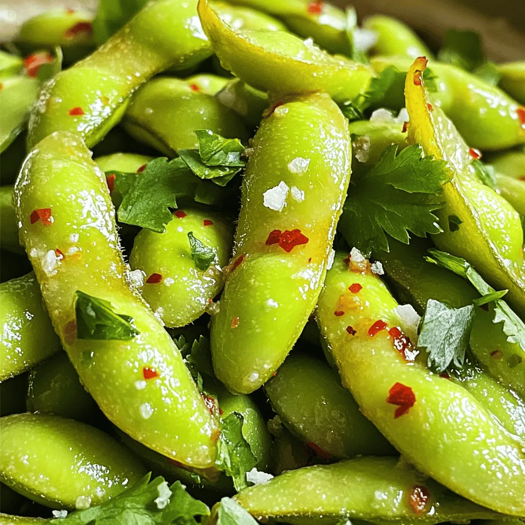To make spicy garlic edamame, gather these ingredients: - 2 cups edamame (in pods) - 3 tablespoons olive oil - 4 cloves garlic, minced - 1 tablespoon red chili flakes - 1 tablespoon soy sauce - 1 teaspoon sesame oil - 1 teaspoon sea salt - 1 tablespoon fresh lime juice - 1 tablespoon chopped fresh cilantro (for garnish) You can tweak the recipe with these options: - Add a squeeze of lemon for extra zest. - Use fresh ginger for a spicy kick. - Try different oils like avocado for a twist. - Add a dash of hot sauce for more heat. For great results, use: - Organic edamame for the best taste. - Extra virgin olive oil for rich flavor. - Low-sodium soy sauce to cut salt. - Fresh herbs, if possible, to boost freshness. Start by boiling a large pot of salted water. Once the water bubbles, add 2 cups of edamame pods. Cook them for 4 to 5 minutes until they are tender. Drain the pods and set them aside. This step softens the beans and makes them easier to eat. In a large skillet, heat 3 tablespoons of olive oil over medium heat. When the oil shimmers, add 4 cloves of minced garlic. Sauté for 1 to 2 minutes until the garlic smells great but does not turn brown. Then, stir in 1 tablespoon of red chili flakes. Cook for another 30 seconds to let the spices blend well. Add the cooked edamame to the skillet. Toss the pods in the garlic and chili oil mixture until they are well coated. Drizzle with 1 tablespoon of soy sauce and 1 teaspoon of sesame oil. Toss again to mix everything evenly. Take the skillet off the heat, then sprinkle with 1 teaspoon of sea salt and 1 tablespoon of fresh lime juice. Mix gently to combine. Finally, serve the edamame in a bowl and top with 1 tablespoon of chopped fresh cilantro for a bright finish. Enjoy your spicy garlic edamame! To make the best edamame, always start with fresh pods. Use large pots for boiling. Add enough salt to the water. This step gives flavor to the pods. Boil the edamame for 4-5 minutes. You want them tender but not mushy. Drain them well and set aside. This keeps them from getting soggy. Spice is key in this recipe. Start with 1 tablespoon of red chili flakes. If you like more heat, add extra flakes. You can also adjust the spice while cooking. Taste the mixture before adding the edamame. This way, you can find your perfect balance. Pairing with lime juice helps tone down the heat too. For a fun twist, serve edamame in small bowls. Add a sprinkle of lime juice right before serving. This brightens the flavors and adds freshness. You can also pair it with cold drinks. Try it with ice-cold sake or a crisp beer. Garnishing with cilantro makes it look fancy. Enjoy this dish as a snack or appetizer! {{image_2}} You can easily make Spicy Garlic Edamame vegan. The main ingredients are already plant-based. Just ensure the soy sauce is vegan. If you want more protein, add tofu or chickpeas. Both options work great with the spicy garlic flavor. You can switch up the spices to change the taste. Instead of red chili flakes, try cayenne or smoked paprika. This will give a different kick to your edamame. You can also add ginger for a fresh twist. Experimenting with spices makes cooking fun! Mix in other veggies to elevate your dish. Bell peppers or snap peas add color and crunch. You can also toss in cooked quinoa for a hearty meal. If you like a creamy texture, try adding a scoop of avocado. These combinations keep the recipe exciting every time you make it! To keep your spicy garlic edamame fresh, store leftovers in an airtight container. Make sure to let them cool completely before sealing. Place the container in the fridge. Proper storage helps maintain flavor and texture for up to three days. When it's time to enjoy your leftovers, reheat them gently. You can use a skillet over medium heat. Add a splash of olive oil if needed. Stir often until they are warm. This method keeps the edamame tasty and prevents them from becoming soggy. If you want to keep your spicy garlic edamame longer, freezing is a great option. First, let them cool completely. Spread them in a single layer on a baking sheet. Freeze for about an hour. Once frozen, transfer them to a freezer bag. They can last up to three months in the freezer. When ready to eat, thaw in the fridge and reheat as mentioned before. Edamame are young soybeans picked before they fully ripen. They are bright green and often served in their pods. This snack is nutritious, packed with protein, fiber, and vitamins. You can find them in many Asian dishes. Edamame is great for a healthy snack or appetizer. Yes, you can prepare spicy garlic edamame ahead of time. Cook the edamame and garlic mixture as directed, then cool it down. Store it in an airtight container in the fridge. When ready to serve, just reheat in a skillet. This keeps the flavors fresh and delicious. Many Asian restaurants serve great spicy garlic edamame. Look for places that focus on Japanese or Asian fusion cuisine. I recommend trying local sushi bars or izakayas. They often have unique twists on this popular dish. Don’t hesitate to ask the staff for their recommendations. To adjust serving sizes, simply scale the ingredients up or down. For example, if you want to serve six people, increase the edamame to 3 cups. You can also adjust spices to taste. Just remember to keep the same ratios for the oil and garlic. This way, you maintain the flavor balance. This blog covers making spicy garlic edamame from scratch. We explored essential ingredients, step-by-step cooking methods, and tips for a perfect dish. I shared variations for different diets, plus storage tips to keep leftovers fresh. Now, you have the tools to make a tasty snack that impresses. Remember, cooking is about experimenting. Try new flavors and enjoy your edamame just how you like it.