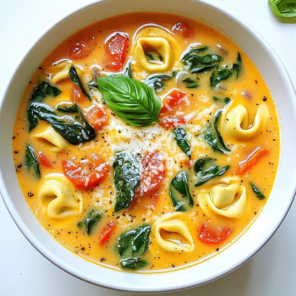 To make One-Pot Creamy Tomato Spinach Tortellini Soup, gather these simple ingredients: - 2 tablespoons olive oil - 1 medium onion, diced - 2 cloves garlic, minced - 1 can (14 oz) diced tomatoes - 4 cups vegetable broth - 1 teaspoon dried basil - 1 teaspoon dried oregano - 1/2 teaspoon red pepper flakes (optional) - 9 oz fresh or frozen cheese tortellini - 2 cups fresh spinach, roughly chopped - 1 cup heavy cream or coconut milk (for a dairy-free option) - Salt and pepper to taste - Grated Parmesan cheese (for serving, optional) - Fresh basil leaves for garnish (optional) Each ingredient plays a role in creating a rich, creamy soup. The olive oil gives flavor and helps cook the onion and garlic. The onion adds a sweet note, while the garlic brings depth. The diced tomatoes add acidity and texture. Vegetable broth serves as a base, making the soup hearty. Herbs like basil and oregano infuse warmth. Red pepper flakes can add a little heat if you like a kick. Cheese tortellini brings a delightful chewiness. Spinach adds color and nutrients. Heavy cream or coconut milk gives that creamy texture we love. Lastly, salt and pepper enhance all the flavors. Feel free to customize your soup with optional garnishes. Parmesan cheese and fresh basil make great toppings, adding flavor and a fresh touch. Enjoy gathering these ingredients for a delicious meal! 1. Sauté onion and garlic Start by heating the olive oil in a large pot over medium heat. Add the diced onion. Sauté it for about 5 minutes. Wait until it turns translucent. Then, add the minced garlic. Cook it for 1 more minute. You will smell a nice aroma! 2. Add tomatoes and broth Next, stir in the can of diced tomatoes along with their juices. Then pour in the vegetable broth. Add the dried basil, dried oregano, and red pepper flakes if you want some heat. Bring this mix to a boil. 3. Incorporate tortellini and cook Once it boils, lower the heat to a simmer. Add the cheese tortellini. Cook according to the package instructions. This usually takes about 3 to 5 minutes. Keep an eye on them until they are tender. 4. Stir in spinach and cream Now, add the chopped spinach and the heavy cream or coconut milk. Cook for another 2 to 3 minutes. You want the spinach to wilt and the soup to warm through. - Adjust seasoning for taste Always taste your soup before serving. Add salt and pepper as needed. This step is key to making your soup flavorful. - Monitor cooking times for tortellini Do not overcook the tortellini. Check them a minute before the time is up. They should be soft but not mushy. To make this soup shine, use fresh ingredients. Fresh herbs and veggies give great taste. If you like spice, add red pepper flakes. Just a pinch adds warmth without being too hot. You can adjust it to your taste. Pair your soup with crusty bread or a fresh salad. Bread soaks up the creamy broth, while salad adds a crunchy texture. For a lovely touch, serve the soup in a nice bowl. Top with grated Parmesan and fresh basil leaves. This makes the dish look as good as it tastes! {{image_2}} You can easily change this soup to fit your needs. If you want a dairy-free option, swap heavy cream for coconut milk. It adds a rich, creamy texture without any dairy. This keeps the soup smooth and flavorful. For those who need gluten-free meals, look for gluten-free tortellini. Many brands offer great options. Just make sure to check the labels. With these swaps, anyone can enjoy this delicious soup. Want to make your soup even better? You can add other vegetables. Carrots and bell peppers work great. Just chop them up and toss them in with the onions. They add color and taste. You can also boost the protein in your soup. Cooked chicken or beans add a nice touch. If you use beans, try chickpeas or white beans. They mix well with the tomato and spinach flavors. These changes keep your soup exciting and nutritious. To keep your One-Pot Creamy Tomato Spinach Tortellini Soup fresh, use a few simple steps. First, let the soup cool to room temperature. Then, transfer it to an airtight container. Store it in the fridge for up to three days. If you want to keep it longer, freeze it. Pour the soup into freezer-safe containers, leaving some space at the top. This allows for expansion as it freezes. You can freeze it for up to three months. When it’s time to enjoy your soup again, reheating properly is key. The best method is to use a pot on the stove. Pour the soup into the pot and heat over medium heat. Stir it often to keep it smooth. If you notice it’s too thick, add a splash of broth or water. You can also use the microwave if you prefer. Just place the soup in a microwave-safe bowl. Heat it in short bursts, stirring in between, until it’s hot. Avoid boiling it, as that can change the texture. Can I use frozen tortellini? Yes, you can use frozen tortellini. Just add it to the pot directly. It cooks fast and will thaw in the soup. Follow the package instructions for timing. This makes cooking easy and quick. How can I make this soup vegetarian? To make this soup vegetarian, use vegetable broth instead of chicken broth. All other ingredients are already plant-based. This keeps the flavors rich while staying meat-free. You can also add more veggies for added nutrition. What can I substitute for heavy cream? For a lighter option, use coconut milk. It gives a creamy texture without dairy. Almond milk or cashew cream are great choices too. Just pick what you like best. This soup has about 300 calories per serving. It contains 15 grams of fat and 10 grams of protein. - Calories: 300 - Fat: 15g - Protein: 10g The ingredients provide many health benefits. Spinach is rich in iron and vitamins. Tomatoes add antioxidants, which are great for your skin. Tortellini gives you energy with carbs. Overall, this soup is tasty and healthy! This blog post covered a delicious tortellini soup recipe. We looked at key ingredients, step-by-step prep, and cooking tips. You learned how to customize the soup with flavors and dietary needs. I shared storage methods to keep your leftovers fresh and easy reheating tips. Enjoy making this warm soup with your own twist! Simple ingredients can turn into a tasty dish that everyone will love. Dive in, get cooking, and share your yummy results!