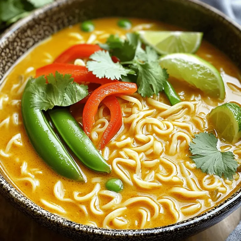 To make a great Thai red curry noodle soup, you need these key items: - 200g rice noodles - 1 tablespoon coconut oil - 1/2 onion, finely chopped - 2 cloves garlic, minced - 1 tablespoon ginger, grated - 2 tablespoons red curry paste - 400ml coconut milk - 600ml vegetable broth - 1 red bell pepper, thinly sliced - 1 cup snap peas - 2 tablespoons soy sauce - 1 tablespoon lime juice - Fresh cilantro leaves for garnish - Lime wedges for serving These ingredients create a rich, creamy, and flavorful soup. The rice noodles serve as the base, soaking up all the delicious flavors. Coconut oil adds a nice depth to the dish. The red curry paste gives it a spicy kick. If you want to elevate your soup, consider these fun extras: - Sliced jalapeños for heat - Chopped green onions for crunch - Chopped peanuts for texture - Bean sprouts for freshness These garnishes not only add flavor but also create a beautiful presentation. Sometimes, you may not have everything on hand. Here are some easy swaps: - Use any noodles if you can't find rice noodles. - Olive oil can replace coconut oil. - Any broth works if you lack vegetable broth. - Use red bell pepper or any other colorful veggies. These options keep the spirit of the soup while making it easier to prepare. To start, cook the rice noodles. Follow the package instructions closely. This step usually takes around 4 to 6 minutes. Once they are ready, drain the noodles. Set them aside for later use. Next, grab a large pot. Heat one tablespoon of coconut oil over medium heat. Add half a finely chopped onion, two minced garlic cloves, and one tablespoon of grated ginger. Sauté this mix for about 3 to 4 minutes. You want the onion to turn soft and clear. Then, stir in two tablespoons of red curry paste. Cook this for one more minute. This helps the flavors combine and become rich. Now, pour in 400ml of coconut milk and 600ml of vegetable broth. Stir it well to blend everything together. Bring the soup to a gentle simmer. Add in one thinly sliced red bell pepper and one cup of snap peas. Let these cook for about 3 to 5 minutes until they are tender. Season the soup with two tablespoons of soy sauce and one tablespoon of lime juice. This adds a nice zing to your dish. Finally, to serve, place the cooked rice noodles in bowls. Ladle the hot curry soup over the noodles. Top with fresh cilantro leaves and add lime wedges on the side for squeezing. Enjoy! To cook rice noodles, follow the package directions carefully. Start by boiling water in a pot. Once the water boils, add the noodles and stir gently. Cook them until they are al dente, which means they are firm but not hard. Drain the noodles and rinse them with cold water. This stops the cooking process and keeps them from sticking together. Set them aside for later. Seasoning is key to making your soup tasty. When you add red curry paste, let it cook for a minute. This helps the flavors bloom. After adding coconut milk and broth, season with soy sauce and lime juice. This adds depth to the soup. Taste it as you go. You can always adjust the seasoning to your liking. Presentation makes your dish more appealing. Serve the soup in deep bowls to show off the colors. Add the vibrant veggies on top for a pop of color. A sprinkle of fresh cilantro adds freshness and looks great. Don’t forget lime wedges on the side. They let everyone add a splash of tangy flavor right at the table. Enjoy your beautiful creation! {{image_2}} You can make this soup vegetarian or vegan easily. Just swap the vegetable broth for a veggie base. Use the same coconut milk for creaminess. For protein, add tofu. Firm tofu works best. Cut it into cubes and pan-fry until golden. Toss it in during the last few minutes of cooking. The flavors blend well, and the texture is delightful. If you love protein, there are many choices. Tofu is great for a plant-based meal. Shrimp adds a sweet and briny taste. Just add it to the soup when you add the vegetables. Cook until pink and tender. If you prefer chicken, use cooked, shredded chicken. Add it in the same way as shrimp. Each protein option makes the soup more filling. Rice noodles are classic for this dish, but you can try other noodles too. Udon noodles give a thick and chewy texture. Soba noodles add a nutty flavor. For a gluten-free option, use rice noodles or buckwheat noodles. Each type changes the soup's feel. Experiment to find your favorite noodle! To keep your Thai Red Curry Noodle Soup fresh, store it in an airtight container. Let the soup cool to room temperature first. This helps avoid condensation, which can make the soup watery. Place the container in the fridge and use it within three days for the best taste. When it’s time to enjoy your leftovers, heat the soup on the stove over medium heat. Stir it often to prevent sticking. If the soup seems thick, you can add a splash of vegetable broth or water to thin it out. Warm it until it reaches your desired temperature. You can freeze the soup to enjoy later, but remember to leave out the noodles. They can become mushy when thawed. Store the soup in a freezer-safe container and make sure to label it with the date. It will keep well for up to three months. To thaw, move it to the fridge overnight before reheating. Thai Red Curry Noodle Soup comes from Thailand. This dish blends rich curry flavors with noodles. Thai cooks use local herbs and spices. The soup is a warm comfort food. It reflects Thailand's vibrant culinary culture. You can find it in street food stalls and restaurants across the country. To add spice, use more red curry paste. You can also add fresh chili peppers. Thai bird's eye chilies work well for heat. Another option is to sprinkle chili flakes on top. Taste as you go to find the right level for you. This will keep the flavors balanced while boosting the heat. Yes, you can prepare this soup ahead of time. Store the broth and noodles separately. This helps keep the noodles from getting mushy. You can keep the soup in the fridge for up to three days. Reheat it gently on the stove before serving. Add fresh herbs just before serving for the best taste. If you need a substitute, use almond milk or soy milk. These alternatives will change the flavor slightly. You can also use cashew cream for a rich texture. Adding a bit of peanut butter can mimic the creaminess of coconut milk. Just be sure to adjust the seasonings to maintain the soup's balance. Thai Red Curry Noodle Soup is a rich dish filled with flavor. We covered key ingredients, cooking steps, and helpful tips. You can adjust flavors and add your favorite proteins. Remember to store leftovers properly for another meal. This soup is versatile, so feel free to experiment with it. Enjoy making this warming dish that can fit any taste!