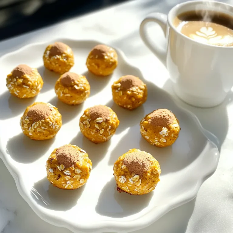To make No-Bake Pumpkin Spice Latte Bites, you will need: - 1 cup rolled oats - 1/2 cup almond butter (or any nut butter) - 1/4 cup pure maple syrup - 1/2 cup pumpkin puree - 2 teaspoons pumpkin spice seasoning - 1 teaspoon instant coffee granules - 1/4 cup shredded coconut (optional) - 1/4 cup mini chocolate chips (optional) You can easily swap ingredients based on what you have or prefer. Here are some ideas: - Nut Butter: Use peanut butter or sunflower seed butter as a substitute. - Maple Syrup: Honey or agave syrup can work well instead. - Pumpkin Puree: If you don’t have pumpkin, try sweet potato puree. - Instant Coffee: For a caffeine-free option, use decaf coffee granules or leave it out. Want to mix it up? Here are some optional add-ins to make your bites unique: - Shredded Coconut: This adds a tropical twist and chewy texture. - Mini Chocolate Chips: They provide a sweet surprise in each bite. - Chopped Nuts: Walnuts or pecans can add crunch and flavor. - Dried Fruits: Raisins or cranberries can bring a fruity note. With these ingredients and substitutions, you can tailor your No-Bake Pumpkin Spice Latte Bites to fit your taste. Enjoy experimenting! Start by gathering all your ingredients. You will need rolled oats, almond butter, maple syrup, pumpkin puree, pumpkin spice, and instant coffee granules. It’s best to use a large mixing bowl for this. Add each ingredient into the bowl. This makes it easy to mix everything together. Now, stir the mixture well. You want all the ingredients to blend into a thick, sticky dough. Use a strong spoon or spatula to combine. If you love coconut or chocolate, add them in now. Fold them gently into the mix. This step adds extra flavor and texture. After mixing, it's time to chill the dough. Place the bowl in the fridge for about 15 minutes. This makes the mixture easier to handle. Once chilled, scoop out about one tablespoon of dough. Roll it into a ball using your hands. Place each ball on a parchment-lined baking sheet. After shaping all the bites, return them to the fridge for 30 more minutes. This helps them firm up nicely. Enjoy these tasty bites once they’re ready! To get the perfect texture in your No-Bake Pumpkin Spice Latte Bites, start with fresh oats. Old oats may not bind well. Use creamy almond butter for a smooth mix. If your mix seems too dry, add a splash of maple syrup or pumpkin puree. This will help it stick together. After mixing, chill the dough for 15 minutes. Chilling makes it easier to shape. Once chilled, roll the bites tightly for a firm texture. Store any leftover bites in an airtight container. They will stay fresh in the fridge for up to a week. If you have more than you can eat, freeze the bites. Just place them in a freezer-safe bag. They can last for about 3 months in the freezer. When you want to enjoy them, let them thaw in the fridge overnight. You can also eat them straight from the freezer for a cold treat! For a festive touch at parties, arrange the bites on a pretty plate. Dust them with extra pumpkin spice for a special look. Pair them with warm coffee or a latte to make a cozy snack. These bites also work well as a sweet treat during fall gatherings. You could even wrap them in cute bags as party favors. Everyone will love this tasty, no-bake delight! {{image_2}} You can mix up flavors in your No-Bake Pumpkin Spice Latte Bites. How about adding some peanut butter for a nutty twist? You could also swap the pumpkin puree for sweet potato puree. This gives a nice change while keeping the bites creamy. If you enjoy chocolate, try adding cocoa powder for a chocolate pumpkin flavor. You can also use chai spice instead of pumpkin spice for a new taste. To make these bites vegan, just check your nut butter. Most are vegan, but some might have added honey. Use maple syrup as your sweetener, as it is already vegan. For gluten-free bites, use certified gluten-free oats. This ensures you avoid any gluten contamination. These small changes make the bites friendly for everyone! Toppings can elevate your bites and add fun textures. Try rolling them in crushed nuts or shredded coconut for a crunchy bite. You can also drizzle melted dark chocolate on top for sweetness. A sprinkle of extra pumpkin spice adds a festive touch. Serve them on a pretty plate with a side of warm coffee for a cozy treat! To keep your No-Bake Pumpkin Spice Latte Bites fresh, use an airtight container. This method prevents them from drying out or absorbing odors. Place a piece of parchment paper between layers if you stack them. It helps keep them from sticking together. Store your bites in the fridge for the best taste and texture. You can freeze these bites if you want to save some for later. To do this, first, let them chill in the fridge. Once firm, place them in a freezer-safe bag. Make sure to label the bag with the date. You can enjoy these bites for up to three months in the freezer. When you're ready to eat, let them thaw in the fridge overnight. In the fridge, these bites last about one week. The flavors may deepen over time, making them even tastier. Just remember to check for any signs of spoilage before you enjoy them. If they look or smell off, it’s best to toss them. Yes, you can use other nut butters. Peanut butter, cashew butter, or sunflower seed butter work well. Each nut butter gives a unique taste. Just pick one you enjoy. The texture will remain similar, so feel free to experiment. You can use applesauce or mashed banana as a substitute. Both options keep the bites moist. They also add a hint of sweetness. If you want a similar taste, use butternut squash puree. It gives a nice flavor and texture too. To make these bites caffeine-free, skip the instant coffee granules. You can replace them with a little extra pumpkin spice. This keeps the flavors bright and tasty. You can also use carob powder for a chocolatey flavor without caffeine. In this post, I discussed how to create delicious no-bake bites. We covered the full ingredient list, common substitutions, and different add-ins. I shared step-by-step instructions for mixing and chilling the bites for the best results. You also learned tips for great texture and how to store leftovers. Finally, don’t forget the fun variations you can try. With these ideas, you can enjoy tasty treats anytime. Now it's your turn to make these bites and share your favorites with family and friends!