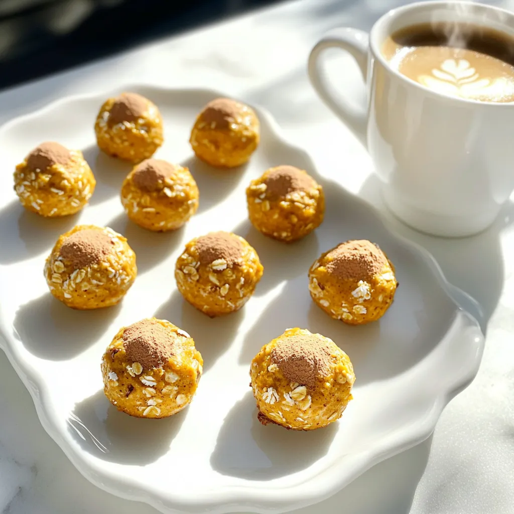 To make No-Bake Pumpkin Spice Latte Bites, you will need: - 1 cup rolled oats - 1/2 cup almond butter (or any nut butter) - 1/4 cup pure maple syrup - 1/2 cup pumpkin puree - 2 teaspoons pumpkin spice seasoning - 1 teaspoon instant coffee granules - 1/4 cup shredded coconut (optional) - 1/4 cup mini chocolate chips (optional) You can easily swap ingredients based on what you have or prefer. Here are some ideas: - Nut Butter: Use peanut butter or sunflower seed butter as a substitute. - Maple Syrup: Honey or agave syrup can work well instead. - Pumpkin Puree: If you don’t have pumpkin, try sweet potato puree. - Instant Coffee: For a caffeine-free option, use decaf coffee granules or leave it out. Want to mix it up? Here are some optional add-ins to make your bites unique: - Shredded Coconut: This adds a tropical twist and chewy texture. - Mini Chocolate Chips: They provide a sweet surprise in each bite. - Chopped Nuts: Walnuts or pecans can add crunch and flavor. - Dried Fruits: Raisins or cranberries can bring a fruity note. With these ingredients and substitutions, you can tailor your No-Bake Pumpkin Spice Latte Bites to fit your taste. Enjoy experimenting! Start by gathering all your ingredients. You will need rolled oats, almond butter, maple syrup, pumpkin puree, pumpkin spice, and instant coffee granules. It’s best to use a large mixing bowl for this. Add each ingredient into the bowl. This makes it easy to mix everything together. Now, stir the mixture well. You want all the ingredients to blend into a thick, sticky dough. Use a strong spoon or spatula to combine. If you love coconut or chocolate, add them in now. Fold them gently into the mix. This step adds extra flavor and texture. After mixing, it's time to chill the dough. Place the bowl in the fridge for about 15 minutes. This makes the mixture easier to handle. Once chilled, scoop out about one tablespoon of dough. Roll it into a ball using your hands. Place each ball on a parchment-lined baking sheet. After shaping all the bites, return them to the fridge for 30 more minutes. This helps them firm up nicely. Enjoy these tasty bites once they’re ready! To get the perfect texture in your No-Bake Pumpkin Spice Latte Bites, start with fresh oats. Old oats may not bind well. Use creamy almond butter for a smooth mix. If your mix seems too dry, add a splash of maple syrup or pumpkin puree. This will help it stick together. After mixing, chill the dough for 15 minutes. Chilling makes it easier to shape. Once chilled, roll the bites tightly for a firm texture. Store any leftover bites in an airtight container. They will stay fresh in the fridge for up to a week. If you have more than you can eat, freeze the bites. Just place them in a freezer-safe bag. They can last for about 3 months in the freezer. When you want to enjoy them, let them thaw in the fridge overnight. You can also eat them straight from the freezer for a cold treat! For a festive touch at parties, arrange the bites on a pretty plate. Dust them with extra pumpkin spice for a special look. Pair them with warm coffee or a latte to make a cozy snack. These bites also work well as a sweet treat during fall gatherings. You could even wrap them in cute bags as party favors. Everyone will love this tasty, no-bake delight! {{image_2}} You can mix up flavors in your No-Bake Pumpkin Spice Latte Bites. How about adding some peanut butter for a nutty twist? You could also swap the pumpkin puree for sweet potato puree. This gives a nice change while keeping the bites creamy. If you enjoy chocolate, try adding cocoa powder for a chocolate pumpkin flavor. You can also use chai spice instead of pumpkin spice for a new taste. To make these bites vegan, just check your nut butter. Most are vegan, but some might have added honey. Use maple syrup as your sweetener, as it is already vegan. For gluten-free bites, use certified gluten-free oats. This ensures you avoid any gluten contamination. These small changes make the bites friendly for everyone! Toppings can elevate your bites and add fun textures. Try rolling them in crushed nuts or shredded coconut for a crunchy bite. You can also drizzle melted dark chocolate on top for sweetness. A sprinkle of extra pumpkin spice adds a festive touch. Serve them on a pretty plate with a side of warm coffee for a cozy treat! To keep your No-Bake Pumpkin Spice Latte Bites fresh, use an airtight container. This method prevents them from drying out or absorbing odors. Place a piece of parchment paper between layers if you stack them. It helps keep them from sticking together. Store your bites in the fridge for the best taste and texture. You can freeze these bites if you want to save some for later. To do this, first, let them chill in the fridge. Once firm, place them in a freezer-safe bag. Make sure to label the bag with the date. You can enjoy these bites for up to three months in the freezer. When you're ready to eat, let them thaw in the fridge overnight. In the fridge, these bites last about one week. The flavors may deepen over time, making them even tastier. Just remember to check for any signs of spoilage before you enjoy them. If they look or smell off, it’s best to toss them. Yes, you can use other nut butters. Peanut butter, cashew butter, or sunflower seed butter work well. Each nut butter gives a unique taste. Just pick one you enjoy. The texture will remain similar, so feel free to experiment. You can use applesauce or mashed banana as a substitute. Both options keep the bites moist. They also add a hint of sweetness. If you want a similar taste, use butternut squash puree. It gives a nice flavor and texture too. To make these bites caffeine-free, skip the instant coffee granules. You can replace them with a little extra pumpkin spice. This keeps the flavors bright and tasty. You can also use carob powder for a chocolatey flavor without caffeine. In this post, I discussed how to create delicious no-bake bites. We covered the full ingredient list, common substitutions, and different add-ins. I shared step-by-step instructions for mixing and chilling the bites for the best results. You also learned tips for great texture and how to store leftovers. Finally, don’t forget the fun variations you can try. With these ideas, you can enjoy tasty treats anytime. Now it's your turn to make these bites and share your favorites with family and friends!