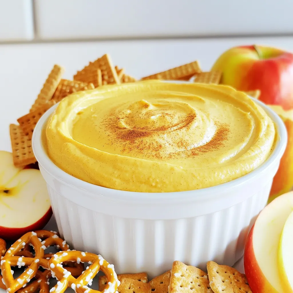 - 1 cup cream cheese, softened - 1 cup pumpkin puree - 1/2 cup powdered sugar - 1 teaspoon vanilla extract - 1 teaspoon pumpkin pie spice - 1/2 teaspoon ground cinnamon - 1/4 cup sour cream - A pinch of salt - Graham crackers, apple slices, or pretzels for dipping Each ingredient plays a role in the flavor. The cream cheese gives a smooth base. Pumpkin puree adds richness and a nice color. Powdered sugar sweetens the dip without adding graininess. Vanilla extract gives depth. Pumpkin pie spice and cinnamon bring the fall flavors we love. The sour cream adds tanginess, and salt enhances all the tastes. For a fun experience, use different dippers. Graham crackers add crunch and sweetness. Apple slices bring a fresh, fruity taste that pairs well. Pretzels give a salty contrast. You can even mix them up for a colorful platter. Each dipper adds its own twist to the creamy dip. Enjoy experimenting with your favorites! To create this pumpkin spice cheesecake dip, start with the right ingredients. Gather these items: - 1 cup cream cheese, softened - 1 cup pumpkin puree - 1/2 cup powdered sugar - 1 teaspoon vanilla extract - 1 teaspoon pumpkin pie spice - 1/2 teaspoon ground cinnamon - 1/4 cup sour cream - A pinch of salt - Graham crackers, apple slices, or pretzels for dipping First, I take a large mixing bowl and beat the softened cream cheese. I use an electric mixer to make it smooth and creamy. This step is key. A good base makes for a great dip. Next, I add the pumpkin puree to the cream cheese. I mix it well until it’s fully combined. Then, I sift in the powdered sugar. I do this slowly and mix until it blends in nicely. After that, I stir in the vanilla extract, pumpkin pie spice, ground cinnamon, and sour cream. Don’t forget the pinch of salt! Mixing these ingredients makes the dip fluffy and full of flavor. I always taste the dip at this stage. If I think it needs more sweetness or spice, I add a bit more powdered sugar or pumpkin pie spice. This is where you can make it your own. Once the dip is ready, I transfer it to a serving bowl. I smooth the top with a spatula to make it look nice. To enhance the presentation, I sprinkle a little extra pumpkin pie spice on top. For dipping, I arrange graham crackers, apple slices, and pretzels around the bowl. This adds color and makes it easy to serve. I find this dip is perfect for parties or cozy gatherings. To get a smooth dip, start with softened cream cheese. Beat it well until creamy. This step makes mixing easy. Add pumpkin puree next, and blend until smooth. Gradually sift in the powdered sugar. Mix until it is all combined. If the dip feels too thick, add a little sour cream. This will give it a creamier feel. To boost the flavor, use fresh spices. Fresh ground cinnamon and pumpkin pie spice add a warm taste. Don't skip the vanilla extract; it adds depth. Taste your dip as you mix. Adjust the sweetness or spice to your liking. If you want it sweeter, add more powdered sugar. For extra warmth, sprinkle in more pumpkin pie spice. For a fun display, choose a decorative bowl. Smooth the top of the dip for a polished look. Before serving, sprinkle a little pumpkin pie spice on top. Arrange graham crackers, apple slices, and pretzels around the bowl. This creates a lovely color contrast. It’s also an easy way for guests to dip. Enjoy making your pumpkin spice cheesecake dip a star at any party! {{image_2}} You can really change the taste of your dip. Here are some fun add-ins you might try: - Maple Syrup: Swap some sugar for maple syrup for a rich taste. - Nutmeg: Add a dash of nutmeg for a warm, spicy kick. - Chocolate Chips: Fold in mini chocolate chips for a sweet surprise. These changes can make your dip different and exciting for your guests! If you want a dairy-free or vegan dip, it’s easy to switch. Use these simple swaps: - Vegan Cream Cheese: Replace cream cheese with your favorite brand of vegan cream cheese. - Coconut Cream: Instead of sour cream, use thick coconut cream for a creamy texture. - Maple Syrup: Use maple syrup instead of powdered sugar for added sweetness. With these swaps, everyone can enjoy this tasty treat! You can celebrate each season with fun twists on this dip. Here are some ideas: - Holiday Cheer: For winter, add crushed peppermint for a festive flavor. - Spring Freshness: Mix in lemon zest and juice for a bright spring touch. - Summer Delight: Add fresh berries on top for a fruity summer version. These seasonal ideas can keep your dip fun and fresh all year long! Store your pumpkin spice cheesecake dip in an airtight container. This keeps it fresh and tasty. Always place the dip in the fridge. Make sure it is fully cooled before covering it. If you have leftovers, try to use a clean spoon each time. This helps prevent germs from getting in. When properly stored, the dip lasts about 3 to 5 days. Keep an eye on its smell and texture. If it smells off or changes, it's best to toss it out. For the best taste, enjoy it within the first few days. If you want to enjoy it warm, you can gently reheat it. Use a microwave-safe bowl. Heat it in short bursts of about 10 to 15 seconds. Stir between each burst to keep it smooth. You can also serve it cold. It tastes great either way! Yes, you can make this dip ahead of time. I often prepare it the night before. Just mix all the ingredients and store it in the fridge. Letting it chill overnight helps the flavors blend better. It’s ready when you need it! If you want a different base, you can use Greek yogurt. It gives a nice tang and a creamy texture. You can also try cashew cream for a dairy-free option. Just blend soaked cashews until smooth. Both choices work well in this dip. To reduce the sweetness, cut back on the powdered sugar. Start with less and taste as you mix. You can also add more pumpkin puree or sour cream. These ingredients add flavor without making it too sweet. Adjust until it fits your taste! In this post, we explored ingredients and steps to make a tasty dip. We covered measurements, mixing techniques, and helpful tips for perfect texture. You learned about fun variations, smart storage, and answered common questions. Remember, experimenting with flavors can lead to great new ideas. Keep these tips in mind for your next gathering so everyone enjoys your delicious creation. Happy dipping!