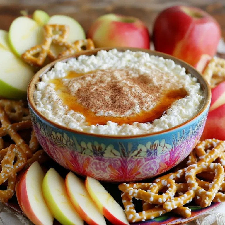 - 1 cup cottage cheese (low-fat or full-fat) - 1/4 cup Greek yogurt - 2 tablespoons maple syrup (or honey) - 1 teaspoon vanilla extract - 1 teaspoon cinnamon - 1/4 teaspoon nutmeg - 2 tablespoons almond flour (or oat flour) - 1/4 cup chocolate chips (optional, for extra sweetness) - Sliced apples - Graham crackers - Pretzels This dip is simple and packed with protein. Start with cottage cheese. You can use low-fat or full-fat, depending on your taste. Next, add Greek yogurt. This adds creaminess and a bit of tang. For sweetness, mix in maple syrup or honey. A touch of vanilla extract will give it a nice flavor. Don’t forget the spices! Cinnamon and nutmeg make it taste like a snickerdoodle cookie. For a thicker dip, add almond flour or oat flour. If you want a sweet touch, stir in chocolate chips. For dipping, I love using sliced apples, graham crackers, or pretzels. Each adds a fun crunch and different taste. Enjoy this tasty dip with friends or family. It’s perfect for gatherings or a cozy night in. 1. Start by taking a mixing bowl. Combine 1 cup cottage cheese and 1/4 cup Greek yogurt. 2. Use a hand mixer or food processor. Blend until smooth and creamy. This step is key for a silky texture. 1. Now, add your sweeteners and spices. Include 2 tablespoons maple syrup (or honey), 1 teaspoon vanilla extract, 1 teaspoon cinnamon, 1/4 teaspoon nutmeg, and a pinch of salt. 2. Blend the mixture again. This will mix everything well and give you that creamy consistency. 1. Next, stir in 2 tablespoons almond flour (or oat flour) to thicken the dip a bit. If you want, mix in 1/4 cup chocolate chips for extra sweetness. 2. Transfer the dip into a serving bowl. Lightly sprinkle some extra cinnamon on top for a nice garnish. 3. Serve immediately. Pair it with sliced apples, graham crackers, or pretzels for dipping. Enjoy your high-protein snack! For a smooth dip, you can use a hand mixer or a food processor. A hand mixer is great for small batches and gives you control. A food processor blends faster but can be harder to clean. I recommend blending for about 2-3 minutes. This ensures all the ingredients mix well and become creamy. If you want to change the sweet flavor, you can use agave syrup or stevia. Both options provide a unique taste. For spice adjustments, try adding nutmeg or a bit more cinnamon. Start with small amounts, then taste it. This way, you can find the right flavor for you. Serving your dip in a colorful bowl makes it pop! I love using a clear glass bowl to show off the creamy texture. You can drizzle extra maple syrup on top for a sweet touch. Sprinkle some cinnamon for a nice look. Place sliced apples, graham crackers, or pretzels around the dip. This creates an inviting display for your guests. {{image_2}} You can change the flavor of the dip for fun. Here are two tasty options: - Chocolate Snickerdoodle Dip: Add 1/4 cup of chocolate chips. Blend them into the dip for a rich taste. The chocolate adds a nice twist to the snickerdoodle flavor. - Pumpkin Spice Version: Replace the cinnamon with pumpkin pie spice. Add 1/4 cup of pure pumpkin puree. This gives the dip a warm, autumn vibe. You can also make this dip fit different diets. Here are some ideas: - Vegan substitutes: Use a plant-based yogurt instead of Greek yogurt. For sweetener, maple syrup works well. Make sure to check the labels for dairy-free options. - Gluten-free options: Almond flour is a great choice for thickening. If you want to use oat flour, make sure it is certified gluten-free. The dip tastes great with different dippers. Here are some fun ideas: - Incorporating seasonal fruits: Slice fresh pears or berries for a fruity touch. These add freshness to the creamy dip. - Unique dipping items: Try using cinnamon pita chips or pretzel crisps. They give a crunchy texture and pair well with the dip's flavor. - To store leftovers, place the dip in a clean container. - Use an airtight container to keep it fresh. - You can keep the dip in the fridge for up to five days. - If you see mold or a strange smell, throw it out. - For best texture, serve it cold, but you can warm it slightly. - If reheating, do it in short bursts in the microwave. This helps keep it smooth. Can I use non-dairy yogurt? Yes, you can use non-dairy yogurt. Look for a brand with a thick texture. Coconut or almond yogurt works well. This swap keeps the dip creamy and tasty. How can I make this dip spicier? You can add a dash of cayenne pepper or chili powder. Mix it in slowly to taste. This gives a kick but does not overpower the sweet flavor. How to calculate high-protein content To find the protein content, check the labels on your cottage cheese and yogurt. Both are great protein sources. Add the protein from chocolate chips if used. This dip packs a protein punch! Health benefits of ingredients Cottage cheese is rich in protein and calcium. Greek yogurt adds probiotics for gut health. Maple syrup gives natural sweetness, while cinnamon may help with blood sugar. Each ingredient adds nutrition. Adjusting for larger gatherings To serve more people, double or triple the recipe. Just adjust the ingredient amounts. A larger bowl helps display the dip nicely for sharing. Portion control tips Use small cups or bowls for serving. This helps control portions. Keep dippers nearby to encourage healthy snacking. Enjoying in moderation makes it even better! This blog post showed you how to create a tasty dip using simple ingredients. We discussed the main and secondary ingredients while sharing tips for the best texture. I outlined variations that fit different diets and provided storage advice for leftovers. In conclusion, making this dip can be fun and healthy. With your new knowledge, you can impress friends at any gathering. Enjoy experimenting with flavors and dip options to find your favorites!