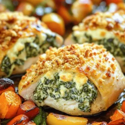 For this tasty dish, you need: - 4 boneless, skinless chicken breasts - 1 cup cream cheese, softened - 1 cup shredded mozzarella cheese - ¼ cup grated Parmesan cheese These ingredients give the dish a creamy and cheesy texture. The chicken is the main part, while the cheeses add rich flavor. The cream cheese makes the filling smooth and easy to mix. To add flavor, gather: - 2 cups fresh spinach, chopped - 2 garlic cloves, minced - 1 teaspoon dried Italian herbs (oregano, basil, thyme) - Salt and pepper to taste Fresh spinach brings color and nutrition. Garlic adds a lovely aroma. The Italian herbs give a nice touch of flavor, making every bite special. If you want a crunchy top, consider: - ½ cup breadcrumbs (optional, for topping) The breadcrumbs can add a nice crunch. You can use them if you like a little texture contrast with the soft filling. Start by heating a skillet over medium heat. Add 1 tablespoon of olive oil. Let it warm for a moment. Then, add 2 minced garlic cloves. Sauté until you smell the garlic, about 1 minute. Next, toss in 2 cups of chopped fresh spinach. Cook for 2-3 minutes until the spinach wilts. Remove the skillet from the heat and let it cool slightly. In a mixing bowl, combine the sautéed spinach with 1 cup of softened cream cheese, 1 cup of shredded mozzarella cheese, and ¼ cup of grated Parmesan cheese. Add 1 teaspoon of dried Italian herbs, salt, and pepper to taste. Mix everything until it’s smooth and creamy. Now, take 4 boneless, skinless chicken breasts. Use a sharp knife to cut a pocket in the thickest part of each breast. Be careful not to cut all the way through. Next, take the cheesy spinach mixture and spoon it into each chicken pocket. Make sure to fill them well. If you want, you can use toothpicks to secure the openings. This keeps the filling inside while cooking. Preheat your oven to 375°F (190°C). Place the stuffed chicken breasts in a greased baking dish. If you like a crunchy top, sprinkle ½ cup of breadcrumbs over the chicken. Bake for 25-30 minutes. Check that the chicken reaches an internal temperature of 165°F (75°C). Once done, remove the chicken from the oven. Let it rest for about 5 minutes. This helps keep the juices inside. When ready, slice each breast in half to show off that cheesy filling. Serve it on a plate with roasted vegetables or a fresh salad for a lovely meal. To ensure your chicken stays juicy and tender, choose boneless, skinless breasts. They cook evenly and absorb flavors well. When you cut the pocket for stuffing, only slice halfway through. This keeps the filling inside. Always let the chicken rest after baking. This step locks in moisture and flavors. You can boost the flavor in many ways. Try adding sun-dried tomatoes or roasted red peppers to the cheesy mixture. If you want a little heat, add crushed red pepper flakes. Instead of mozzarella, use provolone or gouda for a twist. You can swap cream cheese for ricotta if you like a lighter filling. Fresh herbs like basil or parsley can also brighten the dish. Presentation matters! Slice each chicken breast in half to reveal the cheesy spinach filling. Serve on a plate with a side of roasted veggies or a fresh salad for color. A drizzle of balsamic glaze adds a nice touch. Pair with a light white wine for a perfect dinner experience. Enjoy the flavors and share with friends! {{image_2}} You can play with the cheeses in this dish. Instead of cream cheese, try ricotta for a lighter feel. If you love strong flavors, swap mozzarella for fontina or gouda. Cheddar adds a sharp taste, while feta can give a nice tang. Each cheese brings its own charm. Mix and match to find your favorite combination. Feel free to boost nutrition by adding more veggies. Diced bell peppers or sun-dried tomatoes work well. Chopped mushrooms add great texture. You can also mix in artichoke hearts for a Mediterranean twist. Just remember to sauté them before mixing with the cheese. This keeps the filling nice and creamy. If you need gluten-free options, skip the breadcrumbs on top. You can also use gluten-free breadcrumbs if you want that crunch. Check the labels when choosing cheese to ensure they are gluten-free. This dish can easily fit into a gluten-free diet while still tasting amazing. To keep your Cheesy Spinach Stuffed Chicken fresh, let it cool first. Place the chicken in an airtight container. Store it in the fridge. It will last for up to 3 days. If you want to keep it longer, try freezing it. Just make sure to wrap it well to prevent freezer burn. Reheat your stuffed chicken in the oven for the best results. Preheat the oven to 350°F (175°C). Place the chicken in an oven-safe dish. Add a splash of chicken broth to keep it moist. Cover with foil and heat for 20-25 minutes. You can also use the microwave. Heat each piece for about 1-2 minutes. Check that the chicken is hot all the way through. Freezing your Cheesy Spinach Stuffed Chicken is easy and smart. Wrap each piece in plastic wrap or foil. Then place them in a freezer bag. Make sure to remove as much air as possible. You can freeze them for up to 3 months. When you’re ready to eat, let it thaw in the fridge overnight before reheating. Bake the Cheesy Spinach Stuffed Chicken at 375°F for 25 to 30 minutes. The chicken should reach an internal temperature of 165°F. This ensures it is fully cooked and safe to eat. Use a meat thermometer for the best results. It helps avoid dry chicken and keeps it juicy. Yes, you can use frozen spinach. Just remember to thaw and drain it first. Frozen spinach has a lot of water, which can make your filling too wet. After draining, chop the spinach into smaller pieces if needed. This will help mix it better with the cheeses. Several sides go great with Cheesy Spinach Stuffed Chicken. Here are some tasty options: - Roasted vegetables, like carrots and bell peppers - A fresh garden salad with a light dressing - Quinoa or rice for a hearty option - Garlic bread for a fun twist These sides complement the chicken's flavors and add color to your plate. Enjoy experimenting with different combinations! This blog post covers how to make Cheesy Spinach Stuffed Chicken. You learned about the key ingredients, including chicken, spinach, and different cheeses. I shared step-by-step instructions for preparing and baking the dish. You also found tips for perfect texture and flavor, along with variations to try. In the end, this dish offers great taste and flexibility. Use the storage tips to keep leftovers fresh. Enjoy making this recipe and impress your family at the table!