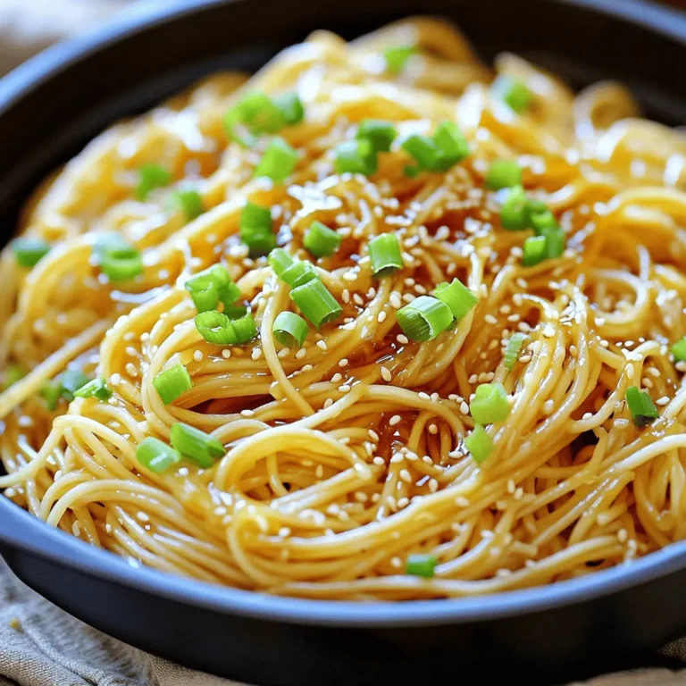 - 8 oz. Asian egg noodles or thin spaghetti - 3 tablespoons honey - 4 cloves garlic, minced - 3 tablespoons soy sauce - 1 tablespoon sesame oil - 1 teaspoon grated ginger - 1/2 teaspoon red pepper flakes (optional) - 2 green onions, sliced - Sesame seeds for garnish In this simple recipe, the main ingredients create a rich flavor. The Asian egg noodles or thin spaghetti are your base. Honey adds sweetness, while garlic brings a nice punch. Together, they form a delicious blend. You can enhance the dish with some additional ingredients. Soy sauce gives a savory touch, and sesame oil adds depth. Grated ginger offers a zing, and red pepper flakes can spice things up. You can skip the flakes if you prefer less heat. Lastly, garnishes complete the dish and make it pretty. Sliced green onions add color and freshness. A sprinkle of sesame seeds adds a crunch. Together, these ingredients make Minute Honey Garlic Noodles a tasty meal you can enjoy anytime! To start, fill a large pot with water. Bring the water to a rapid boil. Once the water is boiling, add 8 oz. of Asian egg noodles or thin spaghetti. Cook the noodles according to the package instructions. This usually takes about 3 to 5 minutes until they are al dente. After cooking, drain the noodles in a colander and set them aside. Next, grab a small bowl. In this bowl, whisk together 3 tablespoons of honey, 4 cloves of minced garlic, and 3 tablespoons of soy sauce. Make sure these are well mixed. Then, add 1 tablespoon of sesame oil and 1 teaspoon of grated ginger. If you like spice, toss in 1/2 teaspoon of red pepper flakes. This sweet and savory sauce will bring your noodles to life. Now, take a large skillet or wok. Heat the sauce over medium heat until it warms up. Add the cooked noodles to the skillet. Toss the noodles gently to coat them well in the sauce. Stir for about 2 to 3 minutes. This helps heat the noodles and thicken the sauce slightly. Once the noodles are heated, remove the skillet from the heat. Slice 2 green onions and add them to the noodles. Mix everything well. To serve, plate the noodles and sprinkle sesame seeds on top. You can also add more green onions for extra flavor and color. Enjoy your delicious Minute Honey Garlic Noodles! To make cooking quick, gather all your ingredients first. This saves time. Use a large pot for boiling water. It helps cook noodles evenly. Always check the package for cooking time. Cook noodles until they are al dente, which means they are firm to the bite. This keeps them from getting mushy in the sauce. You can make the dish even better with extra spices. Try adding a pinch of ground black pepper or some garlic powder. If you like it sweeter, add more honey. For saltiness, a bit more soy sauce does the trick. Taste as you go, and adjust to your liking. For this recipe, use a large pot for boiling noodles. A good skillet or wok is perfect for making the sauce. A whisk helps mix the sauce well. You might also want a set of measuring spoons for accuracy. These tools make cooking easier and more fun! {{image_2}} You can add chicken, shrimp, or tofu to your honey garlic noodles. Each protein brings its unique taste. For chicken, cut it into bite-sized pieces. Cook it in the skillet before adding the sauce. It usually takes about 5-7 minutes to cook through. For shrimp, sauté them for about 3-4 minutes until they turn pink. Tofu is a great option too. Just cube it and fry until golden. This takes about 5-6 minutes. Each protein option makes the dish more filling and tasty. Adding vegetables boosts the nutrition of your dish. Consider bell peppers, broccoli, or snap peas. Chop them into small pieces for even cooking. You can stir-fry these veggies for 3-4 minutes before adding the noodles. This way, they stay crisp and colorful. You can also toss in carrots or spinach at the end. They cook quickly and add bright flavors. If you're gluten-free, swap Asian egg noodles for rice noodles. They work well and taste great. For vegans, you can use maple syrup instead of honey. It gives a similar sweetness. Also, ensure your soy sauce is gluten-free. These swaps make the dish suitable for different diets and keep it delicious. To keep your Minute Honey Garlic Noodles fresh, store them in the fridge. Place leftovers in a clean, airtight container. This helps prevent drying out and keeps the flavors intact. Glass containers work well, but plastic ones are fine too. Make sure to seal the lid tightly. Your noodles will stay good for up to three days. When you’re ready to eat, you can reheat the noodles easily. The best method is to use a skillet. Heat it over medium-low heat. Add a splash of water or a bit of sesame oil to prevent sticking. Stir gently for about 5 minutes. You can also use the microwave if you’re in a hurry. Heat in short bursts of 30 seconds, stirring in between, until hot. This keeps the flavor and texture nice. Yes, you can freeze honey garlic noodles! First, let them cool completely. Use freezer-safe containers or bags. Remove as much air as possible. They can last for up to three months in the freezer. When you’re ready to eat, thaw them in the fridge overnight. After that, reheat them on the stove or in the microwave. Enjoy your delicious noodles anytime! You can use many types of noodles for this dish. Here are some great options: - Asian egg noodles: These have a nice texture and flavor. - Thin spaghetti: This is a common choice and works well. - Rice noodles: These are gluten-free and very light. - Udon noodles: For a thicker, chewier bite. Feel free to mix and match based on your taste! Yes, you can prep this dish ahead of time. Here are some tips: - Cook the noodles: You can boil them a few hours before. Rinse them with cold water to stop cooking. - Make the sauce: Mix the sauce and store it in the fridge. - Combine later: When ready to eat, just heat the sauce and noodles together. This saves time and keeps dinner stress-free! Adjusting spice is easy. Here’s how: - Skip the red pepper flakes: This makes the dish mild. - Add a small amount: If you want heat, start with a pinch. Taste and add more if needed. - Use fresh ginger: It adds flavor without much heat. This way, everyone can enjoy the dish! Pairing side dishes can elevate the meal. Here are some ideas: - Steamed vegetables: Broccoli or snap peas add color and crunch. - Grilled chicken or shrimp: Both add protein and flavor. - A fresh salad: A light salad can balance the sweetness. These sides make your meal more complete and delicious! This blog post covered all you need for honey garlic noodles. We explored the key ingredients, including noodles, honey, and garlic. I shared step-by-step cooking instructions for perfect results. You learned tips for flavor and efficiency, plus variations for proteins and veggies. Storage methods ensured your leftovers stay tasty. In conclusion, this dish is both easy and versatile. Try making it your own with different flavors or sides. Enjoy your cooking!