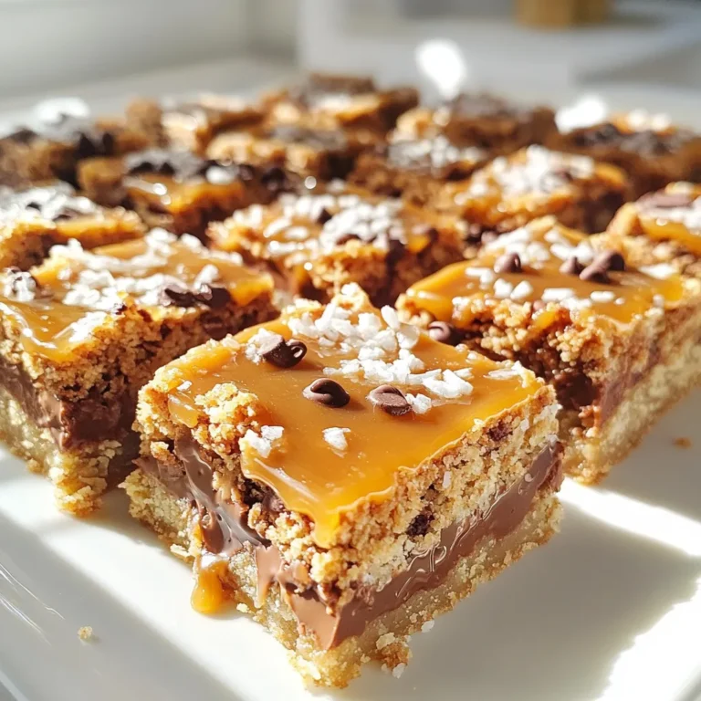 To make Caramel Coconut Magic Bars, you need the following ingredients: - 1 ½ cups graham cracker crumbs - ½ cup unsalted butter, melted - 1 cup sweetened shredded coconut - 1 cup semi-sweet chocolate chips - 1 cup caramel sauce (store-bought or homemade) - 1 can (14oz) sweetened condensed milk - 1 cup chopped nuts (walnuts or pecans, optional) - ½ teaspoon sea salt Each ingredient plays a key role in creating these delicious bars. The graham cracker crumbs form a sturdy base. The melted butter helps bind them together. Sweetened shredded coconut adds a chewy texture and sweet flavor. Semi-sweet chocolate chips bring rich chocolate taste. Caramel sauce adds sweetness and gooeyness. Sweetened condensed milk helps hold everything together. If you like, you can add nuts for crunch. A sprinkle of sea salt balances the sweetness and enhances the flavors. Gathering these ingredients makes the cooking process fun and easy. You might even find some of these in your pantry already! Enjoy the blend of flavors and textures in these bars. 1. Preheating the oven Set your oven to 350°F (175°C). This step is key for even baking. 2. Preparing the baking pan Grab an 8x8-inch baking pan. Line it with parchment paper. Let some paper hang over the edges. This makes it easy to lift your bars out later. 3. Making the graham cracker crust In a bowl, mix 1 ½ cups of graham cracker crumbs with ½ cup of melted unsalted butter. Stir it until it looks like wet sand. Press this mixture firmly into the bottom of your pan. Make sure it is even across the bottom. 4. Layering the ingredients First, sprinkle 1 cup of sweetened shredded coconut over the crust. Next, add 1 cup of semi-sweet chocolate chips on top of the coconut. Now, drizzle 1 cup of caramel sauce over the chocolate chips for that sweet touch. 5. Baking process and cooling Pour 1 can (14oz) of sweetened condensed milk over the layers. Spread it out gently. If you want some crunch, add 1 cup of chopped nuts on top. Finish with a sprinkle of ½ teaspoon sea salt. Bake this for 25 to 30 minutes. Look for golden edges and a bubbly top. Let the bars cool completely in the pan. Use the parchment paper to lift them out and cut into squares. Enjoy your tasty treat! - Ensuring even layering: Start with a solid graham cracker crust. Press it down firmly. This helps hold the layers together. Spread each topping evenly. Use a spatula to cover the crust fully. - Choosing the right type of nuts: Walnuts and pecans work well. They add a nice crunch. Chopped nuts can enhance flavor. Toast them lightly for a richer taste. If you prefer no nuts, skip this step. - Storing leftover bars effectively: Let the bars cool completely. Cut them into squares. Place them in an airtight container. They can stay at room temperature for a few days. For longer storage, refrigerate them. - Adjusting sweetness levels: You can modify the sweetness. Use dark chocolate chips for less sugar. If you want it sweeter, add more caramel sauce. Taste as you go to find your perfect balance. {{image_2}} You can make caramel coconut magic bars even more fun with some unique twists. Here are a few ideas: - Different types of chocolate: Instead of semi-sweet chocolate chips, try using dark chocolate or white chocolate. Each type gives a new flavor and look. Dark chocolate adds a rich touch, while white chocolate adds a sweet creaminess. - Flavored caramel sauce: Use flavored caramel sauces like sea salt or vanilla. This small change can really make the bars pop with extra flavor. You can also try homemade caramel for a special touch. - Tropical variations: Add some tropical flair by including dried pineapple or mango. These fruits add a bright, fruity taste that pairs well with the coconut. You might love the burst of flavor they bring to each bite. These variations can help you create a fresh take on a classic treat. Experiment and find your favorite mix! To keep your Caramel Coconut Magic Bars fresh, follow these tips: - Storing at room temperature: You can store the bars at room temperature for up to 3 days. Place them in an airtight container. This keeps them soft and chewy. - Refrigeration guidelines: If you want them to last longer, store them in the fridge. They can stay fresh for up to a week. Just make sure to keep them in a sealed container to avoid drying out. - Freezing instructions and thawing tips: For longer storage, freeze the bars. Cut them into squares and wrap each piece tightly in plastic wrap. Then, place them in a freezer-safe bag. They can last for up to 3 months. To enjoy, thaw them in the fridge overnight. You can also let them sit at room temperature for a couple of hours. This way, they regain their soft texture. Can I use low-fat ingredients? Yes, you can use low-fat ingredients. Swap unsalted butter for a low-fat spread. This change may alter the texture slightly. The bars will still taste great. How do I know when the bars are done baking? You will know the bars are done when the edges turn golden. The top should look bubbly. This usually takes about 25 to 30 minutes in the oven. Can I make these bars ahead of time? Absolutely! These bars keep well. You can make them a day ahead. Just store them in an airtight container at room temperature. What can I substitute for sweetened condensed milk? If you need a substitute, try using coconut milk and sugar. Mix one cup of coconut milk with a third cup of sugar. This will create a similar sweetness and texture. Caramel Coconut Magic Bars are easy to make and so tasty. We covered how to gather ingredients, prepare, bake, and store them. I shared tips for perfecting your bars and variations to keep it fun. No matter how you make them, these bars can bring joy to any gathering. Enjoy your baking adventure and share these delights with others.