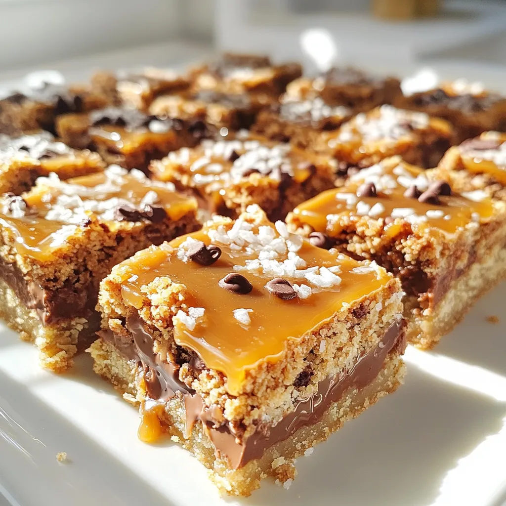 To make Caramel Coconut Magic Bars, you need the following ingredients: - 1 ½ cups graham cracker crumbs - ½ cup unsalted butter, melted - 1 cup sweetened shredded coconut - 1 cup semi-sweet chocolate chips - 1 cup caramel sauce (store-bought or homemade) - 1 can (14oz) sweetened condensed milk - 1 cup chopped nuts (walnuts or pecans, optional) - ½ teaspoon sea salt Each ingredient plays a key role in creating these delicious bars. The graham cracker crumbs form a sturdy base. The melted butter helps bind them together. Sweetened shredded coconut adds a chewy texture and sweet flavor. Semi-sweet chocolate chips bring rich chocolate taste. Caramel sauce adds sweetness and gooeyness. Sweetened condensed milk helps hold everything together. If you like, you can add nuts for crunch. A sprinkle of sea salt balances the sweetness and enhances the flavors. Gathering these ingredients makes the cooking process fun and easy. You might even find some of these in your pantry already! Enjoy the blend of flavors and textures in these bars. 1. Preheating the oven Set your oven to 350°F (175°C). This step is key for even baking. 2. Preparing the baking pan Grab an 8x8-inch baking pan. Line it with parchment paper. Let some paper hang over the edges. This makes it easy to lift your bars out later. 3. Making the graham cracker crust In a bowl, mix 1 ½ cups of graham cracker crumbs with ½ cup of melted unsalted butter. Stir it until it looks like wet sand. Press this mixture firmly into the bottom of your pan. Make sure it is even across the bottom. 4. Layering the ingredients First, sprinkle 1 cup of sweetened shredded coconut over the crust. Next, add 1 cup of semi-sweet chocolate chips on top of the coconut. Now, drizzle 1 cup of caramel sauce over the chocolate chips for that sweet touch. 5. Baking process and cooling Pour 1 can (14oz) of sweetened condensed milk over the layers. Spread it out gently. If you want some crunch, add 1 cup of chopped nuts on top. Finish with a sprinkle of ½ teaspoon sea salt. Bake this for 25 to 30 minutes. Look for golden edges and a bubbly top. Let the bars cool completely in the pan. Use the parchment paper to lift them out and cut into squares. Enjoy your tasty treat! - Ensuring even layering: Start with a solid graham cracker crust. Press it down firmly. This helps hold the layers together. Spread each topping evenly. Use a spatula to cover the crust fully. - Choosing the right type of nuts: Walnuts and pecans work well. They add a nice crunch. Chopped nuts can enhance flavor. Toast them lightly for a richer taste. If you prefer no nuts, skip this step. - Storing leftover bars effectively: Let the bars cool completely. Cut them into squares. Place them in an airtight container. They can stay at room temperature for a few days. For longer storage, refrigerate them. - Adjusting sweetness levels: You can modify the sweetness. Use dark chocolate chips for less sugar. If you want it sweeter, add more caramel sauce. Taste as you go to find your perfect balance. {{image_2}} You can make caramel coconut magic bars even more fun with some unique twists. Here are a few ideas: - Different types of chocolate: Instead of semi-sweet chocolate chips, try using dark chocolate or white chocolate. Each type gives a new flavor and look. Dark chocolate adds a rich touch, while white chocolate adds a sweet creaminess. - Flavored caramel sauce: Use flavored caramel sauces like sea salt or vanilla. This small change can really make the bars pop with extra flavor. You can also try homemade caramel for a special touch. - Tropical variations: Add some tropical flair by including dried pineapple or mango. These fruits add a bright, fruity taste that pairs well with the coconut. You might love the burst of flavor they bring to each bite. These variations can help you create a fresh take on a classic treat. Experiment and find your favorite mix! To keep your Caramel Coconut Magic Bars fresh, follow these tips: - Storing at room temperature: You can store the bars at room temperature for up to 3 days. Place them in an airtight container. This keeps them soft and chewy. - Refrigeration guidelines: If you want them to last longer, store them in the fridge. They can stay fresh for up to a week. Just make sure to keep them in a sealed container to avoid drying out. - Freezing instructions and thawing tips: For longer storage, freeze the bars. Cut them into squares and wrap each piece tightly in plastic wrap. Then, place them in a freezer-safe bag. They can last for up to 3 months. To enjoy, thaw them in the fridge overnight. You can also let them sit at room temperature for a couple of hours. This way, they regain their soft texture. Can I use low-fat ingredients? Yes, you can use low-fat ingredients. Swap unsalted butter for a low-fat spread. This change may alter the texture slightly. The bars will still taste great. How do I know when the bars are done baking? You will know the bars are done when the edges turn golden. The top should look bubbly. This usually takes about 25 to 30 minutes in the oven. Can I make these bars ahead of time? Absolutely! These bars keep well. You can make them a day ahead. Just store them in an airtight container at room temperature. What can I substitute for sweetened condensed milk? If you need a substitute, try using coconut milk and sugar. Mix one cup of coconut milk with a third cup of sugar. This will create a similar sweetness and texture. Caramel Coconut Magic Bars are easy to make and so tasty. We covered how to gather ingredients, prepare, bake, and store them. I shared tips for perfecting your bars and variations to keep it fun. No matter how you make them, these bars can bring joy to any gathering. Enjoy your baking adventure and share these delights with others.