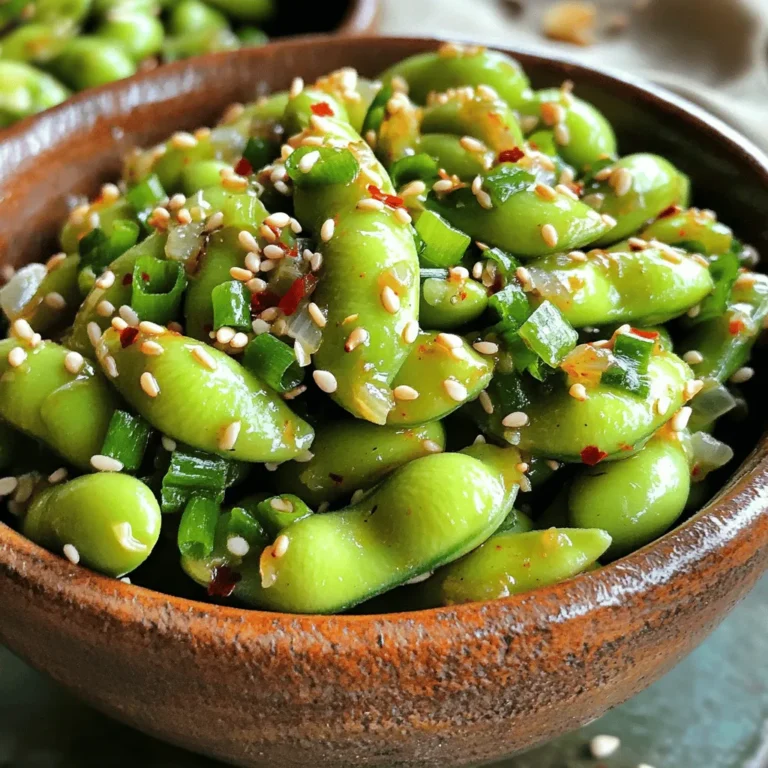 - 2 cups frozen edamame pods (in shells) - 3 tablespoons olive oil - 4 cloves garlic, minced - 1 teaspoon red pepper flakes (adjust to taste) - 2 tablespoons soy sauce - 1 tablespoon sesame oil - Salt, to taste - 1 tablespoon sesame seeds (for garnish) - 2 green onions, chopped (for garnish) Gather these simple ingredients to make your Spicy Garlic Edamame. The frozen edamame pods are easy to find and packed with protein. Olive oil adds a rich texture and flavor. Fresh garlic gives that lovely aroma. Red pepper flakes bring the heat. You can adjust them based on your spice level. Soy sauce adds a nice umami touch, while sesame oil gives a nutty flavor. Don't forget salt for seasoning! Finally, sesame seeds and chopped green onions make for a beautiful garnish. They add crunch and color. With these ingredients, you are ready to create a dish that bursts with flavor and is sure to impress! First, fill a large pot with water. Bring it to a boil. Once boiling, add 2 cups of frozen edamame pods. Cook them for 5 to 7 minutes. You want them tender but still bright green. After cooking, drain the edamame and set them aside. Next, heat 3 tablespoons of olive oil in a large skillet. Use medium heat for this step. Once the oil is hot, add 4 minced garlic cloves and 1 teaspoon of red pepper flakes. Sauté this mixture for 1 to 2 minutes. Stir often until the garlic smells amazing and turns lightly golden. Be careful not to let it burn. Now it’s time to combine everything. Add the drained edamame to the skillet. Pour in 2 tablespoons of soy sauce and 1 tablespoon of sesame oil. Toss the edamame well so it gets coated with the spicy garlic oil. Heat everything through for about 2 to 3 minutes. After combining, taste the edamame. Adjust the salt if needed. Finally, sprinkle sesame seeds and chopped green onions over the top. This makes it look and taste even better. Transfer the warm edamame to a serving bowl. You can enjoy it as a snack or appetizer. It’s a fun dish to share with friends or family. To get the best flavor from your spicy garlic edamame, focus on the garlic. Sauté it just until golden. If you cook it too long, it can taste bitter. Use fresh garlic for more taste. Adjusting spice levels is easy. Start with one teaspoon of red pepper flakes. You can add more if you like it hotter. Taste as you go to find your perfect heat. These edamame pods work great as a snack or appetizer. You can serve them with drinks like beer or sake. They also pair well with rice dishes or sushi. For a fun twist, try them with a creamy dip. A yogurt or sour cream dip can cool down the heat. Edamame is packed with protein, fiber, and vitamins. Just one cup has about 17 grams of protein. They are also low in calories and high in iron. Garlic offers many health benefits too. It can boost your immune system and lower blood pressure. Sesame oil adds healthy fats and antioxidants. This makes your snack not only tasty but also good for you! {{image_2}} You can change the flavor of your spicy garlic edamame to keep it fresh. Adding lime or lemon juice gives a bright twist. Just squeeze some juice over the warm edamame before serving. The citrus lifts the dish and balances the heat. You can also try different spices. For example, add smoked paprika for a smoky note. You could also use cumin for a warm, earthy flavor. Experiment with what you like best! If you need gluten-free options, use tamari instead of soy sauce. Tamari has a similar taste but is safe for those with gluten issues. This recipe is already vegan! The ingredients are all plant-based, so you can enjoy it without worry. You can turn your spicy garlic edamame into a salad. Toss it with mixed greens, cherry tomatoes, and a light dressing. This adds a colorful touch and makes a great side dish. You can also mix the edamame into rice or quinoa bowls. It adds protein and flavor to your meal. You can serve it warm or cold, and it will taste great either way! Store leftover spicy garlic edamame in an airtight container. Keep it in the fridge for up to three days. Make sure it cools down before sealing. This helps maintain its taste and texture. To freeze edamame, first let it cool completely. Then, place it in a freezer-safe bag. Remove as much air as possible before sealing. You can freeze edamame for up to three months. When you are ready to use it, simply thaw overnight in the fridge. Reheat edamame in several ways. You can warm it in the microwave for about one to two minutes. Stir halfway through for even heating. Another option is to reheat it in a skillet over medium heat. Add a splash of oil if needed. This method keeps the flavor fresh and delicious. You can pair Spicy Garlic Edamame with many dishes. Here are some ideas: - Sushi rolls - Asian noodle dishes - Grilled chicken or shrimp - Rice or quinoa bowls - A crisp salad These options enhance the meal and balance flavors. Enjoy your edamame as a tasty snack or appetizer too. Yes, you can use fresh edamame. Here are some pros and cons: Pros: - Fresh edamame has a vibrant taste. - It may provide a better texture. Cons: - Fresh edamame takes longer to cook. - It can be harder to find than frozen. Choose based on what you have available. Fresh can be great, but frozen works well too. The spice level in this recipe depends on your taste. You can adjust the heat easily. Start with the recommended red pepper flakes. If you want more heat, add more flakes. For less spice, use less or none at all. Taste as you go! Cooking edamame is quick. Here are the times: - Boil water: 5 minutes - Cook frozen edamame: 5-7 minutes until tender You can finish the whole dish in about 15 minutes. It’s fast and easy! This blog post covered a tasty recipe for Spicy Garlic Edamame. We discussed the key ingredients and simple steps to prepare this dish. You learned tips for flavoring and storing edamame, along with variations to suit your taste. Remember, you can adjust spice levels or pair it with different drinks and meals. This dish is not only satisfying but also healthy. Enjoy your cooking adventure with these easy steps and tips!