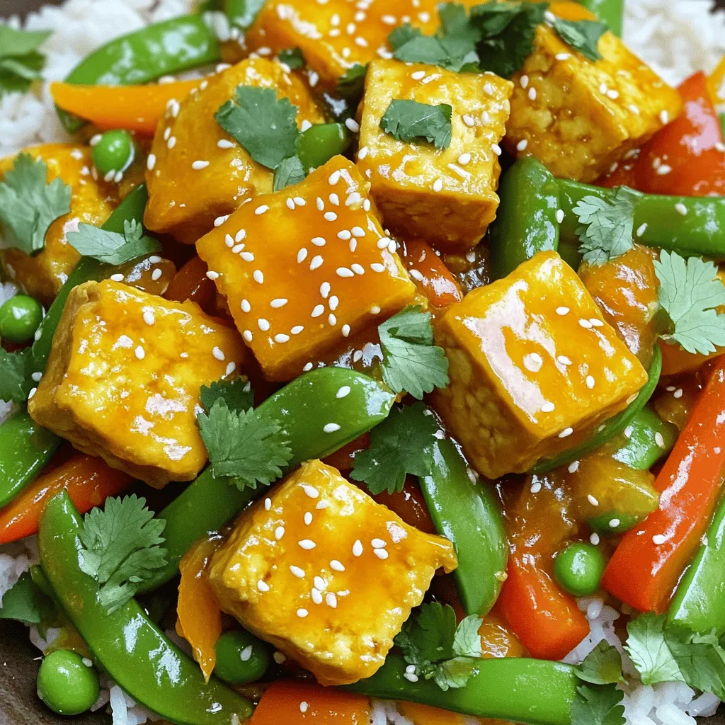To create a tasty orange tofu stir-fry, you need the following: - 1 block (14 oz) firm tofu, drained and pressed - 2 tablespoons cornstarch - 3 tablespoons vegetable oil - 1 bell pepper (red or yellow), sliced - 1 cup snap peas, trimmed - 1 carrot, julienned - 3 green onions, chopped - 2 cloves garlic, minced - 1 tablespoon fresh ginger, minced - 1/3 cup fresh orange juice (about 1-2 oranges) - 2 tablespoons soy sauce (low sodium) - 1 tablespoon honey (or maple syrup) - 1 teaspoon sesame oil Each of these ingredients plays a role. The tofu gives protein, while the veggies add crunch and color. You can enhance your dish with these garnishes: - Sesame seeds - Fresh cilantro These add flavor and a nice look to your meal. They make your dish feel special. For the best flavor, I suggest using: - Vegetable oil - Sesame oil Vegetable oil works for frying, while sesame oil gives a nice taste at the end. Each oil helps the dish shine. Start with firm tofu. Drain it well and press it to remove excess water. This step is key for getting a crispy texture. Cut the tofu into bite-sized cubes. Next, coat the tofu pieces evenly with cornstarch. This will help the tofu crisp up nicely when cooked. Heat 2 tablespoons of vegetable oil in a large skillet or wok over medium-high heat. Once the oil is hot, add the tofu cubes in a single layer. Cook for about 5-7 minutes, turning them occasionally. You want them golden brown on all sides. When done, remove the tofu from the skillet and set it aside. In the same skillet, add the last tablespoon of vegetable oil. Now, toss in the sliced bell pepper, snap peas, and julienned carrot. Stir-fry these veggies for about 3-4 minutes. Cook until they are bright and tender-crisp. This keeps them fresh and crunchy. In a small bowl, mix the fresh orange juice, soy sauce, honey or maple syrup, and sesame oil. Stir well to combine all the flavors. This sauce will add a sweet and tangy kick to your stir-fry. Return the cooked tofu to the skillet. Pour the orange sauce mixture over everything. Toss gently to coat all the ingredients well. Cook for another 2-3 minutes until everything is heated through. Finally, remove the skillet from the heat. Sprinkle sesame seeds and chopped green onions on top. Serve the stir-fry warm over rice or quinoa, and add fresh cilantro as a garnish. Enjoy your homemade meal! To get crispy tofu, start with firm tofu. Press it well to remove water. Then, cut it into bite-sized cubes. Coat these cubes in cornstarch. This coating helps form a nice crust. Use a hot skillet and enough oil. Cook the tofu in a single layer. Don’t crowd the pan; it will steam instead of crisp. Flip the cubes often for even browning. Cook until they turn golden and crunchy. Marinades boost the flavor of tofu. A simple mix of soy sauce, orange juice, and honey works great. Let the tofu soak for at least 30 minutes. If you have time, marinate overnight for deeper flavor. You can also add spices or herbs to your marinade. Experiment with garlic, ginger, or even chili flakes for heat. This extra step takes your dish to the next level. Feel free to swap out vegetables in this stir-fry. Use broccoli, zucchini, or even mushrooms. Each veggie adds a unique taste and texture. Frozen vegetables can work, too, if you’re short on time. Just remember to adjust cooking times. Cook harder vegetables first and add softer ones later. This way, everything stays crisp and fresh. {{image_2}} If you want to make this dish vegan, skip the honey. Instead, use maple syrup. It gives a nice sweetness and works well with orange juice. You can also add more veggies like broccoli or mushrooms for extra taste and color. Tempeh and seitan are great protein choices. Tempeh has a nutty taste. Cut it into cubes like the tofu. Cook it the same way. Seitan, made from wheat, has a chewy texture. Slice it thin and stir-fry until golden. Both will add more depth to your meal. For a gluten-free option, use gluten-free soy sauce. This keeps the dish flavorful without the gluten. Also, make sure to check your cornstarch. Most brands are gluten-free, but it's good to check. You can still enjoy this tasty stir-fry while avoiding gluten. After enjoying your orange tofu stir-fry, cool it down before storing. Place leftovers in an airtight container. The stir-fry stays fresh in the fridge for up to three days. Make sure to keep it sealed to prevent odors from other foods. You can freeze the stir-fry for later use. First, let it cool completely. Then, transfer it to a freezer-safe container. It can last for about two months in the freezer. When you are ready to eat, thaw it overnight in the fridge. Reheat it in a skillet over medium heat. Add a splash of water or broth to keep it moist. To keep your orange tofu stir-fry fresh, store the sauce separately if possible. This way, the tofu and veggies won’t get soggy. When you reheat, add fresh vegetables or herbs for an extra boost of flavor. Enjoy your tasty meal even days later! Yes, you can use other types of tofu! Soft or silken tofu works, but the texture changes. Firm tofu holds its shape well. Extra-firm tofu gives a better crunch. If you want a softer stir-fry, go with soft tofu. Just handle it gently. To add spice, try these tips: - Add red pepper flakes while cooking the veggies. - Mix in sliced jalapeño or serrano peppers. - Use spicy chili sauce in the orange sauce mix. - Drizzle sriracha on top before serving. These steps bring heat without overpowering the orange flavor. This stir-fry pairs well with many sides: - Serve it over cooked rice or quinoa for a filling meal. - Pair it with steamed broccoli or bok choy for extra greens. - Add fried rice for a fun twist. - Enjoy it with a simple salad for freshness. These options make your meal more balanced and tasty! This blog post covered how to make a tasty orange tofu stir-fry. We explored key ingredients, cooking steps, and variations. I shared tips to make tofu crispy and flavorful. You can add your favorite veggies for variety or try vegan proteins. Remember, this dish is easy to store and reheat. Use these ideas to create a meal that suits your taste. Enjoy the process and make it your own!