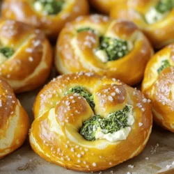 - 2 cups fresh baby spinach, chopped - 1 teaspoon garlic powder - 1 teaspoon onion powder - 1 cup ricotta cheese - 1 cup mozzarella cheese, shredded - 1/2 cup cream cheese, softened - 1 batch pretzel dough (store-bought or homemade) - 1/4 cup baking soda (for boiling) - Coarse sea salt, for sprinkling - 1 egg, beaten (for egg wash) - 1/2 teaspoon salt - 1/4 teaspoon black pepper When making cheesy spinach stuffed pretzel rolls, fresh ingredients are key. The spinach brings a bright taste, while the cheeses add richness. Garlic and onion powder give a nice kick. For the dough, you can choose store-bought or make your own. Either way, it should be soft and easy to work with. The baking soda is essential for that classic pretzel flavor and texture. The coarse sea salt is a must for sprinkling on top. It enhances the taste and adds crunch. The egg wash gives the rolls a nice golden color. Each ingredient plays a part in making these rolls a delicious treat! Start by preheating your oven to 425°F (220°C). This heat helps the rolls bake perfectly. While the oven heats, line a baking sheet with parchment paper. This ensures the rolls do not stick. In a large mixing bowl, add the following ingredients: - 2 cups fresh baby spinach, chopped - 1 cup ricotta cheese - 1 cup mozzarella cheese, shredded - 1/2 cup cream cheese, softened - 1 teaspoon garlic powder - 1 teaspoon onion powder - 1/2 teaspoon salt - 1/4 teaspoon black pepper Mix them well until they combine into a creamy filling. Set this aside for later. Next, it’s time for the pretzel dough. If you use store-bought dough, follow the package's instructions. If you want to make it from scratch, do so and let it rise as your recipe states. Divide the pretzel dough into equal pieces. Aim for about 10-12 pieces. Flatten each piece into a small disk. Place about 1 tablespoon of the spinach mixture in the center. Fold the sides over the filling and pinch to seal. You want each roll to be neat and tight. In a large pot, bring about 4 cups of water to a boil. Add 1/4 cup of baking soda to this water. Carefully drop in a few rolls at a time. Boil each roll for about 30 seconds on each side. This step gives the rolls their unique pretzel flavor. Then, use a slotted spoon to remove them and place them on the baking sheet. Brush the tops of the boiled rolls with a beaten egg. Sprinkle coarse sea salt on top for an extra crunch. Bake the rolls for 12-15 minutes or until they turn golden brown. Once done, let them cool for a few minutes. Enjoy the rolls warm for the best cheesy experience! To keep the cheesy goodness inside, sealing is key. After placing the filling, fold the dough over and pinch the edges tightly. Make sure no filling escapes. You can also twist the ends for extra security. This step helps prevent leaks during boiling and baking. Practice makes perfect, so don't worry if your first few rolls aren't perfect. Boiling the dough creates that classic pretzel texture. Use a large pot with enough water. Add 1/4 cup of baking soda to the boiling water. This gives the rolls color and flavor. Drop in a few rolls at a time. Boil each side for about 30 seconds. Use a slotted spoon to remove them. Let excess water drip off before placing them on the baking sheet. The right bake time is crucial for that golden-brown look. Bake your rolls in a preheated oven at 425°F for 12-15 minutes. Keep an eye on them to avoid burning. If they look too pale, give them another minute. The egg wash adds shine, so don’t skip it. A sprinkle of coarse sea salt on top boosts flavor and gives a nice crunch. Enjoy the sight of your delicious rolls! {{image_2}} You can switch up the cheese in these pretzel rolls. Try using feta for a tangy kick. Gouda melts beautifully and adds a smoky touch. You can also mix in cheddar for a sharp flavor. Just remember to keep the texture in mind. Blend cheeses to create a creamy filling that melts well. Experiment with different combinations for fun and tasty results. Adding more veggies can enhance your rolls. Consider mixing in chopped artichokes for a unique taste. Sun-dried tomatoes can add a burst of flavor. You can also include bell peppers for crunch. Just make sure to chop any added veggies finely. This will help them blend seamlessly into the cheesy filling. Feel free to get creative and use what you have on hand! To make these rolls gluten-free, use a gluten-free pretzel dough. Many brands offer good options at stores. For a vegan twist, replace dairy cheese with vegan cheese. You can also use silken tofu instead of cream cheese. Adjust the seasonings to enhance flavors. These swaps make the rolls friendly for different diets. Enjoy your cheesy spinach stuffed pretzel rolls in a way that suits you! To keep your leftover cheesy spinach stuffed pretzel rolls fresh, place them in an airtight container. Make sure to let the rolls cool completely before sealing. You can store them at room temperature for up to two days. If you want to keep them longer, consider refrigerating them. They can last in the fridge for about a week. Reheating these rolls is simple. Preheat your oven to 350°F (175°C). Place the rolls on a baking sheet and cover them loosely with foil. Heat for about 10-15 minutes, or until warm. This method keeps the rolls soft and helps revive the cheesy goodness inside. If you want a crispier texture, remove the foil during the last few minutes. If you want to freeze these rolls, follow these steps. First, let them cool completely. Then, wrap each roll in plastic wrap, followed by aluminum foil. This helps prevent freezer burn. You can freeze them for up to three months. When ready to enjoy, thaw them in the fridge overnight and reheat as described earlier. This way, you can savor the cheesy goodness anytime! Yes, you can! Store-bought pretzel dough saves time. Just follow the package instructions for the best results. It’s a great way to enjoy these rolls without the hassle of making dough from scratch. To add some heat, mix in red pepper flakes or diced jalapeños into the spinach filling. You can also use spicy cheese, like pepper jack. This gives each bite a nice kick that balances well with the creamy filling. These rolls taste great with various dips. Here are some ideas: - Cheese sauce: A classic choice. - Spicy mustard: Adds a nice zing. - Ranch dressing: Creamy and cool. - Marinara sauce: Perfect for a twist. Look for a golden-brown color on the outside. The rolls should feel firm and not doughy when you tap them. If you use a thermometer, they should hit about 200°F (93°C) inside. Yes, you can! Prepare the rolls and freeze them before baking. When you're ready to eat, bake them straight from the freezer, adding a few extra minutes to the baking time. This way, you’ll always have a warm treat ready to enjoy! You learned how to make cheesy spinach-stuffed pretzel rolls. We covered ingredients and step-by-step instructions. You saw tips for perfect rolls and tasty variations. Finally, I shared how to store and reheat your rolls. These treats are fun to make and taste great. Enjoy your homemade pretzel rolls with family and friends!