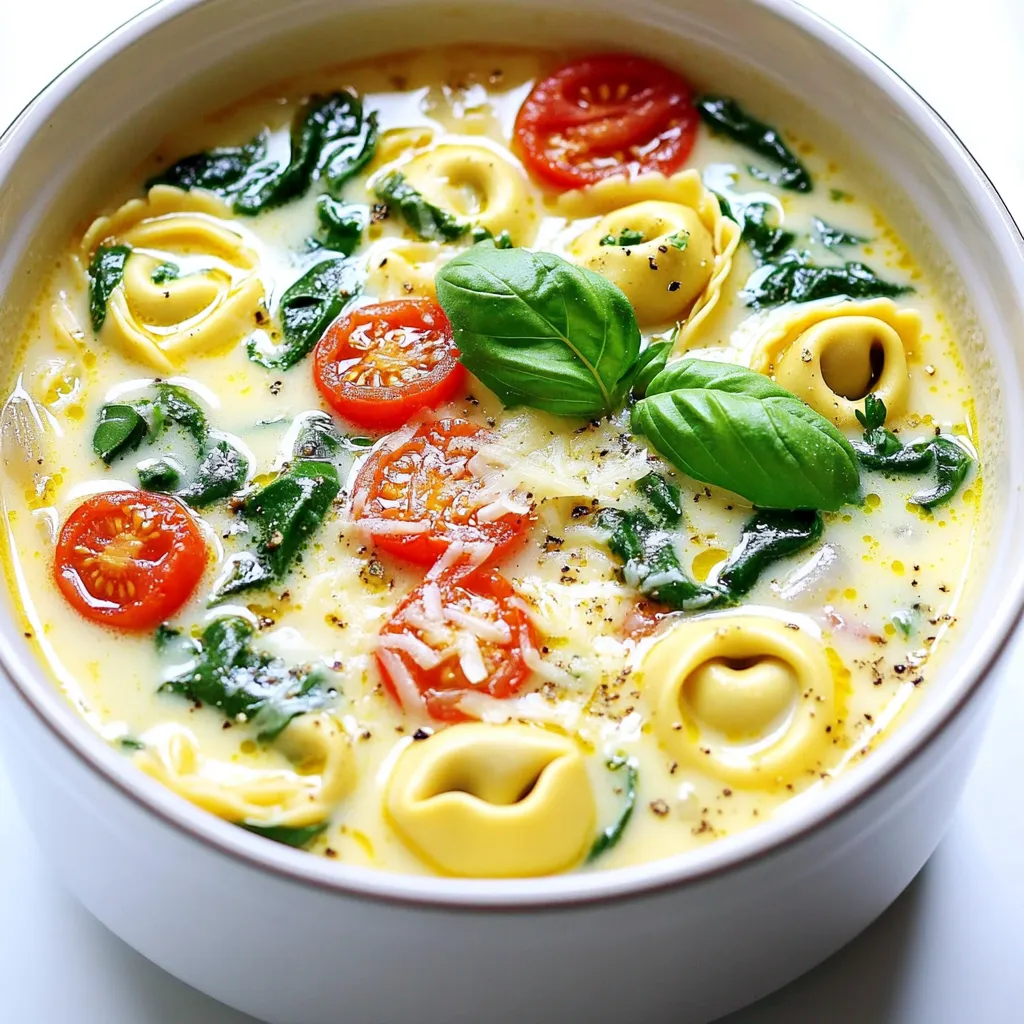 - 2 tablespoons olive oil - 4 cloves garlic, minced - 1 medium onion, diced - 3 cups vegetable broth - 2 cups whole milk - 8 ounces cheese tortellini (fresh or frozen) - 1 cup baby spinach, chopped - 1 cup cherry tomatoes, halved - 1 teaspoon dried basil - 1 teaspoon dried oregano - Salt and pepper to taste - Grated Parmesan cheese for serving - Fresh basil leaves for garnish - Red pepper flakes for heat - A squeeze of lemon juice for brightness - Bacon or pancetta for a smoky touch - Fresh herbs like thyme or parsley for extra freshness - Large pot or Dutch oven for even heat - Wooden spoon for stirring - Measuring cups and spoons for accuracy - Knife and cutting board for prep - Ladle for serving soup Each ingredient adds its own touch to this creamy garlic tortellini soup. The olive oil brings richness, while the garlic and onion create a fragrant base. The vegetable broth and whole milk combine for a creamy texture. Tortellini gives heartiness, and spinach adds color. The cherry tomatoes contribute a burst of flavor. Don't skip the Parmesan; it elevates the soup! Using these tools helps make your cooking smooth. A large pot prevents spills and allows for easy stirring. Measuring tools ensure you get just the right amount. A good knife makes prep fast and safe. Enjoy the process, and let your kitchen fill with delightful aromas! Start by gathering all your ingredients. You need: - 2 tablespoons olive oil - 4 cloves garlic, minced - 1 medium onion, diced - 3 cups vegetable broth - 2 cups whole milk - 8 ounces cheese tortellini (fresh or frozen) - 1 cup baby spinach, chopped - 1 cup cherry tomatoes, halved - 1 teaspoon dried basil - 1 teaspoon dried oregano - Salt and pepper to taste - Grated Parmesan cheese for serving - Fresh basil leaves for garnish Chop the onion and mince the garlic. This step builds flavor in your soup. Heat the olive oil in a large pot over medium heat. Add the minced garlic and diced onion. Sauté them for about 3-4 minutes. You want the onion to be soft and clear. Next, pour in the vegetable broth and whole milk. Stir well. Increase the heat and wait for the mix to boil gently. Once boiling, add the cheese tortellini. Lower the heat to a simmer. Cook the tortellini for 5-7 minutes. Stir often to keep them from sticking. When the tortellini is tender, stir in the chopped spinach, halved cherry tomatoes, dried basil, and oregano. Cook for another 2-3 minutes. The spinach should wilt, and the tomatoes will soften. Finally, season the soup with salt and pepper to taste. Always stir well when adding new ingredients. This helps blend the flavors. If you want a thicker soup, let it simmer a bit longer. The liquid will reduce, making it creamier. For extra flavor, add more garlic or herbs. Fresh herbs can also brighten the soup. Don’t forget to top with grated Parmesan and fresh basil before serving. This adds a nice finish to your dish. Enjoy your creamy garlic tortellini soup! To achieve that rich, creamy texture, use whole milk. It gives the soup a nice body. Adding the milk slowly helps it blend well. Stir often to avoid lumps. You can also add a splash of cream for extra richness. If you want it thicker, mix a bit of cornstarch with cold water. Stir this mix into the soup until it thickens. Start with a pinch of salt and pepper. Taste as you go. If you want more heat, add a pinch of red pepper flakes. You can also use fresh ground black pepper for a stronger kick. Remember, you can always add more, but you can't take it out. Balance is key, so find what feels right for you. Always pick fresh tortellini for the best flavor. Check local markets for fresh options. Frozen tortellini works too, just make sure it’s good quality. Look for low-sodium vegetable broth to control salt levels. Fresh baby spinach adds color and nutrition. Buy ripe cherry tomatoes for the sweetest taste. Finally, choose a good Parmesan cheese; it makes a big difference. {{image_2}} You can easily make this soup vegetarian or vegan. For a vegetarian version, just use vegetable broth and keep the whole milk. To make it vegan, swap the whole milk for almond milk or coconut milk. You may want to add a bit of nutritional yeast for a cheesy flavor. For the tortellini, look for a vegan option made from spinach or other veggies. This way, you get all the taste without any animal products. Want to add more protein? You have options! Cooked chicken is a great choice. Just shred it and stir it in at the end. For a spicy kick, try adding Italian sausage. Brown the sausage in the pot before adding the garlic and onions. You can also use diced turkey or even shrimp for a seafood twist. These additions make the soup heartier and more filling. Using seasonal ingredients can really boost flavor. In spring, add fresh peas or asparagus. These add color and crunch. In summer, use zucchini or bell peppers for a fresh taste. In fall, swap in butternut squash for a sweet touch. Winter calls for kale or collard greens, which are hearty and nutritious. Always adjust your herbs too. Fresh herbs add a burst of flavor that dried ones cannot match. Store any leftover soup in an airtight container. Make sure to let it cool first. This keeps the soup fresh for up to three days in the fridge. If you want to keep it longer, consider freezing it. To reheat, pour soup into a pot over low heat. Stir gently to warm it up evenly. You can also use the microwave. Heat in short bursts, stirring in between. This helps keep the creamy texture intact. You can freeze this soup for up to three months. Use a freezer-safe container or bag. Leave some space at the top for the soup to expand. When ready to eat, thaw it in the fridge overnight. Reheat as described above for the best taste. Yes, you can use frozen tortellini in this soup. Just add them straight into the pot. They will cook well in the broth. Frozen tortellini usually takes 1-2 more minutes to cook. Watch them closely to ensure they're tender. To make the soup dairy-free, swap whole milk for a plant-based milk. Options like almond, oat, or coconut milk work well. You can also use dairy-free cheese tortellini for a full dairy-free dish. Just check the labels to be sure. Great sides for this soup include a simple green salad or crusty bread. Garlic bread is a favorite, too. You can also serve it with a light antipasto platter. These sides balance the creamy soup and add more flavor. In this blog post, we explored the best ingredients for a delicious tortellini soup. We discussed essential tools, step-by-step cooking, and tips for achieving a creamy texture. You learned about fun variations and clever ways to store leftovers. Remember, great soup starts with fresh ingredients and a little creativity. Adjust the flavors to match your taste. Enjoy making this dish for yourself and friends. It’s easy, tasty, and perfect for any occasion. Don’t forget to try the variations and share your own tips!