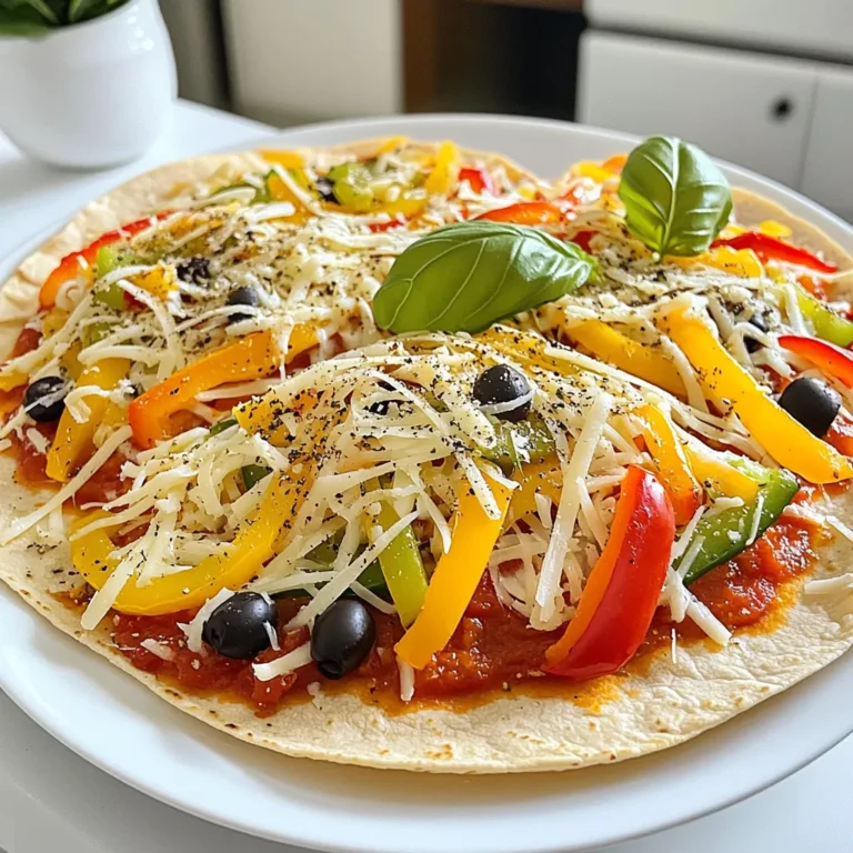 To make your Air Fryer Crispy Tortilla Pizza, gather these main items: - 2 large flour tortillas - 1 cup marinara sauce - 1 ½ cups shredded mozzarella cheese - ½ cup sliced bell peppers (red and green) - ½ cup sliced black olives - ½ teaspoon dried oregano - ½ teaspoon garlic powder - ½ teaspoon red pepper flakes (optional for heat) - Fresh basil leaves for garnish - Olive oil spray These ingredients create a tasty base for your pizza. The tortillas will give you that perfect crispy crust. You can customize your tortilla pizza with these fun toppings: - Fresh spinach - Sliced mushrooms - Cooked chicken or pepperoni - Pineapple chunks - Feta cheese Feel free to mix and match to suit your taste. Add these to make your pizza truly yours! To make this recipe easy, use these tools: - Air fryer - Tongs - Cooking spray bottle - Cutting board - Sharp knife - Mixing bowl Having the right tools makes cooking smooth. With these, you can whip up your pizza in no time! Start by gathering all your ingredients. You need: - 2 large flour tortillas - 1 cup marinara sauce - 1 ½ cups shredded mozzarella cheese - ½ cup sliced bell peppers (red and green) - ½ cup sliced black olives - ½ teaspoon dried oregano - ½ teaspoon garlic powder - ½ teaspoon red pepper flakes (optional for heat) - Fresh basil leaves for garnish - Olive oil spray Preheat your air fryer to 400°F (200°C). This step takes about 5 minutes. While it heats, spray one side of each tortilla with olive oil. This helps make them crispy. Now, place the tortillas in the air fryer basket with the oiled side down. Next, spread ½ cup of marinara sauce on each tortilla. Be sure to leave a small border around the edges. Sprinkle ¾ cup of shredded mozzarella cheese on each sauced tortilla. Then, add the sliced bell peppers and black olives on top. Finish by adding the remaining mozzarella cheese. Season your pizzas with dried oregano, garlic powder, and optional red pepper flakes. These spices add great flavor. Cook the pizzas in the air fryer for 6-8 minutes. Watch for the cheese to bubble and the edges to turn golden brown. Once done, carefully remove the pizzas using tongs. Slice the pizzas into wedges. Serve them on a colorful platter for a fun look. You can drizzle balsamic glaze over the top or sprinkle fresh herbs for extra flair. Enjoy your crispy tortilla pizza straight from the air fryer! To get that perfect crispy bite, keep a few things in mind. First, spray the tortillas with olive oil. This adds flavor and helps them crisp up. Use just enough oil to coat one side lightly. Next, don’t overload the toppings. Too many toppings can make the tortilla soggy. Aim for a nice balance. Set your air fryer to 400°F (200°C). Preheating for five minutes is key. This ensures your tortillas start cooking right away. Cook the pizzas for 6-8 minutes. Check them at the 6-minute mark. Look for bubbly cheese and golden edges. This means they are ready to enjoy. One common mistake is not preheating the air fryer. This can lead to uneven cooking. Also, avoid using too much sauce. Spreading just enough marinara keeps the tortilla crisp. Lastly, don’t forget to check the cooking time. Every air fryer is different, so adjust as needed. These tips will help you create a delicious and crispy tortilla pizza that everyone will love! {{image_2}} You can make this tortilla pizza a veggie delight. Use fresh veggies like spinach, mushrooms, or zucchini. You could also add artichoke hearts or sun-dried tomatoes for a twist. Try different cheese, like goat cheese or feta, for extra flavor. For a heartier meal, add proteins. Cooked chicken, turkey, or pepperoni works great. Chop the meat into small pieces before adding it. You can even use leftover rotisserie chicken for ease. Just sprinkle it on top of the cheese before cooking. If you need gluten-free options, use corn tortillas. They crisp up nicely in the air fryer. You can also find gluten-free flour tortillas at stores. Just check the labels to ensure they fit your needs. Enjoy all the toppings just like with regular tortillas! To store leftovers, let the tortilla pizza cool down first. Then, place it in an airtight container. You can keep it in the fridge for up to three days. If you want to avoid sogginess, try to separate the slices with parchment paper. To reheat your pizza, use the air fryer for the best results. Set it to 350°F (175°C) for about 3-5 minutes. This will keep the crust crispy and warm the cheese nicely. You can also use a microwave, but it might make the crust soft. If you want to freeze your pizza, wrap each slice in plastic wrap. Then, place them in a freezer bag. This way, they can stay fresh for up to a month. When ready to eat, reheat from frozen in the air fryer. This keeps the pizza tasty and crispy. Yes, you can use corn tortillas for this recipe. Corn tortillas add a different taste and texture. They tend to be a bit crunchier. Just ensure they are sturdy enough to hold toppings. If they are too thin, they might break. Check for a bubbly cheese and crispy edges. The cooking time is about 6-8 minutes. If the cheese is melted and golden, it is ready. Keep an eye on it to avoid burning. The best toppings include: - Pepperoni - Mushrooms - Spinach - Onions - Sausage Feel free to mix and match your favorites. You can also try different cheeses like cheddar or feta. Yes, you can use a conventional oven. Preheat it to 400°F (200°C). Place the tortilla pizzas on a baking sheet. Bake for about 10-12 minutes. Keep an eye on them to get the cheese nice and bubbly. In this blog post, we explored how to make a delicious tortilla pizza. We covered key ingredients and optional toppings. You learned valuable cooking steps and helpful tips for a crispy crust. We also discussed tasty variations and proper storage methods. Tortilla pizza is easy to customize and great for meals. Enjoy your cooking and let your creativity shine in the kitchen!